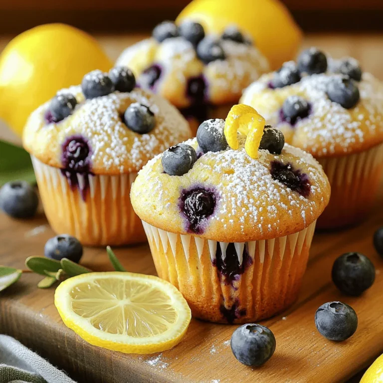 To make the best ever lemon blueberry muffins, gather these simple ingredients. Each one plays a key role in creating the perfect blend of flavors and textures. - 2 cups all-purpose flour - 1 cup granulated sugar - 1 tablespoon baking powder - ½ teaspoon baking soda - ½ teaspoon salt - ¾ cup buttermilk (or substitute with ¾ cup milk mixed with 1 tablespoon vinegar for a homemade buttermilk) - ½ cup unsalted butter, melted - 2 large eggs - Zest and juice of 1 lemon - 1 teaspoon vanilla extract - 1 ½ cups fresh blueberries (frozen blueberries work great if fresh are not available) - 2 tablespoons coarse sugar (optional topping) These ingredients create a moist muffin with a bright lemon flavor and sweet blueberries. The combination of buttermilk and butter makes the muffins tender and rich. The lemon zest adds a fresh aroma, while the blueberries give pops of sweetness in every bite. You can find the full recipe above to guide you through each step. 1. First, preheat your oven to 375°F (190°C). This ensures even baking. 2. Next, prepare your muffin tin. You can use paper liners or grease it lightly with non-stick spray. 3. In a large bowl, combine these dry ingredients: - 2 cups all-purpose flour - 1 cup granulated sugar - 1 tablespoon baking powder - ½ teaspoon baking soda - ½ teaspoon salt Whisk them together until blended. 4. In another medium bowl, mix your wet ingredients: - ¾ cup buttermilk - ½ cup melted unsalted butter - 2 large eggs - Zest of 1 lemon - 2 tablespoons fresh lemon juice - 1 teaspoon vanilla extract Stir until smooth. 5. Now, pour the wet mixture into the dry bowl. Use a spatula to gently mix them. Don’t overmix; it's okay if there are lumps. 6. Carefully fold in 1 ½ cups fresh blueberries. Be gentle to keep them intact. 7. Fill each muffin cup about two-thirds full. This gives space for the muffins to rise. 8. If you want, sprinkle 2 tablespoons of coarse sugar on top for a sweet crunch. 9. Place the muffin tin in the oven and bake for 18-22 minutes. Check doneness by inserting a toothpick. It should come out clean. After baking, let them cool for about 5 minutes in the pan. Then move them to a wire rack. For the full recipe, refer to the earlier section. Enjoy your homemade lemon blueberry muffins! To get the best muffin texture, do not overmix the batter. When you mix too much, muffins can become tough and dry. Stir the batter until the dry and wet ingredients are just combined. A few lumps are okay; they will smooth out during baking. When choosing blueberries, look for plump and firm berries. Fresh blueberries are best, but frozen ones work well too. If using frozen, do not thaw them before adding. This keeps the muffins from turning blue. You can add nuts or spices for extra flavor. Chopped walnuts or pecans add a nice crunch. A pinch of cinnamon or nutmeg can give a warm taste. This adds variety to your muffins. If you want a sweeter touch, try different sweeteners. Honey or maple syrup can replace some sugar. Just remember, these may change the muffin's texture. Serve your muffins warm for the best taste. A sprinkle of powdered sugar on top looks pretty. You can also add a slice of lemon for color and flavor. Pair these muffins with a glass of cold milk. A cup of herbal tea also makes a great match. Enjoying them this way makes every bite special. {{image_4}} You can change the fruit in these muffins to make them your own. Raspberries and strawberries are great options. They add a nice sweetness and tartness. Try using orange zest and juice instead of lemon for a fresh twist. Each season brings new fruits, so feel free to experiment! Making these muffins fit your diet is easy. To make them gluten-free, swap all-purpose flour with a gluten-free blend. Look for one that works well in baking. For a vegan version, use plant-based milk and replace eggs with flaxseed meal or applesauce. These swaps keep the muffins moist and tasty. The Full Recipe helps guide you through these changes! Storing your lemon blueberry muffins correctly keeps them fresh and tasty. For short-term storage, place them at room temperature. A sealed container or a plastic bag works well. Keep them away from heat and moisture. They will stay good for about 2 to 3 days this way. If you want longer shelf life, freezing is the best option. Wrap each muffin tightly in plastic wrap, then place them in a freezer bag. This helps prevent freezer burn. You can freeze them for up to three months. Just make sure to label the bag with the date. To enjoy your muffins warm, reheating is key. The best way is to use a microwave. Place a muffin on a microwave-safe plate and heat it for about 10 to 15 seconds. This method keeps the muffin soft and warm. For a crispier texture, use an oven. Preheat your oven to 350°F (175°C). Place the muffins on a baking sheet for about 5 to 10 minutes. This method revives their original texture. Always check to avoid overcooking. Enjoy your muffins as if they just came out of the oven! To make homemade buttermilk, combine ¾ cup of milk with 1 tablespoon of vinegar or lemon juice. Let it sit for about 5-10 minutes. This will create a thick, tangy mixture. You can use this in your muffins instead of store-bought buttermilk. It's a great way to save money and use what you have at home. Yes, you can use frozen blueberries! They are easy to find and often cheaper. Here are some tips: - Do not thaw the blueberries; add them directly to the batter. - Frozen blueberries may color the batter a bit more, which is normal. - They can add moisture and keep your muffins nice and juicy. If your muffins are dense, it might be due to overmixing. Here are some tips to fix this: - Mix the batter just until combined; some lumps are okay. - Make sure your baking powder is fresh. Old baking powder may not rise well. - You can add a bit more liquid if the batter seems too thick. You can tell muffins are done by looking for these signs: - The tops should be golden brown. - A toothpick inserted in the center should come out clean. - The edges will pull away slightly from the muffin tin. These tips will help you create the best lemon blueberry muffins ever. For the full recipe, check out the details above! You learned how to make delicious blueberry muffins. With the right ingredients, steps, and tips, you can bake fluffy, tasty muffins. Remember to not overmix the batter for the best texture. Check your muffins for doneness with a toothpick. Try different flavors and adaptations to keep it fresh. Store leftovers properly to enjoy later. Baking is fun, and these muffins are sure to impress! Now, it’s your turn to hit the kitchen and create something special. Enjoy every bite!