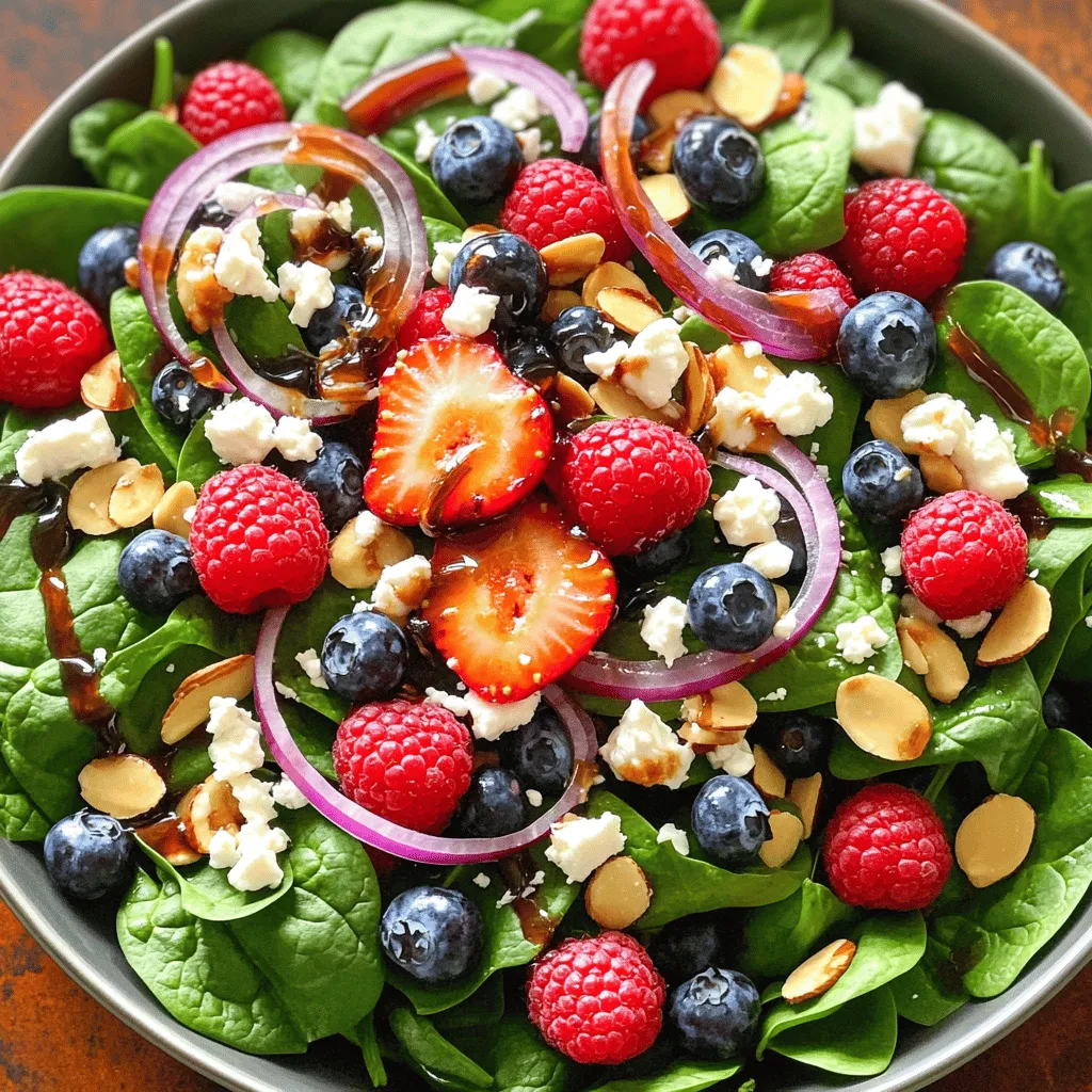 - 4 cups fresh spinach - 1 cup mixed berries - 1/2 cup feta cheese - 1/4 cup sliced almonds or walnuts - 1/4 red onion - 1 tablespoon honey - 2 tablespoons balsamic vinegar - 2 tablespoons extra virgin olive oil - Salt and pepper to taste The heart of a great Summer Berry Spinach Salad lies in its fresh ingredients. Start with 4 cups of fresh spinach. Choose vibrant, crisp leaves for the best flavor. Next, add 1 cup of mixed berries. I love using strawberries, blueberries, and raspberries together. They add sweetness and color. For creaminess, include 1/2 cup of feta cheese. Crumble it into small pieces for easy mixing. You can also try goat cheese if you prefer. Then, toss in 1/4 cup of sliced almonds or walnuts for crunch. Toasting them adds extra flavor. Finally, slice 1/4 of a red onion. Its sharpness balances the sweetness of the berries. Now, let’s move to the dressing. Combine 1 tablespoon of honey with 2 tablespoons of balsamic vinegar. This mix gives a sweet and tangy kick. Add 2 tablespoons of extra virgin olive oil for richness. Season with salt and pepper to taste. This dressing brings all the flavors together. For the full recipe, check the details above. Each ingredient plays a role in making this salad a fresh and tasty delight! - First, wash and dry the spinach. Make sure it's clean and free of dirt. - Next, add the spinach to a large mixing bowl. This is your fresh salad base. - Rinse the mixed berries under cool water. This helps keep them fresh and tasty. - Slice the strawberries if needed. Halve or quarter them to match other berries. - Gently add the berries to the bowl with the spinach. - Finely slice the red onion. Sprinkle it over the salad for a nice crunch. - In a small bowl, combine honey, balsamic vinegar, olive oil, salt, and pepper. - Whisk until the mixture is smooth. This dressing will bring the salad to life. - Carefully drizzle the dressing over the salad. Make sure every part gets a light coat. - Top with crumbled feta cheese and toasted sliced almonds or walnuts. This adds creaminess and crunch. - Gently toss the salad. Be careful not to mush the berries; you want them whole. For the full recipe, check out the vibrant Summer Berry Spinach Salad. Enjoy every bite! For this salad, I love using strawberries, blueberries, and raspberries. They add sweet flavors and vibrant colors. Choose berries that are firm and bright. Avoid any that feel squishy or have dark spots. In summer, you’ll find these berries at their best. They are fresh and full of flavor. If you can, buy them locally for the best taste. To make your salad stand out, serve it in a wide, shallow bowl. This lets the colors shine. Arrange the spinach first, then place the berries artistically on top. A sprinkle of feta cheese adds a touch of white. You can even drizzle a bit of extra dressing on top for a glossy finish. This makes the dish look fancy and appetizing. When mixing the salad, be gentle. You don’t want to squish the berries. Use your hands or two large spoons. Lift the spinach from the bottom and turn it over. This way, all the ingredients blend well. Toss just enough to coat everything with the dressing. It should look fresh and colorful, not mushy. Enjoy the beautiful mix of flavors! {{image_4}} You can change the nuts or cheese in this salad to suit your taste. If you want a creamier texture, try goat cheese instead of feta. For nuts, walnuts add a rich flavor, while pecans give a sweet crunch. You can also skip the nuts if you have a nut allergy. If you prefer different greens, kale or arugula work well. Kale adds a hearty bite, while arugula brings a peppery flavor. Both options will keep your salad fresh and exciting. While the balsamic dressing is tasty, many other dressings pair well. A lemon vinaigrette adds brightness. A poppy seed dressing can bring a sweet touch. You can also try a yogurt-based dressing for creaminess without the extra calories. You can make your dressing at home or buy it from the store. Homemade dressings let you control the flavor. Store-bought options save time and still taste great. Always check the labels for added sugars or preservatives. You can adapt this salad for fall or winter by changing the ingredients. In the fall, swap out berries for roasted apples or pears. Add some crumbled blue cheese for a bold taste. For winter, add sliced citrus fruits like oranges or grapefruits. They add a lovely color and refreshing taste during cold months. For a heartier salad, consider adding roasted butternut squash or cooked quinoa. This gives you a filling meal while keeping it seasonal and delicious. For the full recipe, click [Full Recipe]. To store leftovers, place the salad in an airtight container. This keeps it fresh and crisp. Avoid mixing the dressing in if you plan to eat it later. The dressing can make the salad soggy. Instead, store the dressing in a separate small jar. Use glass or BPA-free plastic containers. They help keep flavors intact and prevent leaks. If you have extra berries or nuts, store them in separate bags. This way, they stay fresh for longer. Serve the salad within two hours after making it. This keeps the greens bright and the berries juicy. If you need to hold it longer, store it in the fridge. Just remember to add the dressing right before serving. To keep ingredients fresh, cover the salad tightly. Use plastic wrap or a lid. You can also place a damp paper towel on top. This helps maintain moisture without making everything soggy. You cannot freeze the entire salad. Freezing will ruin the texture of the spinach and berries. However, you can freeze some components. For example, freeze extra berries for smoothies later. To freeze components separately, wash and dry the berries first. Spread them out on a baking sheet and freeze until solid. After that, transfer them to a freezer bag. This way, you can enjoy them later without losing flavor. You can easily add protein to your salad. Here are some great ideas: - Grilled chicken, sliced thin - Shrimp, cooked and peeled - Quinoa, cooked and cooled - Chickpeas, drained and rinsed - Hard-boiled eggs, sliced or quartered These additions make the salad heartier. They also give you extra nutrients. Adding protein turns a light dish into a full meal. Yes, you can prepare this salad ahead of time. Here are some tips for meal planning: - Wash and dry the spinach one day before serving. - Store it in a sealed bag with a paper towel to absorb moisture. - Prepare the berries and onion. Keep them separate in the fridge. - Make the dressing a day ahead and store it in a jar. Just mix everything together when you're ready to eat. This keeps the salad fresh and crunchy. This salad is packed with nutrition. Here are some key benefits: - Spinach is rich in vitamins A, C, and K. - Berries are full of antioxidants, which help fight free radicals. - Feta cheese adds calcium and protein. - Nuts provide healthy fats and fiber. Eating this salad supports good health. It boosts your energy and keeps you feeling full. Get creative with your toppings! Here are some fun ideas: - Croutons for added crunch - Avocado slices for creaminess - Sunflower seeds for a nutty flavor - Fresh herbs like basil or mint for a fresh twist - Dried fruits like cranberries or apricots for sweetness Feel free to mix and match. You can make each salad unique! This salad is best when fresh. Here’s how to store it: - Keep it in the fridge for up to two days. - Store the dressing separately to prevent sogginess. - Use an airtight container for the salad. If you want to keep it longer, avoid adding wet ingredients. This helps maintain freshness. This blog post covers how to make a delicious Summer Berry Spinach Salad. We explored the fresh ingredients, simple steps, and helpful tips for making it special. You learned how to pick the best berries, create an easy dressing, and suggest variations. Remember, this salad is not just tasty; it's also packed with nutrients. Whether you serve it fresh or store leftovers, it's a dish you can enjoy many ways. Try it out and make it your own!