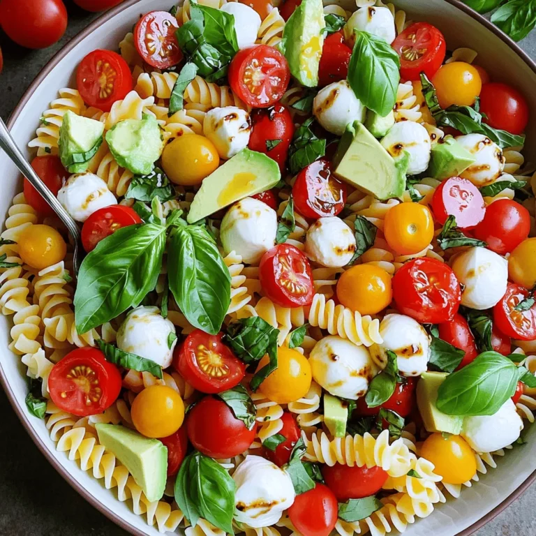 To make a delicious Easy Caprese Pasta Salad, you'll need the following ingredients: - 8 oz. rotini pasta or your favorite variety - 1 cup cherry tomatoes, halved - 1 cup fresh mozzarella balls (bocconcini), halved - 1 ripe avocado, diced - ¼ cup fresh basil leaves, finely chopped - 3 tablespoons extra-virgin olive oil - 2 tablespoons balsamic vinegar - Salt and freshly ground black pepper, to taste - Optional: 1 teaspoon garlic powder These ingredients create a fresh and colorful dish. The pasta forms a hearty base, while the cherry tomatoes add sweetness. The mozzarella brings creaminess, and the avocado adds a rich texture. Fresh basil ties everything together with its vibrant flavor. Using high-quality olive oil and balsamic vinegar enhances the salad’s taste. Adjust salt and pepper to suit your preference. If you want an extra kick, add garlic powder. It gives a nice depth to the dish. This recipe is simple yet flavorful, making it perfect for a quick lunch or a side at dinner. You can find the Full Recipe in the previous sections, where I guide you through each step. Enjoy crafting this delightful salad! 1. Start by bringing a large pot of salted water to a boil. 2. Add 8 oz. of rotini pasta. Cook it until it's al dente, about 8 to 10 minutes. 3. Once cooked, drain the pasta in a colander. Rinse it under cold water. This stops the cooking process. Set the pasta aside to cool. 1. In a large mixing bowl, combine the cooled pasta with fresh ingredients. 2. Add 1 cup of halved cherry tomatoes, 1 cup of halved mozzarella balls, and 1 diced avocado. 3. Toss in ¼ cup of finely chopped basil leaves. 4. Mix gently to ensure even distribution of all ingredients. 1. In a small bowl, whisk together 3 tablespoons of extra-virgin olive oil and 2 tablespoons of balsamic vinegar. 2. Season the dressing with salt and freshly ground black pepper to taste. 3. If you want a kick, add 1 teaspoon of garlic powder. 4. Whisk until the mixture is smooth and combined. 5. Pour this dressing over the pasta salad and gently toss everything together. 6. Taste the salad and adjust seasonings if needed. Add more salt, pepper, or balsamic vinegar as preferred. You can find the full recipe to ensure you're preparing this vibrant dish correctly. Enjoy every bite of your Easy Caprese Pasta Salad! To boost the taste of your Caprese pasta salad, you can add a few optional ingredients. Consider mixing in some sliced olives or roasted red peppers for a tangy twist. A sprinkle of crushed red pepper flakes can add a hint of heat. Adjust the seasonings based on your taste. Start with the basic salt and pepper but feel free to add more. You can always add more, but it’s hard to take it out! Serve your pasta salad in a large, colorful bowl. This adds to the visual appeal. Top it with extra basil leaves for a fresh look. Whole cherry tomatoes can also brighten up your salad. Arrange them artfully for a stunning presentation. Remember, we eat with our eyes first! For the best texture, make sure your pasta is al dente. This prevents it from being mushy. Rinse the pasta under cold water after cooking. This stops the cooking process and keeps the pasta firm. Avoid letting the salad sit too long before serving. This can cause it to become soggy. Enjoy your Easy Caprese Pasta Salad fresh for the best experience. For the complete recipe, check out the Full Recipe section! {{image_4}} You can make your Caprese pasta salad even better with some fun add-ins. Try adding extra veggies like bell peppers, cucumbers, or even roasted zucchini. These colorful ingredients boost flavor and nutrition. You might also consider proteins like grilled chicken, shrimp, or chickpeas. They can make the salad heartier. If you want to switch up the cheese, try using feta or goat cheese. These cheeses add a different creaminess and tang to the dish. You can also use vegan cheese if you prefer a dairy-free option. If you need a gluten-free option, look for gluten-free pasta. Many brands offer great choices that taste just as good. You won’t miss out on flavor or texture. For a vegan twist, swap the cheese for a nut-based substitute. You can also replace the dressing with a mix of olive oil, lemon juice, and a pinch of salt. This way, everyone can enjoy this delicious salad. Using seasonal ingredients can really make your Caprese pasta salad shine. In summer, add fresh corn or ripe peaches for a sweet touch. In fall, try roasted butternut squash or apples. You can also think about seasonal herbs. Fresh dill or cilantro can bring new flavors to the dish. Get creative by mixing different seasonal items to keep things fresh and exciting. To keep your Caprese pasta salad fresh, store it in an airtight container in the fridge. This prevents air from getting in and keeps the flavors bright. If you want to meal prep, make the salad a day in advance. Just wait to add the avocado until right before serving. This keeps it from turning brown. I find that this salad is best served cold. However, if you prefer it warm, gently heat it in a pan. Use low heat to keep the pasta from becoming mushy. Serve it cold on hot days for a refreshing dish. Your pasta salad stays good for about three days in the fridge. Check for any off smells or color changes. If it looks or smells strange, it’s time to toss it. Enjoying this dish fresh is always best! You can add proteins like grilled chicken, shrimp, or chickpeas. These options boost protein and flavor. You may also mix in grains. Quinoa or farro can add texture and nutrients. These ingredients complement the fresh flavors in your salad. They make it hearty and satisfying. Yes, you can enjoy leftovers the next day. Store the salad in an airtight container in the fridge. It stays fresh for about three days. When ready to eat, you can eat it cold or warm it up. Just remember to stir it well. If it seems dry, add a splash of olive oil or balsamic vinegar. This will help revive the flavors. If you need alternatives, try red wine vinegar or apple cider vinegar. These options bring a nice tang to the salad. You can also use lemon juice for a fresh twist. Each option changes the taste, so pick what you like best. This blog post covers how to make a delicious Caprese Pasta Salad. We explored the key ingredients, like pasta, cherry tomatoes, and avocado. You learned step-by-step instructions on cooking and assembling the salad. We shared tips on enhancing flavors and presentation. Plus, we covered variations, storage, and common questions. In short, this salad is flexible and easy. It’s perfect for any meal. Enjoy trying different flavors as you make it your own. Happy cooking!