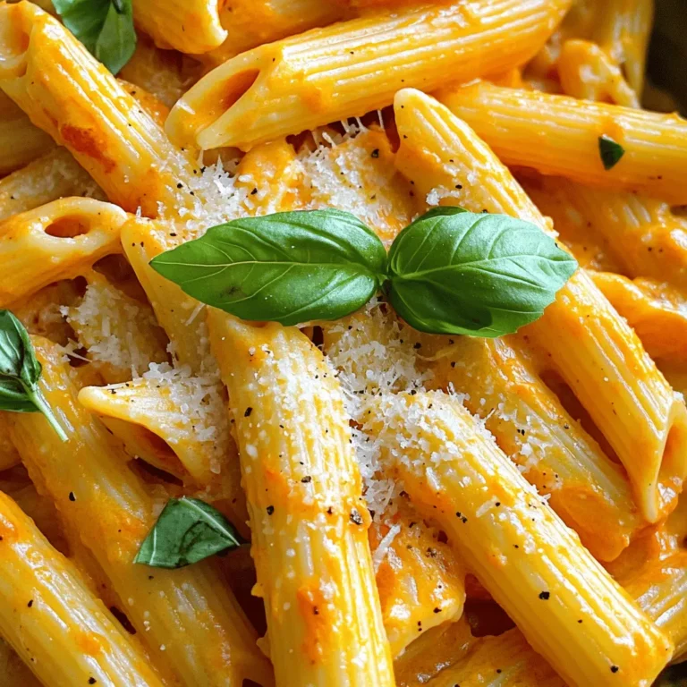 - 12 oz pasta (penne or fusilli of your choice) - 2 large red bell peppers - 1 cup heavy cream - 1/2 cup freshly grated Parmesan cheese - 2 cloves garlic, finely minced - 2 tablespoons olive oil - 1 teaspoon dried basil - 1/2 teaspoon red pepper flakes - Salt and freshly cracked black pepper to taste - Fresh basil leaves for garnish When making creamy roasted red pepper pasta, I use fresh ingredients for the best flavor. The star of the dish is the roasted red peppers. They bring a sweet and smoky taste. I like to roast them myself, but store-bought roasted peppers work, too. For the pasta, I recommend penne or fusilli. They hold the sauce well. The heavy cream adds a rich, smooth texture. Parmesan cheese enhances the creaminess and adds depth. Don't forget the garlic! It brings a nice aroma and flavor. Olive oil helps to roast the peppers and makes the sauce silky. The seasoning is simple but effective. Dried basil adds earthiness, while red pepper flakes give a little heat. Adjust the spice level to your liking. Finish with salt and pepper for taste. Lastly, fresh basil leaves make a great garnish. They add color and a burst of fresh flavor. Check out the Full Recipe for more details on how to put this all together! - Preheat your oven to 400°F (200°C). - Place the red bell peppers on a baking sheet. Drizzle them with olive oil. Use your hands to coat them well. - Roast the peppers in the oven for about 25-30 minutes. Turn them halfway for even cooking. Look for charred and blistered skins. - After roasting, take the peppers out and let them cool for a few minutes. When cool enough, peel off the charred skin. Remove the seeds and chop the flesh into small pieces. - Grab a blender and add the roasted red pepper pieces, heavy cream, minced garlic, dried basil, and red pepper flakes. - Blend these ingredients until you get a smooth and silky sauce. It should look rich and creamy. - While the sauce blends, fill a large pot with salted water and bring it to a boil. - Cook the pasta according to the package instructions until it is al dente. This means it should have a slight firmness when bitten. - Once done, drain the pasta but keep about 1 cup of the pasta water in a bowl. This will help with the sauce later. - In a large skillet over medium heat, pour in the creamy roasted red pepper sauce. Add the drained pasta and stir well to combine. - If the sauce is too thick, add a splash of the reserved pasta water until it reaches your desired creamy consistency. - Finally, stir in the freshly grated Parmesan cheese until it melts and blends into the dish. Taste the pasta and add salt and pepper as needed. - Serve the pasta hot, topped with fresh basil leaves and more Parmesan if you like. To make the sauce just right, you can adjust the thickness by adding pasta water. If it’s too thick, add a little water until it’s creamy. For a silky texture, blend the roasted peppers well. Make sure to pulse until it’s smooth. For this dish, penne or fusilli work best. They hold the sauce nicely. Cooking times may vary, so follow the package instructions. Usually, it takes about 8 to 12 minutes for al dente pasta. Keep an eye on it to avoid overcooking. You can customize the salt and spice levels to fit your taste. Start with a pinch of salt and add more if needed. If you don’t have red pepper flakes, try crushed black pepper or paprika for some heat. Adjust until you find the flavor you enjoy. For the full recipe, check out the instructions in the earlier section. {{image_4}} You can easily make this dish vegetarian. Adding fresh spinach or mushrooms works great. Spinach adds color and nutrients, while mushrooms add a nice earthy flavor. Simply sauté them in olive oil before mixing with the pasta. If you want a dairy-free version, skip the cheese. Use a nut-based cream or coconut cream instead. You still get a creamy texture without any dairy! Looking to add protein? Grilled chicken or shrimp pairs well with this pasta. Cook your protein separately and toss it in at the end. This adds a hearty touch to your meal. For a plant-based option, use chickpeas or lentils. They provide protein and fiber, making your dish filling and nutritious. Just mix them in with the pasta and sauce. To brighten the flavor, add a splash of lemon juice or zest. Citrus makes the dish lively and fresh. It balances the creaminess of the sauce. You can also experiment with herbs and spices. Fresh parsley or thyme adds a nice touch. Trying a pinch of smoked paprika can give a different flavor twist. Explore these options to make the recipe your own! For the full recipe, check the section above. To keep your pasta fresh, place it in an airtight container. Make sure it cools before sealing. This dish will stay good in the fridge for about 3 to 4 days. If you want to eat it later, store it right away. When it’s time to eat your leftovers, you want to keep that creamy goodness. Use a skillet on low heat for the best results. Stir often to prevent sticking. If you prefer the microwave, heat it in short bursts. Add a splash of cream or water to keep it creamy. Can you freeze creamy roasted red pepper pasta? Yes, you can! To freeze it, let it cool completely. Then, place it in a freezer-safe container. It can last up to 3 months. When you’re ready to eat, thaw it in the fridge overnight. Reheat it gently to bring back the creamy texture. For the full recipe, check out the guide above. Making creamy roasted red pepper pasta takes about 45 minutes in total. This includes 10 minutes for prep and 35 minutes for cooking. You can easily fit this dish into a busy evening. Yes, you can use jarred roasted red peppers. They save time and still taste great! Just drain them well and chop them into smaller pieces. Then, blend them with the cream and spices as you would with fresh peppers. Yes, you can make this recipe gluten-free. Simply choose gluten-free pasta made from rice or lentils. Cook it just like regular pasta, and you will have a delicious meal that everyone can enjoy. You can pair this pasta with a simple green salad or garlic bread. A crisp white wine like Sauvignon Blanc complements the dish well. You can also try a light red, such as Pinot Noir, for a nice match. For more ideas, check the Full Recipe for serving suggestions. In this blog post, we explored how to make creamy roasted red pepper pasta. We covered ingredients, step-by-step instructions, and helpful tips. You can customize the dish with your favorite veggies or proteins. Don't forget storage tips for leftovers. This recipe is flexible and fun to make. Enjoy your cooking adventure! Keep experimenting to find what works best for you.