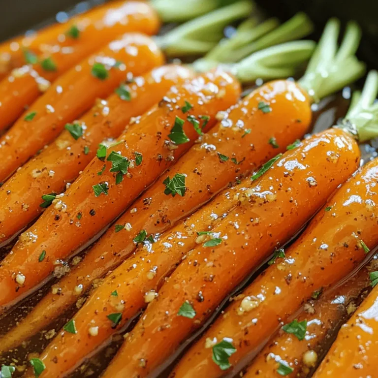 To make honey garlic glazed carrots, gather these items: - 1 lb baby carrots (or 4-5 regular carrots, peeled and cut into sticks) - 3 tablespoons honey - 2 tablespoons unsalted butter - 2 cloves garlic, minced - 1 tablespoon fresh ginger, finely grated - Salt and freshly ground black pepper to taste - 2 tablespoons fresh parsley, finely chopped (for garnish) You can change up the flavor with these ingredients: - 1 teaspoon red pepper flakes for heat - 1 tablespoon soy sauce for depth - 1 tablespoon lemon juice for brightness - Chopped nuts like walnuts or pecans for crunch When selecting carrots, look for these signs: - Choose bright orange carrots without dark spots. - Check for firmness; soft carrots may be old. - Look for greens if buying whole carrots; they should be fresh and vibrant. - Avoid carrots with cracks or wrinkles, as they may be dry. These tips help ensure you use the best carrots for your dish. Fresh carrots enhance the taste and texture of your honey garlic glazed carrots. For the full recipe, don't forget to check the complete instructions! 1. Start by washing your carrots well. If you use regular carrots, peel them. Then, cut them into sticks. Baby carrots need less prep. Just wash them. 2. Take a large skillet and add the unsalted butter. Heat it on medium. Watch closely until it starts to foam. 3. Next, add the minced garlic and grated ginger. Stir them for 1-2 minutes. You want them to smell great but not brown. 4. Now, pour in the honey. Mix it well with the garlic and ginger. This makes a tasty glaze. 5. Carefully add your carrots into the skillet. Use tongs or a spoon to toss them in the glaze. Make sure they get covered well. 6. Season with salt and black pepper to taste. Lower the heat and cover the skillet. Cook for 10-15 minutes. Stir them a bit to cook evenly. They should be tender but not mushy. 7. When the carrots are done, remove the lid. Turn the heat back to medium. Sauté them uncovered for 2-3 minutes. This helps the glaze become sticky. 8. Finally, take the skillet off the heat. Move the glazed carrots to a serving dish. Garnish with fresh parsley for a bright touch. - Prep: Use a sharp knife for even cuts. This helps with cooking time. - Sautéing: Keep the heat steady. This prevents burning the garlic. - Glaze: Watch for a shiny, thick look. That means it's ready to serve. - Don’t burn the garlic. It can turn bitter fast. - Avoid overcrowding the pan. This can lead to uneven cooking. - Don’t skip the garnish. Fresh parsley adds flavor and color. By following these steps, you can create delicious honey garlic glazed carrots that everyone will love! For the full recipe, check out the [Full Recipe]. To get the best glaze, start with fresh ingredients. Use high-quality honey for more flavor. Heat the butter slowly to avoid burning. Once the garlic and ginger smell great, add the honey. Stir it well to mix the flavors. Cook the carrots in the glaze until they are tender but not mushy. This gives you that nice sticky texture. Don't forget to sauté them uncovered at the end. This helps the glaze thicken and shine. Serve your honey garlic glazed carrots in a shallow bowl. This way, the glossy glaze stands out. Add an extra sprinkle of parsley on top for color. These carrots pair well with roasted chicken or grilled fish. You can also serve them alongside rice or quinoa for a nice meal balance. They make a great side dish for any dinner. Want to spice things up? Try adding fresh herbs like thyme or rosemary. A pinch of chili flakes can give a nice kick. You can also use lemon zest for a bright taste. If you like a deeper flavor, add a splash of soy sauce. Just remember, keep it balanced. You want the sweet honey to shine, too. For even more fun, try mixing in some nuts for crunch. {{image_4}} You can make honey garlic glaze work with many veggies. Try adding green beans, broccoli, or bell peppers. Cut them to the same size as the carrots. This helps them cook evenly. Each vegetable brings its own texture and flavor. You can mix and match to keep it fun! To make this dish vegan, swap butter for olive oil or coconut oil. This keeps the flavor rich while making it plant-based. Also, use maple syrup instead of honey. It gives a sweet touch that works great with garlic. Your dish will still taste amazing while being vegan-friendly. In fall, try using roasted squash or sweet potatoes. These add a lovely flavor. For a winter twist, consider using parsnips or turnips. If you want to avoid honey, you can use agave syrup or date syrup. Both are sweet and work well with garlic. Each season offers unique veggies to explore. After enjoying your honey garlic glazed carrots, let them cool down. Place leftovers in an airtight container. Make sure to store them in the fridge. They can last up to 3 days. If you notice any excess moisture, use a paper towel to absorb it. You can freeze honey garlic glazed carrots, but they may lose some texture. Place cooled carrots in a freezer-safe bag. Try to remove as much air as possible. They can stay good for about 2 months. When you’re ready to use them, thaw them in the fridge overnight. To reheat, you have a few options. You can use the microwave for quick warming. Heat in intervals, stirring in between to ensure even heating. If you prefer, reheat them on the stove. Add a splash of water or broth in a pan. This helps keep them moist. Heat on low until warmed through, stirring gently. For a crispy finish, sauté them in a pan for a few minutes. Enjoy your sweet and savory dish again! Yes, you can! While I love baby carrots, you can use regular carrots too. Just peel and cut them into sticks. This helps them cook evenly. If you want a fun twist, try rainbow carrots. They add color and taste to your dish. These glazed carrots pair well with many dishes. Try them with roasted chicken or grilled fish. They also go great with rice or quinoa. For a hearty meal, serve them with beef or pork. You can even add them to a veggie bowl for a healthy lunch. To thicken the glaze, cook it longer. Let it simmer until it reduces and gets sticky. If you want a thinner glaze, add a bit of water or broth. Stir well to combine. Adjust it to your taste and enjoy! For the full recipe, check out the detailed steps above. Honey garlic glazed carrots are a simple side dish. They bring sweet and savory flavors to your meal. The honey adds a nice touch of sweetness. Garlic and ginger give it a warm, spicy zing. This dish is perfect for any dinner, big or small. - Prep Time: 10 min - Cook Time: 15 min - Total Time: 25 min - Servings: 4 This recipe is quick and easy. You can have it ready in just 25 minutes. Each serving of honey garlic glazed carrots is about: - Calories: 150 - Fat: 7g - Carbohydrates: 23g - Fiber: 3g - Sugar: 12g - Protein: 1g These carrots are good for you and taste great. They are a fun way to add veggies to any meal. For the full recipe, you can check out the details above. This blog post covered all you need for honey garlic glazed carrots. We talked about key ingredients, cooking steps, and variations. You learned how to avoid common mistakes and store leftovers. Remember, fresh carrots boost flavor, and adding spices can elevate your dish. Try different vegetables or keep it vegan for new tastes. With these tips, you can serve a delicious side meal every time. Happy cooking!