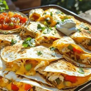 To make cheesy sheet pan chicken quesadillas, gather these ingredients: - 2 cups cooked chicken, shredded - 1 cup shredded cheddar cheese - 1 cup shredded Monterey Jack cheese - 1 cup bell peppers, diced (mix of red, yellow, and green for color) - 1 small red onion, finely diced - 1 can (10 oz) diced tomatoes with green chilies, well-drained - 1 teaspoon ground cumin - 1 teaspoon garlic powder - 1 teaspoon onion powder - 1/2 teaspoon paprika - 1/4 teaspoon cayenne pepper (optional, for an extra kick) - 8 large flour tortillas - 2 tablespoons olive oil - Salt and freshly ground black pepper to taste - 1/4 cup fresh cilantro, chopped (for garnish) - Sour cream and salsa (for serving) If you want a healthier option, you can use whole wheat tortillas. For a vegetarian twist, swap chicken with black beans or mushrooms. Use dairy-free cheese if you are lactose intolerant. Always check labels for allergens to stay safe. Using fresh ingredients makes a big difference. Fresh chicken gives better flavor and texture. High-quality cheese melts smoothly and adds richness. Fresh veggies not only look good but also taste better. The right spices can elevate the entire dish. Always choose the best ingredients you can find for a delicious meal. Preheat your oven to 400°F (200°C). This heat cooks the quesadillas evenly. Line a large baking sheet with parchment paper. The parchment paper helps keep the quesadillas from sticking. It also makes cleanup easy. In a large mixing bowl, combine 2 cups of shredded chicken, 1 cup of cheddar cheese, and 1 cup of Monterey Jack cheese. Add in 1 cup of diced bell peppers and 1 small finely diced red onion. Pour in 1 can of diced tomatoes with green chilies, well-drained. This mix adds great flavor. Sprinkle in 1 teaspoon each of ground cumin, garlic powder, and onion powder. Add 1/2 teaspoon of paprika and 1/4 teaspoon of cayenne pepper for heat, if you like. Season with salt and freshly ground black pepper. Mix until everything is well combined. Lay four tortillas flat on the prepared baking sheet. Overlap them slightly if needed. Spread the chicken and cheese mixture evenly over the tortillas. Leave a small border to avoid spillage during baking. Place the remaining four tortillas on top of the filling. Press down lightly to help them stick together. Brush the tops of the tortillas with 2 tablespoons of olive oil. This gives them a golden brown finish. Bake the quesadillas in the preheated oven for 15 to 20 minutes. They are ready when the tortillas are crispy and the cheese is melted and bubbling. Once baked, let the quesadillas cool for a few minutes. Slice them into squares or wedges using a sharp knife or a pizza cutter. Serve them on a large platter. Garnish with 1/4 cup of freshly chopped cilantro. Pair with sour cream and salsa for dipping. These details make your dish look and taste great. For the full recipe, check out the section above. - Use pre-cooked chicken to save time. You can find it in stores or use leftovers. - Ready-made ingredients like shredded cheese and diced vegetables cut prep time. - Consider meal prep by making the filling ahead of time. Store it in the fridge for up to three days. - You can also freeze the filling for up to three months. Just thaw it before use. - Add spice with chili powder or jalapeños. This gives a nice kick. - Try different herbs, like oregano or cilantro, for fresh flavor. - Top with avocado or fresh salsa for added taste and color. - For vegetarians, use black beans or mushrooms instead of chicken. They pack great flavor. - Mix cheeses for a unique twist. Try pepper jack for heat or goat cheese for creaminess. - If you prefer, use a skillet or grill. Cook each quesadilla until golden brown. - For mini quesadillas, cut tortillas in half and fill them with the same mixture. Cook them on a skillet for bite-sized treats. {{image_4}} To keep your cheesy sheet pan chicken quesadillas fresh, store them properly. First, let the quesadillas cool down to room temperature. Then, wrap them tightly in plastic wrap or place them in airtight containers. You can store them in the fridge for up to three days. If you want to keep them longer, freezing is a great option. Wrap each quesadilla in foil before placing them in a freezer bag. This helps protect them from freezer burn. When it's time to enjoy your leftovers, you can reheat them in various ways. The oven is the best choice to maintain that crispy texture. Preheat your oven to 350°F (175°C) and bake the quesadillas for about 10 minutes. You can also use a skillet over medium heat, flipping them halfway through. For a quick option, use the microwave, but keep in mind the tortillas may become soft. Leftover cheesy sheet pan chicken quesadillas last for up to three days in the fridge. In the freezer, they can stay good for up to two months. To know if they have spoiled, look for a few signs. Check for any strange smells or changes in color. If the tortillas feel slimy or dry, it's best to throw them away. Always trust your senses; they can help you avoid food waste and keep your meals safe. To make these quesadillas gluten-free, use gluten-free tortillas. Look for brands made from corn or brown rice. These options offer a great taste and texture. You can also use large lettuce leaves as a wrap for a low-carb choice. Yes, you can prepare the filling up to two days in advance. Store it in an airtight container in the fridge. When ready, just assemble the quesadillas. This saves time and makes dinner easy. I love serving these quesadillas with sides like: - Guacamole - Black bean salad - Mexican rice - Fresh corn salsa These sides add flavor and make a complete meal. Absolutely! You can swap chicken with: - Ground beef - Shredded pork - Tofu for a vegetarian option Just cook the protein fully before mixing it with the other filling ingredients. This keeps the flavor and texture just right. Check out the Full Recipe for more details! In this post, we covered the ingredients, preparation, and baking of cheesy sheet pan chicken quesadillas. I shared tips for enhancing flavors and making quick meals. You learned storage tips for leftovers and answers to common FAQs. Remember, quality ingredients and proper techniques make a big difference. Enjoy experimenting with flavors and variations. Your quesadillas can be just as fun as they are tasty!