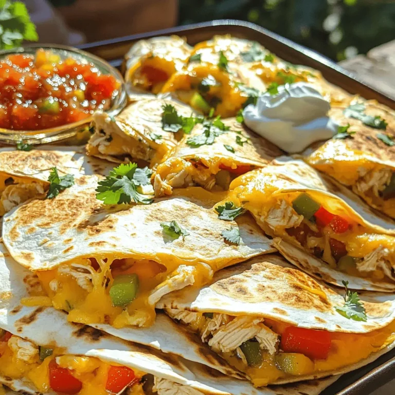 To make cheesy sheet pan chicken quesadillas, gather these ingredients: - 2 cups cooked chicken, shredded - 1 cup shredded cheddar cheese - 1 cup shredded Monterey Jack cheese - 1 cup bell peppers, diced (mix of red, yellow, and green for color) - 1 small red onion, finely diced - 1 can (10 oz) diced tomatoes with green chilies, well-drained - 1 teaspoon ground cumin - 1 teaspoon garlic powder - 1 teaspoon onion powder - 1/2 teaspoon paprika - 1/4 teaspoon cayenne pepper (optional, for an extra kick) - 8 large flour tortillas - 2 tablespoons olive oil - Salt and freshly ground black pepper to taste - 1/4 cup fresh cilantro, chopped (for garnish) - Sour cream and salsa (for serving) If you want a healthier option, you can use whole wheat tortillas. For a vegetarian twist, swap chicken with black beans or mushrooms. Use dairy-free cheese if you are lactose intolerant. Always check labels for allergens to stay safe. Using fresh ingredients makes a big difference. Fresh chicken gives better flavor and texture. High-quality cheese melts smoothly and adds richness. Fresh veggies not only look good but also taste better. The right spices can elevate the entire dish. Always choose the best ingredients you can find for a delicious meal. Preheat your oven to 400°F (200°C). This heat cooks the quesadillas evenly. Line a large baking sheet with parchment paper. The parchment paper helps keep the quesadillas from sticking. It also makes cleanup easy. In a large mixing bowl, combine 2 cups of shredded chicken, 1 cup of cheddar cheese, and 1 cup of Monterey Jack cheese. Add in 1 cup of diced bell peppers and 1 small finely diced red onion. Pour in 1 can of diced tomatoes with green chilies, well-drained. This mix adds great flavor. Sprinkle in 1 teaspoon each of ground cumin, garlic powder, and onion powder. Add 1/2 teaspoon of paprika and 1/4 teaspoon of cayenne pepper for heat, if you like. Season with salt and freshly ground black pepper. Mix until everything is well combined. Lay four tortillas flat on the prepared baking sheet. Overlap them slightly if needed. Spread the chicken and cheese mixture evenly over the tortillas. Leave a small border to avoid spillage during baking. Place the remaining four tortillas on top of the filling. Press down lightly to help them stick together. Brush the tops of the tortillas with 2 tablespoons of olive oil. This gives them a golden brown finish. Bake the quesadillas in the preheated oven for 15 to 20 minutes. They are ready when the tortillas are crispy and the cheese is melted and bubbling. Once baked, let the quesadillas cool for a few minutes. Slice them into squares or wedges using a sharp knife or a pizza cutter. Serve them on a large platter. Garnish with 1/4 cup of freshly chopped cilantro. Pair with sour cream and salsa for dipping. These details make your dish look and taste great. For the full recipe, check out the section above. - Use pre-cooked chicken to save time. You can find it in stores or use leftovers. - Ready-made ingredients like shredded cheese and diced vegetables cut prep time. - Consider meal prep by making the filling ahead of time. Store it in the fridge for up to three days. - You can also freeze the filling for up to three months. Just thaw it before use. - Add spice with chili powder or jalapeños. This gives a nice kick. - Try different herbs, like oregano or cilantro, for fresh flavor. - Top with avocado or fresh salsa for added taste and color. - For vegetarians, use black beans or mushrooms instead of chicken. They pack great flavor. - Mix cheeses for a unique twist. Try pepper jack for heat or goat cheese for creaminess. - If you prefer, use a skillet or grill. Cook each quesadilla until golden brown. - For mini quesadillas, cut tortillas in half and fill them with the same mixture. Cook them on a skillet for bite-sized treats. {{image_4}} To keep your cheesy sheet pan chicken quesadillas fresh, store them properly. First, let the quesadillas cool down to room temperature. Then, wrap them tightly in plastic wrap or place them in airtight containers. You can store them in the fridge for up to three days. If you want to keep them longer, freezing is a great option. Wrap each quesadilla in foil before placing them in a freezer bag. This helps protect them from freezer burn. When it's time to enjoy your leftovers, you can reheat them in various ways. The oven is the best choice to maintain that crispy texture. Preheat your oven to 350°F (175°C) and bake the quesadillas for about 10 minutes. You can also use a skillet over medium heat, flipping them halfway through. For a quick option, use the microwave, but keep in mind the tortillas may become soft. Leftover cheesy sheet pan chicken quesadillas last for up to three days in the fridge. In the freezer, they can stay good for up to two months. To know if they have spoiled, look for a few signs. Check for any strange smells or changes in color. If the tortillas feel slimy or dry, it's best to throw them away. Always trust your senses; they can help you avoid food waste and keep your meals safe. To make these quesadillas gluten-free, use gluten-free tortillas. Look for brands made from corn or brown rice. These options offer a great taste and texture. You can also use large lettuce leaves as a wrap for a low-carb choice. Yes, you can prepare the filling up to two days in advance. Store it in an airtight container in the fridge. When ready, just assemble the quesadillas. This saves time and makes dinner easy. I love serving these quesadillas with sides like: - Guacamole - Black bean salad - Mexican rice - Fresh corn salsa These sides add flavor and make a complete meal. Absolutely! You can swap chicken with: - Ground beef - Shredded pork - Tofu for a vegetarian option Just cook the protein fully before mixing it with the other filling ingredients. This keeps the flavor and texture just right. Check out the Full Recipe for more details! In this post, we covered the ingredients, preparation, and baking of cheesy sheet pan chicken quesadillas. I shared tips for enhancing flavors and making quick meals. You learned storage tips for leftovers and answers to common FAQs. Remember, quality ingredients and proper techniques make a big difference. Enjoy experimenting with flavors and variations. Your quesadillas can be just as fun as they are tasty!