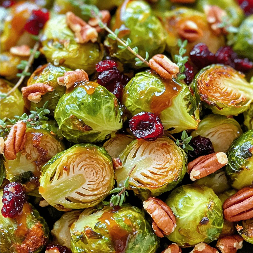 To make this tasty dish, gather these simple ingredients: - 1 pound Brussels sprouts, trimmed and halved - 3 tablespoons extra virgin olive oil - 1/4 cup pure maple syrup - 2 tablespoons balsamic vinegar - 1 teaspoon Dijon mustard - 1/2 teaspoon fine sea salt - 1/4 teaspoon freshly ground black pepper - 1/4 cup pecans, roughly chopped for added crunch - 1/4 cup dried cranberries for a touch of sweetness - Fresh thyme leaves for an aromatic garnish (optional) You can easily adjust ingredient amounts based on what you need. Here are some quick conversions: - If you want to make more, use 2 pounds of sprouts and double the glaze. - For less, cut the amounts in half. This still keeps the taste great. - In a pinch, you can swap the pecans for walnuts or almonds. This dish not only tastes good but is also good for you. Here’s a quick look at what’s inside: - Calories: About 200 per serving - Fat: 12 grams (mostly healthy fats from olive oil and nuts) - Carbohydrates: 24 grams (includes natural sugars from maple syrup) - Fiber: 5 grams (great for digestion from Brussels sprouts) - Protein: 3 grams (from nuts and sprouts) This breakdown helps you see the benefits of each ingredient. Enjoy making this dish with fresh, seasonal produce for the best flavor and health benefits. For the complete recipe, check out the Full Recipe. Start by preheating your oven to 400°F (200°C). This step is key for getting perfect crispness. While the oven warms up, clear your kitchen counter. Gather all your tools and ingredients. Having everything ready makes cooking much easier. Take 1 pound of Brussels sprouts. Trim off the ends and cut them in half. Place the halved sprouts in a large mixing bowl. Add 3 tablespoons of extra virgin olive oil and 1/2 teaspoon of fine sea salt. Sprinkle in 1/4 teaspoon of freshly ground black pepper. Toss the sprouts until they are well coated. This ensures each sprout gets flavor. Spread the seasoned Brussels sprouts on a baking sheet. Make sure the cut sides face down. This helps them brown nicely. Place the baking sheet in your preheated oven. Roast for 20-25 minutes. They should be crispy and golden. While they roast, make the maple glaze. In a small saucepan, mix 1/4 cup of pure maple syrup, 2 tablespoons of balsamic vinegar, and 1 teaspoon of Dijon mustard. Heat over medium heat but do not let it boil. Once the sprouts are ready, drizzle the glaze over them. Toss gently to coat. Return the glazed sprouts to the oven for 5 more minutes. This step caramelizes the glaze, making it rich and tasty. After that, take them out and add 1/4 cup of roughly chopped pecans and 1/4 cup of dried cranberries. These add crunch and sweetness. If you want, garnish with fresh thyme leaves for even more flavor. For the full details, check the Full Recipe. When you pick Brussels sprouts, look for bright green ones. They should feel firm and heavy in your hand. Avoid any that have yellow leaves or feel soft. The size matters too; smaller sprouts are sweeter and more tender. If you can, buy them on the stalk. They stay fresh longer that way. Caramelization makes Brussels sprouts sweet and tasty. To get it right, roast them cut-side down. This lets them get nice and brown. Make sure they have space on the baking sheet. If they are too close together, they will steam instead of roast. Use high heat, about 400°F, for best results. Check them halfway through and give them a stir for even cooking. One big mistake is overcooking the sprouts. They should be tender but still have a bit of crunch. Avoid using too much glaze; it can make them soggy. Always glaze right after roasting, then caramelize them for just a few minutes. This step adds flavor without losing the sprout's crispness. Lastly, don’t skip the nuts and cranberries; they add great texture and taste. For the full recipe, check the [Full Recipe]. {{image_4}} You can change the taste of maple glazed Brussels sprouts by adding different nuts or seeds. Try walnuts for a rich flavor or sunflower seeds for a crunch. Almonds also work well; they add a nice texture and nutty taste. Each option gives a new twist to your dish. Just sprinkle them on top after roasting for the best crunch and flavor. If you need to adjust for dietary needs, it’s easy. Use agave syrup instead of maple syrup for a vegan option. For a nut-free dish, skip the pecans and use pumpkin seeds. You can also swap balsamic vinegar with apple cider vinegar for a light zing. These swaps keep the dish tasty while meeting your needs. Brussels sprouts shine in fall and winter, but you can adapt them year-round. In spring, add fresh herbs like basil or parsley for brightness. In summer, pair with grilled corn for a sweet twist. You can also mix in seasonal veggies like carrots or sweet potatoes for color and taste. This way, your dish stays fresh and exciting no matter the season. For the full recipe, check out the Maple Glazed Brussels Sprouts Delight. After enjoying your maple glazed Brussels sprouts, store leftovers right. Place them in an airtight container. They will stay fresh for about three days in the fridge. Keep them away from strong-smelling foods. This helps maintain their flavor. When you reheat, aim to keep the sprouts crispy. Use your oven for the best results. Preheat it to 350°F (175°C). Spread the sprouts on a baking sheet. Heat them for about 10-15 minutes. This method helps keep them crunchy and flavorful. You can also microwave them for quick reheating, but they may not stay as crispy. If you want to enjoy these sprouts later, freezing works too. First, let them cool completely. Spread them on a baking sheet in a single layer. Freeze until solid, then transfer to a zip-top bag. They can last up to three months in the freezer. When ready to eat, thaw them overnight in the fridge. Reheat using the oven for the best taste. Enjoy your tasty treat again! Yes, you can prepare these Brussels sprouts ahead of time. After roasting them, let them cool. Store them in an airtight container in the fridge. They stay fresh for up to three days. When you're ready to serve, just reheat them in the oven. This keeps them crispy and tasty. These Brussels sprouts pair well with many dishes. Serve them alongside roasted chicken or grilled salmon for a complete meal. They also shine as a side dish for holiday dinners. You can even enjoy them with a grain salad or pasta for a light lunch. The sweet glaze adds a nice touch to any plate. You can easily change the sweetness of the glaze. If you want it sweeter, add more maple syrup. Start with an extra tablespoon and taste as you go. For a less sweet glaze, reduce the maple syrup. You can add more balsamic vinegar to balance the flavor. Adjust it to match your taste! We explored how to make Maple Glazed Brussels Sprouts from start to finish. You learned about ingredients, cooking steps, and storage tips. I shared helpful tricks to avoid mistakes and ensure a tasty outcome. You can now customize your dish with variations and serve it with confidence. Remember, fresh ingredients and careful roasting lead to the best flavors. Enjoy making this dish and impress your family and friends. With practice, your skills will grow. Happy cooking!