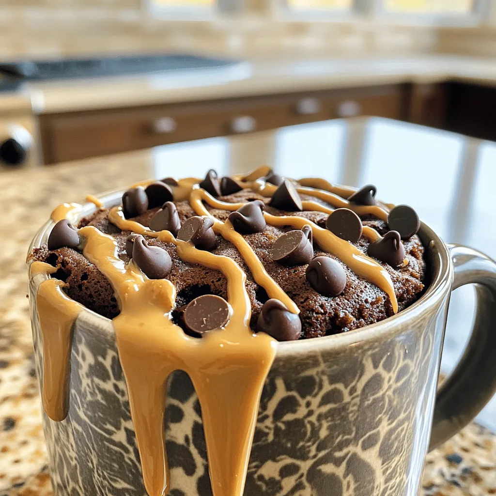 To make a tasty chocolate peanut butter mug cake, you need the right ingredients. Here’s a list of what you’ll need: - 4 tablespoons all-purpose flour - 4 tablespoons granulated sugar - 2 tablespoons unsweetened cocoa powder - 1/8 teaspoon baking powder - 1/8 teaspoon salt - 3 tablespoons milk (whole or plant-based) - 2 tablespoons creamy peanut butter - 1 tablespoon vegetable oil (or melted coconut oil) - 1/4 teaspoon vanilla extract - Optional: chocolate chips for topping These ingredients create a soft and rich cake. Each one plays a key role in flavor and texture. The flour gives structure. The sugar adds sweetness. Cocoa powder brings deep chocolate flavor. Baking powder helps the cake rise. Salt enhances the taste. Milk makes it moist. Peanut butter gives a creamy, nutty flavor. Oil keeps it tender. Vanilla adds warmth. If you love chocolate, adding chocolate chips is a great choice! With these ingredients ready, you can make your mug cake in just a few minutes. This recipe is not just quick; it’s also a fun way to satisfy your sweet tooth. For the full recipe, check the section above. - Step 1: Combine dry ingredients Start by choosing a microwave-safe mug that holds about 12 oz. In this mug, mix the dry ingredients. Use 4 tablespoons of all-purpose flour, 4 tablespoons of granulated sugar, 2 tablespoons of unsweetened cocoa powder, 1/8 teaspoon of baking powder, and 1/8 teaspoon of salt. Stir with a fork until no lumps remain. - Step 2: Add wet ingredients and mix Next, add the wet ingredients. Pour in 3 tablespoons of milk, 2 tablespoons of creamy peanut butter, 1 tablespoon of vegetable oil, and 1/4 teaspoon of vanilla extract. Mix these together well until you have a smooth batter. - Step 3: Optional: Fold in chocolate chips If you want extra chocolate goodness, fold in chocolate chips at this stage. This step is optional, but I highly recommend it for chocolate lovers! - Step 4: Microwave cooking time Carefully place your mug in the microwave. Cook on high for about 1 minute and 30 seconds. Keep an eye on the mug cake as it cooks. Since microwave wattages vary, start with 1 minute and adjust the time if needed to avoid overflow. - Step 5: Cooling time Once the mug cake is done, let it cool for a few minutes. It will be very hot straight out of the microwave, so be careful! - Step 6: Serving suggestions To make your treat even better, add a dollop of peanut butter on top. You can also sprinkle extra chocolate chips or add a scoop of ice cream for a delightful finish! For the full recipe, check out the ingredients and instructions listed above. Enjoy your quick and simple treat! - Adjust microwave times based on wattage: Every microwave is different. If yours is lower wattage, start with 1 minute. Check for doneness and add more time only if needed. - Avoiding overflow in the microwave: Use a large mug, about 12 oz. As the cake rises, this helps prevent spills. Keep an eye on it while it cooks. - Serving ideas to enhance flavor: Try adding a scoop of ice cream or a dollop of peanut butter on top. A sprinkle of chocolate chips makes it even better! - Not mixing dry ingredients thoroughly: Mix flour, sugar, cocoa powder, and baking powder well. This step prevents lumps and ensures even flavor. - Overcooking the mug cake: Watch the time closely! Overcooking makes the cake dry. Start with 1 minute and check often. - Skipping optional ingredients: Optional chocolate chips can add a delightful surprise. Don't skip them if you love chocolate! Enjoy making your Chocolate Peanut Butter Mug Cake with these tips! For the detailed process, check the Full Recipe. {{image_4}} You can make this mug cake your own with simple changes. Here are some ideas: - Adding different types of nut butter: Try almond or cashew butter instead of peanut butter. Each nut butter adds a unique flavor. - Incorporating fruits like banana or raspberry: Mash half a banana or add a few raspberries to the batter. This adds natural sweetness and freshness. - Swapping cocoa powder for carob powder: If you want a different taste, use carob powder. It has a mild sweetness and is naturally caffeine-free. You might need to swap some ingredients. Here are a few options: - Gluten-free flour options: Use almond flour or coconut flour. Both work well and keep the cake moist. - Dairy-free milk alternatives: Almond milk or oat milk are great choices. They blend well with the other ingredients. - Sweetener substitutions: Instead of granulated sugar, try coconut sugar or honey. These give a different sweetness and flavor. Feel free to explore these ideas while making the full recipe. To store any leftover mug cake, let it cool first. Then, cover it tightly with plastic wrap or put it in an airtight container. Keep it in the fridge for up to two days. For reheating, microwave it for about 10 to 15 seconds. Check often to avoid overheating. To prevent sogginess, do not cover it while reheating. If you want to freeze the mug cake, you can do that too! Just let it cool completely. Then, cut it into slices or keep it whole. Wrap it well in plastic wrap and place it in a freezer bag. It can last up to three months. To defrost, take it out the night before and let it sit in the fridge. When ready, reheat it in the microwave for about 20 seconds or until warm. This keeps the mug cake tasty and fresh! For the full recipe, check out the earlier section. Can I make this recipe in advance? You can prepare the dry mix ahead of time. Just store it in an airtight container. When you’re ready, add the wet ingredients and microwave. This way, you save time when the sweet tooth hits! How do I make a larger batch? To make more mug cakes, simply multiply the ingredients by the number of servings you want. You can cook them one at a time or use multiple mugs. Just remember to adjust the cooking time based on how many you’re making! Is it safe to microwave metal mugs? No, never microwave metal mugs. Metal can spark and cause a fire. Always use a microwave-safe mug made of glass or ceramic. Safety first in the kitchen! What can I use instead of peanut butter? If you want a nut-free option, try sunflower seed butter or tahini. You can also use any other nut butter you like, such as almond or cashew butter. Each will give a unique twist to your cake! Can I make a vegan version of this mug cake? Yes, you can make it vegan! Use plant-based milk and swap the creamy peanut butter for a vegan nut butter. Ensure all ingredients are dairy-free. This way, everyone can enjoy a delicious treat! For the full recipe, check out the detailed instructions above. Enjoy your mug cake adventure! This blog post shared a simple mug cake recipe with essential ingredients and easy steps. You learned how to mix dry and wet ingredients and microwave them to create a delicious treat. I also provided tips to avoid common mistakes and offered flavor variations. Mug cakes are delightful snacks you can customize. With just a few ingredients, you can enjoy a unique dessert anytime. I hope you feel inspired to try this recipe and make it your own. Enjoy your baking!