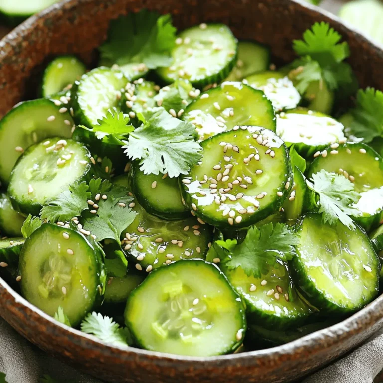 To make a tasty Smashed Cucumber Salad, you will need: - 2 large cucumbers - 1 teaspoon salt - 2 tablespoons rice vinegar - 1 tablespoon sesame oil - 1 tablespoon soy sauce - 1 tablespoon honey or maple syrup - 1 teaspoon freshly grated ginger - 2 cloves garlic, finely minced - 1 tablespoon sesame seeds, toasted - Fresh cilantro or mint leaves for garnish If you have dietary needs, consider these swaps: - Use agave instead of honey for a vegan option. - Swap soy sauce with tamari for a gluten-free choice. - Rice vinegar can be replaced with apple cider vinegar if needed. Fresh ingredients make your salad taste bright and lively. Here are some tips: - Choose crisp, firm cucumbers. They add a nice crunch. - Fresh herbs like cilantro or mint give a burst of flavor. - Use fresh ginger and garlic for the best taste and aroma. - The quality of your vinegar and oil affects the overall flavor. Using fresh produce not only enhances flavor but also adds to the salad's texture. When you pick the best ingredients, your dish shines on the table. For the full recipe, check out the details above! To start, you want to rinse the cucumbers under cold water. This helps remove any dirt. Next, cut each cucumber in half lengthwise. You will end up with four long pieces. The next step is smashing. Use the flat side of a knife or a rolling pin. Gently smash each cucumber half. The goal is to break them open but not turn them mushy. You want a nice texture. After smashing, chop the cucumbers into bite-sized pieces. Place the pieces in a large mixing bowl. Then, sprinkle the salt evenly over them. Let them rest for about ten minutes. This draws out excess moisture and enhances flavor. While the cucumbers rest, it’s time to prepare the dressing. In a separate bowl, combine the rice vinegar, sesame oil, soy sauce, honey or maple syrup, freshly grated ginger, and minced garlic. Whisk them together until well combined. This mixture adds a burst of flavor to your salad. Once the cucumbers have rested for ten minutes, drain any excess liquid from the bowl. Now, pour the dressing over the cucumber pieces. Toss everything gently to coat each piece in the dressing. For the best flavor, let the salad marinate in the refrigerator for at least ten minutes. This allows the ingredients to blend. Just before serving, sprinkle toasted sesame seeds on top. Garnish with fresh cilantro or mint leaves for added color and taste. For the full recipe, you can refer to the previous sections. To smash cucumbers, use a flat side of a knife. You can also use a rolling pin. Press down firmly but gently. You want to break them open, not turn them mushy. This way, you keep a nice crunch. After smashing, chop the cucumbers into bite-sized pieces. This creates a great texture for the salad. You can add herbs or spices to change the flavor. Try fresh mint or cilantro for a bright taste. If you want heat, add some red pepper flakes. For a zesty kick, squeeze in some lime juice. These little changes make a big difference. Feel free to mix and match to find your favorite combo. This salad pairs well with grilled meats or fish. It also goes great with rice dishes or noodles. For drinks, try serving it with iced tea or a light white wine. The refreshing taste of the salad complements these flavors nicely. You can even serve it as a side at your next barbecue or picnic. If you want the full recipe, check out the Smashed Cucumber Salad section. {{image_4}} You can make your smashed cucumber salad even more filling by adding protein. Here are a few options: - Grilled Chicken: Slice cooked chicken breast and mix it in. It adds a nice flavor. - Tofu: For a plant-based option, try cubed tofu. It soaks up the dressing well. - Shrimp: Cooked shrimp gives the salad a seafood twist. Just toss them in before serving. Adding protein not only enhances taste but also makes the salad a complete meal. While the original dressing is delicious, you can try new flavors. Here are some ideas: - Peanut Dressing: Mix peanut butter with soy sauce and lime juice. It adds richness. - Yogurt Dressing: Combine yogurt with dill and lemon juice for a fresh taste. - Spicy Sesame Dressing: Add chili paste to the original mix for a kick. These different dressings can change the whole vibe of the salad. Experiment to find your favorite! Using seasonal ingredients can boost flavor in your salad. Here are some tips: - Herbs: Fresh herbs like basil or dill can brighten the dish. Toss them in just before serving. - Radishes: Add sliced radishes for crunch and a peppery bite. They pair well with cucumbers. - Tomatoes: Chopped tomatoes can bring sweetness. Mix them for a colorful salad. When you use fresh, in-season veggies, your salad will taste even better. Enjoy the flavors each season brings! Store any leftover smashed cucumber salad in an airtight container. Make sure to seal it well. Place it in the fridge right away. This keeps it fresh and tasty. You can also cover the bowl with plastic wrap if you prefer. Avoid leaving it out at room temperature for too long. The salad stays fresh for about 2 to 3 days in the fridge. After this time, the cucumbers may become too soft. The flavor might also fade. For the best taste, finish the salad within this timeframe. Always check for any off smells or changes in color before eating. Freezing smashed cucumber salad is not ideal. The texture changes when thawed. However, if you want to freeze it, do so without the dressing. Store the smashed cucumbers in a freezer-safe bag. You can add the dressing after thawing to keep the flavor intact. Use the frozen cucumbers within 1 month for the best quality. Yes, you can! I recommend making this salad up to a day ahead. Just store it in an airtight container in the fridge. The flavors will blend nicely, making it even tastier. However, I suggest waiting to add the sesame seeds and herbs until right before serving. This keeps them fresh and crunchy. If you don’t have rice vinegar, don’t worry! You can use apple cider vinegar or white wine vinegar. Both will give a nice tang. Just remember, each vinegar has a different taste. So, adjust the amount to suit your liking. Absolutely! This salad is perfect for meal prep. You can make a big batch and portion it out for the week. Just store it in the fridge, and it should stay fresh for about three days. It’s a great way to add a light, healthy dish to your lunches or dinners. When you're ready to eat, just give it a quick toss. For the full recipe, check out the details above! This blog post covered everything you need to know about Smashed Cucumber Salad. I shared the ingredients and their substitutions. I explained how fresh produce enhances the taste. You learned the steps to prepare and marinate the salad. I offered tips for texture and flavor, plus ideas for variations. This salad is easy to customize and store. Enjoy experimenting with different flavors!