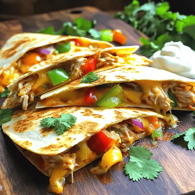 - 2 cups shredded cooked chicken - 1 tablespoon minced chipotle pepper in adobo sauce - 1 cup shredded Monterey Jack cheese - 1 cup shredded cheddar cheese - 1/2 cup bell peppers, thinly sliced - 1/4 cup finely chopped red onion - 4 large flour tortillas - 2 tablespoons olive oil (divided) - 1 teaspoon garlic powder - 1 teaspoon ground cumin - Salt and black pepper to taste - Optional garnishes Making spicy chipotle chicken quesadillas is easy and fun. I love using shredded cooked chicken because it saves time. You can use leftover chicken or even a store-bought rotisserie chicken. The chipotle pepper in adobo sauce adds a smoky heat. Adjust the amount based on your spice level. For the cheese, Monterey Jack melts beautifully, while cheddar brings flavor. I like to mix both for a creamy texture. The bell peppers add color and crunch. You can use any color you like. Don’t forget the red onion! It gives a sweet bite that pairs well with the spices. Flour tortillas are my go-to because they hold everything together. The olive oil helps the quesadillas get crispy. Seasoning is important. Garlic powder and ground cumin add depth to the filling. Always taste and adjust salt and black pepper to your liking. Explore my full recipe for more tips on how to combine these ingredients perfectly! Enjoy the process of making these delicious quesadillas. - Combine the chicken with chipotle pepper and seasonings. In a large bowl, mix the shredded chicken with minced chipotle pepper, garlic powder, ground cumin, salt, and pepper. Make sure each piece of chicken gets coated well. This mix gives your quesadillas a spicy kick. - Sauté bell peppers and onions. Heat 1 tablespoon of olive oil in a large skillet on medium heat. Add the thinly sliced bell peppers and chopped red onion. Stir them for about 3-4 minutes until they soften and turn a bit golden. This step adds a nice sweetness to balance the spice. - Assemble the quesadillas. In the same skillet, lay one tortilla flat. Sprinkle half of it with Monterey Jack and cheddar cheese. Add half of the spicy chicken mixture on top. Next, add the sautéed bell peppers and onions. Top with a little more cheese. This extra cheese helps keep everything together when you fold the tortilla. - Cook the quesadillas on medium heat. Fold the tortilla in half and press gently to seal it. Cook each side for about 3-4 minutes. Keep an eye on them to ensure they don't burn. The goal is to get them golden brown and crispy. - Monitor for golden brown texture. You want the outside to be crunchy while the inside melts perfectly. If one side looks ready, flip it carefully using a spatula. - Rest and slice before serving. After cooking, let the quesadillas sit for about a minute on a cutting board. This resting time helps the cheese firm up a bit. Then, slice them into wedges for easy serving. Enjoy your spicy chipotle chicken quesadillas warm, maybe with some sour cream on the side! For the full recipe, check out the details above. - Ensuring even cooking of the quesadillas: To cook your quesadillas evenly, use medium heat. This allows the tortillas to brown without burning. Flip them gently with a spatula for uniform color. - Preventing filling from spilling out: Place just enough filling in the center. Leave space at the edges when folding. Press the edges down lightly to seal. This helps keep all the tasty bits inside. - Choosing the right tortilla: Use large flour tortillas for best results. They provide flexibility and hold the filling well. Avoid thin tortillas, as they may tear during cooking. - Adding spices for extra heat: For more spice, add cayenne pepper or crushed red pepper flakes. Mix these into the chicken before cooking. This boosts the heat and flavor of your quesadillas. - Incorporating additional ingredients like avocado or corn: Adding fresh avocado slices brings creaminess. Corn adds a sweet crunch. Mix these with your filling for a tasty twist. You can also experiment with black beans for added protein. For the complete recipe, check the Full Recipe. {{image_4}} You can switch up the protein in this recipe. Try using beef or shrimp for a different taste. These proteins bring their unique flavors and textures. If you want a plant-based option, use black beans or grilled vegetables. Both choices provide great taste without meat. Pair your spicy chipotle chicken quesadillas with sides that enhance their flavor. Guacamole adds a creamy texture that balances the spice. Fresh salsa, with its crispness and tang, makes a perfect match too. For drinks, try serving these quesadillas with sparkling water or a light beer. Both can help cool your taste buds from the heat. You can also enjoy them with a fruity mocktail for a fun twist. These pairings will elevate your dining experience and keep everyone happy. To keep your spicy chipotle chicken quesadillas fresh, store leftovers in the fridge. Place them in a tight container to avoid drying out. I suggest using glass or plastic containers with a secure lid. This helps keep them fresh for up to three days. If you want to keep them longer, consider freezing instead. You can freeze both uncooked and cooked quesadillas. For uncooked ones, wrap each quesadilla in plastic wrap. Place them in a freezer bag and remove as much air as possible. Cooked quesadillas can also freeze well. Let them cool first, then wrap and bag them like the uncooked ones. When you are ready to eat, thaw quesadillas in the fridge overnight. To reheat, place them in a hot skillet. Cook for about 3-4 minutes per side until hot and crispy. This method keeps them tasty and fresh. For more details, check the Full Recipe. How spicy are chipotle peppers? Chipotle peppers have a smoky flavor and medium heat. They rate around 2,500 to 8,000 on the Scoville scale. This means they can be spicy, but not overwhelming. If you like heat, use more. If you prefer mild, use less. Can I use different types of cheese? Yes, you can use many types of cheese. Monterey Jack and cheddar melt well. You might try pepper jack for extra spice or mozzarella for a gooey texture. Feel free to mix and match your favorites. What's the best way to reheat quesadillas? To reheat quesadillas, use a skillet. Heat it over medium heat. Place the quesadilla in the skillet and cook for 2-3 minutes on each side. This method keeps the tortilla crispy and the cheese melted. How long do quesadillas take to cook? Quesadillas usually take about 6-8 minutes to cook. You need 3-4 minutes on each side. Look for a golden brown color and melted cheese to know they are ready. Can I make quesadillas in advance? Yes, you can make quesadillas in advance. Cook them, let them cool, and then store them in the fridge. Reheat them later in a skillet for best results. What can I substitute for chicken? You can use many options instead of chicken. Try shredded beef or pulled pork for a different flavor. For a vegetarian option, use black beans or sautéed mushrooms. Are there gluten-free tortillas available? Yes, many stores sell gluten-free tortillas. Look for options made from corn or other gluten-free grains. Always check the label to ensure they meet your dietary needs. We explored how to make delicious quesadillas with simple ingredients. You learned the steps for preparation and cooking, along with helpful tips. Variations let you get creative with flavors and ingredients. We also covered how to store leftovers and answered common questions. In the end, quesadillas are fun and easy to make. Whether you try classic or new flavors, enjoy each tasty bite!