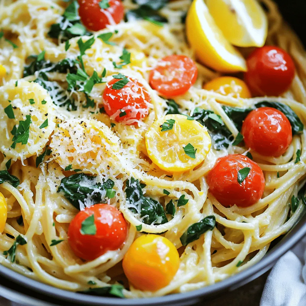 - 12 ounces of spaghetti or linguine - 4 cups of vegetable broth - 1 tablespoon of olive oil - 6 cloves of garlic, finely minced - 1 teaspoon of red pepper flakes - Zest of 1 lemon - Juice of 2 fresh lemons - 1 cup of cherry tomatoes, halved - 1 cup of fresh spinach leaves - 1/2 cup of grated Parmesan cheese - Salt and freshly ground black pepper to taste - Fresh parsley, chopped for garnish Gathering the right ingredients is key for One-Pot Lemon Garlic Pasta. Each item plays a role in creating a bright and tasty dish. The spaghetti or linguine serves as the base. The vegetable broth gives it depth and flavor. Olive oil adds richness, while garlic brings a punch. Red pepper flakes add just a hint of heat. Next, the lemon zest and juice bring brightness. Cherry tomatoes offer sweetness and color. Fresh spinach adds a pop of green and nutrition. Parmesan cheese gives a creamy finish. Finally, don’t forget salt and pepper to enhance all the flavors. - Use nutritional yeast instead of Parmesan cheese for a vegan option. - Try gluten-free pasta like brown rice or quinoa pasta. If you want to make this dish vegan, swap out the cheese for nutritional yeast. It adds a similar nutty flavor without dairy. For those who need gluten-free options, plenty of pasta choices exist. You can use brown rice or quinoa pasta for a tasty alternative. This recipe stays flexible while keeping its delicious essence. Enjoy exploring these options as you cook! First, heat one tablespoon of olive oil in a large pot over medium heat. Once the oil is hot, add six cloves of finely minced garlic and one teaspoon of red pepper flakes. Sauté this mix for about one to two minutes. Stir it often to avoid burning the garlic. Burnt garlic can ruin the flavor of your dish. Next, pour in four cups of vegetable broth. Then, add the zest of one lemon and the juice of two fresh lemons. Stir gently to mix everything well. The lemon adds a bright flavor that makes this dish special. Now, bring the mixture to a rolling boil. Carefully add twelve ounces of spaghetti or linguine. Make sure the pasta is fully submerged in the broth. This helps it cook evenly. Reduce the heat to a gentle simmer. Cook the pasta while stirring occasionally for about ten to twelve minutes. You want it to be al dente, which means it should be firm to the bite. Most of the liquid should be absorbed by now. After the pasta is cooked, add one cup of halved cherry tomatoes and one cup of fresh spinach. Cook for an additional two to three minutes. Stir until the spinach wilts and the tomatoes soften slightly. Remove the pot from the heat. Stir in half a cup of grated Parmesan cheese. This will give your pasta a creamy texture. Taste it and season with salt and freshly ground black pepper as needed. Allow the pasta to rest for a couple of minutes in the pot. This helps it thicken slightly before serving. For the full recipe, check out the details provided above. Enjoy your flavorful one-pot lemon garlic pasta! To cook pasta al dente, follow these steps: - Use plenty of water for boiling. - Check the pasta package for cooking times. - Taste a piece a minute before the time is up. To avoid burnt garlic, do this: - Keep the heat at medium. - Stir the garlic often. - As soon as it smells good, move to the next step. If you want a zesty kick, add more lemon juice. - Start with an extra half lemon. - Taste and add more if needed. To balance spices, try adding fresh herbs. - Basil or thyme work well. - Chop them finely and mix in before serving. For best pairings, serve with a crisp salad. - A simple green salad brightens the meal. - Garlic bread makes a great side, too. For a nice presentation, use shallow bowls. - Garnish with parsley and extra cheese. - A sprinkle of red pepper flakes adds color. Check the Full Recipe for more details and tips on making this dish shine! {{image_4}} You can make One-Pot Lemon Garlic Pasta even more filling by adding protein. Grilled chicken is a great choice. Just slice it thin and mix it in before serving. Shrimp is another tasty option. Simply cook the shrimp in the pot for a few minutes until they turn pink. If you want a plant-based option, try chickpeas. They are easy to add and packed with protein. Use a can of chickpeas, rinse them, and stir them in with the pasta. They will soak up the lemon flavor and add a nice texture. Using seasonal vegetables can brighten your dish. Fresh veggies add color and nutrition. In spring, consider asparagus or peas. In summer, zucchini or bell peppers work well. You can also substitute spinach with kale or arugula. These greens offer a different taste and texture. Just chop them and add them in the last few minutes of cooking. You can change the sauce to suit your taste. For a creamy lemon sauce, add a splash of cream after cooking. This gives the pasta a rich flavor. If you prefer a dairy-free option, use coconut milk instead. Another way to deepen the flavor is by adding a splash of white wine. Pour it in before the broth. This adds a nice depth that complements the lemon. Just let it cook down for a minute before adding the rest of the ingredients. These variations will keep your One-Pot Lemon Garlic Pasta exciting and new each time you make it. For the complete recipe, check out [Full Recipe]. You can store One-Pot Lemon Garlic Pasta in the fridge for about three days. To keep it fresh, place it in an airtight container. When reheating, add a splash of water or broth to prevent it from drying out. Heat it gently on the stove or in the microwave, stirring often. This keeps the pasta creamy and tasty. If you want to freeze One-Pot Lemon Garlic Pasta, let it cool completely first. Transfer it to a freezer-safe container. It can last for up to three months in the freezer. When you are ready to eat, move it to the fridge to thaw overnight. Reheat it on the stove with a little broth or water. This helps regain its original texture and flavor. Enjoy your meal without fuss! I recommend using spaghetti or linguine for this dish. These shapes cook well and absorb the lemon-garlic flavors nicely. You can also try fettuccine or thin spaghetti if you like. Choose your favorite type based on what you have at home. Yes! You can use gluten-free pasta like brown rice or chickpea pasta. These options hold up well in the dish and taste great. Be sure to check the cooking time, as gluten-free pasta may vary. If you want less heat, simply reduce the red pepper flakes. You can start with half a teaspoon and add more if you want. You can also replace them with a pinch of black pepper for flavor without the heat. This pasta pairs well with a fresh salad or garlic bread. A simple green salad with lemon vinaigrette adds a nice touch. You can also serve it with grilled vegetables or a light protein like chicken or shrimp. Enjoy your meal! This blog post shared a simple recipe for One-Pot Lemon Garlic Pasta. You learned about the key ingredients, including pasta, broth, and fresh veggies. I offered tips on cooking techniques, flavor enhancements, and ways to add protein. You also found storage tips and answers to common questions. This dish is easy to make and great for any meal. Enjoy experimenting with your favorite ingredients and variations!