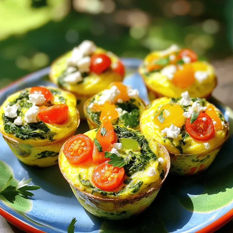 - 6 large eggs - 1 cup fresh spinach, finely chopped - 1/2 cup cherry tomatoes, halved - 1/2 cup bell pepper, diced - 1/4 cup onion, diced small - 1/4 cup feta cheese (optional) - 1 tablespoon olive oil - Salt and pepper to taste - 1/2 teaspoon garlic powder - 1/2 teaspoon dried oregano The ingredients for Healthy Spinach Egg Muffins are simple yet full of flavor. Each component adds its own touch, making the muffins tasty and nutritious. Using fresh spinach is key. It is packed with vitamins and minerals. The eggs provide protein and healthy fats. Cherry tomatoes add sweetness and color. Bell peppers bring crunch and a boost of Vitamin C. Feta cheese is optional, but I highly recommend it. It adds a creamy texture and salty flavor that pairs well with the eggs. Olive oil helps with cooking and adds healthy fats. Don’t forget the spices! Salt, pepper, garlic powder, and oregano bring everything together. Each bite bursts with flavor, making these muffins a hit for breakfast or snacks. - Calories per muffin: About 70 - Protein content: Approximately 6 grams - Health benefits: Spinach is rich in iron and antioxidants. Eggs provide essential amino acids and support eye health. These muffins offer a great balance of nutrients. They are low in calories but high in taste. Enjoy them knowing they support your health while satisfying your hunger. - Preheat the oven to 350°F (175°C). - Prepare the muffin tin by greasing it with non-stick spray or olive oil. - In a large bowl, crack the eggs. - Use a whisk to beat the eggs well. - Season with salt, pepper, garlic powder, and dried oregano. Mix until smooth. - In a medium skillet, heat olive oil over medium heat. - Add the diced onion and bell pepper. Sauté for 3-4 minutes until soft. - Stir in the chopped spinach. Cook for 1-2 minutes until it wilts. Remove from heat. - Add the sautéed veggies and halved cherry tomatoes to the eggs. - If you like, fold in crumbled feta cheese for extra flavor. - Carefully pour the mixture into the muffin tin. - Fill each cup about three-quarters full. - Place the muffin tin in the oven and bake for 18-20 minutes. - Check doneness by inserting a toothpick; it should come out clean. - Remove from the oven and let the muffins cool for a few minutes. - Gently lift the muffins out with a spoon or fork. These muffins are perfect for breakfast or as a snack. Enjoy the delicious flavors! For the complete recipe, check out the Full Recipe. To ensure your muffins don’t stick, use non-stick spray or olive oil. Grease each cup well. This helps the muffins pop right out. I recommend letting them cool a bit before removing them. This way, they hold their shape better. For even cooking, fill each muffin cup to the same level. Try to fill each cup about three-quarters full. This helps them bake evenly. Rotate the muffin tin halfway through baking. This ensures every muffin gets enough heat. Adding herbs and spices can boost flavor. Consider fresh basil, thyme, or dill. A pinch of paprika can add a nice kick, too. You can mix in some chopped garlic for a punch of taste. If you want different cheese options, try cheddar or goat cheese. Both melt nicely and add flavor. You can even skip cheese for a lighter version. For side dishes, serve these muffins with a light salad or yogurt. A dollop of salsa or hot sauce makes a fun dip. When presenting these muffins, use a bright plate. Garnish with fresh herbs on top. Arrange them in a circle for a lovely display. These muffins are perfect for breakfast or a snack at any event. {{image_4}} You can change the veggies in these muffins to suit your taste. Try using: - Broccoli, finely chopped - Zucchini, shredded - Mushrooms, diced - Carrots, grated These swaps can give your muffins new flavors. You can also add different proteins. Instead of eggs, use: - Tofu, crumbled for a vegan twist - Cooked sausage for extra heartiness - Chicken, shredded for added protein These options keep your muffins interesting and delicious. If you want vegetarian options, skip the meats and stick with veggies and eggs. For a vegan version, replace eggs with a flaxseed mixture. Combine one tablespoon of flaxseed meal with three tablespoons of water. Let it sit for a few minutes until it thickens. This acts like an egg binder. For those who need gluten-free options, ensure all your ingredients are gluten-free. Use gluten-free flour if you want a fluffier muffin. This keeps everyone happy at the table. You can take your muffins around the world with different flavors. For a Mexican twist, add: - Jalapeños for heat - Cilantro for freshness - A sprinkle of cumin For a Mediterranean flair, include: - Olives for saltiness - Sun-dried tomatoes for sweetness - Fresh basil for aroma These ideas can turn a simple muffin into an exciting dish. Explore different flavors and have fun in the kitchen! For the full recipe, check out the detailed instructions above. Store your leftover spinach egg muffins in a sealed container. This keeps them fresh and tasty. I recommend using glass or plastic containers with tight lids. These containers prevent air from getting in and keep the muffins moist. To freeze muffins, let them cool completely first. Then, place them in a single layer on a baking sheet. Freeze for about an hour until solid. After that, transfer them to a freezer-safe bag. Make sure to squeeze out as much air as possible. When you want to eat them, take one out and thaw it in the fridge overnight or heat it in the microwave for a quick snack. In the fridge, these muffins last about four to five days. Look for signs of spoilage, like a sour smell or mold. If you see either, it’s best to toss them. Enjoy your healthy spinach egg muffins fresh for breakfast or a snack! For the full recipe, check above. Can I make these muffins ahead of time? Yes, you can make these muffins ahead of time. They store well in the fridge for up to four days. Just cool them completely before placing them in an airtight container. This makes it easy to grab a healthy snack or breakfast on busy mornings. How to reheat the muffins effectively? To reheat the muffins, place them in the microwave for about 30 seconds. You can also warm them in the oven at 350°F (175°C) for about 10 minutes. Both methods keep them tasty and moist. What can I use instead of feta cheese? If you don’t have feta cheese, try using goat cheese or cheddar cheese. Both add a nice flavor. You can even skip the cheese for a dairy-free option. Can I use egg substitutes? Yes, you can use egg substitutes. For every egg, use 1/4 cup of unsweetened applesauce or a flax egg. To make a flax egg, mix 1 tablespoon of flaxseed meal with 2.5 tablespoons of water. Let it sit for a few minutes until it thickens. What type of muffin tin is best? A non-stick muffin tin works best. It helps the muffins release easily. You can also use silicone muffin cups for easy removal. Can these muffins be made in a different baking dish? Yes, you can use an 8x8 inch baking dish. Just pour the mixture into the dish and adjust the baking time. Check for doneness after 25-30 minutes. Cut into squares for serving. These egg muffins provide a simple and tasty way to enjoy healthy meals. We covered ingredients like eggs, spinach, and bell peppers, which are full of nutrients. You learned how to prepare, bake, and serve these muffins. Plus, I shared tips for flavor boosts and easy variations. To bring more fun to your cooking, experiment with different flavors and ingredients. Enjoy your time in the kitchen and share these delicious muffins with others!