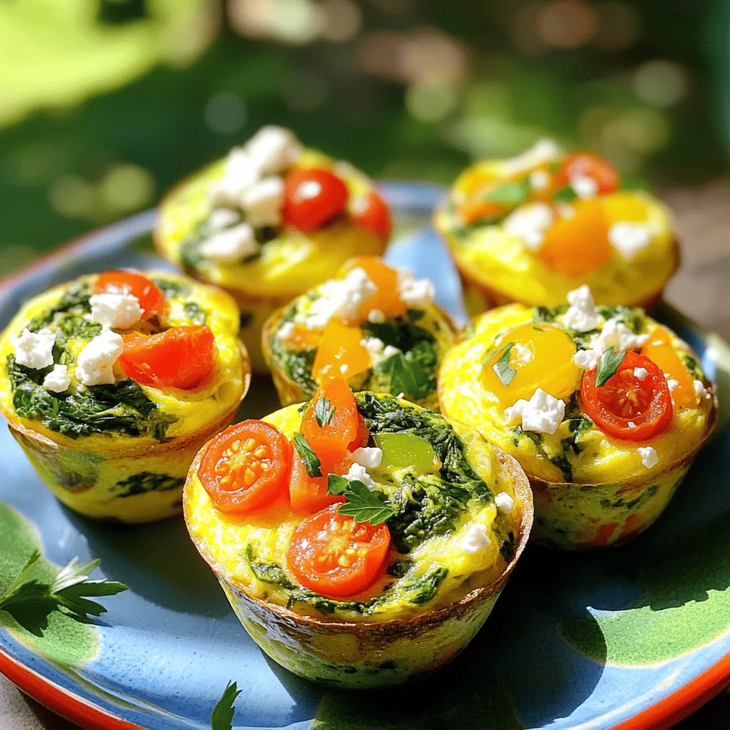 - 6 large eggs - 1 cup fresh spinach, finely chopped - 1/2 cup cherry tomatoes, halved - 1/2 cup bell pepper, diced - 1/4 cup onion, diced small - 1/4 cup feta cheese (optional) - 1 tablespoon olive oil - Salt and pepper to taste - 1/2 teaspoon garlic powder - 1/2 teaspoon dried oregano The ingredients for Healthy Spinach Egg Muffins are simple yet full of flavor. Each component adds its own touch, making the muffins tasty and nutritious. Using fresh spinach is key. It is packed with vitamins and minerals. The eggs provide protein and healthy fats. Cherry tomatoes add sweetness and color. Bell peppers bring crunch and a boost of Vitamin C. Feta cheese is optional, but I highly recommend it. It adds a creamy texture and salty flavor that pairs well with the eggs. Olive oil helps with cooking and adds healthy fats. Don’t forget the spices! Salt, pepper, garlic powder, and oregano bring everything together. Each bite bursts with flavor, making these muffins a hit for breakfast or snacks. - Calories per muffin: About 70 - Protein content: Approximately 6 grams - Health benefits: Spinach is rich in iron and antioxidants. Eggs provide essential amino acids and support eye health. These muffins offer a great balance of nutrients. They are low in calories but high in taste. Enjoy them knowing they support your health while satisfying your hunger. - Preheat the oven to 350°F (175°C). - Prepare the muffin tin by greasing it with non-stick spray or olive oil. - In a large bowl, crack the eggs. - Use a whisk to beat the eggs well. - Season with salt, pepper, garlic powder, and dried oregano. Mix until smooth. - In a medium skillet, heat olive oil over medium heat. - Add the diced onion and bell pepper. Sauté for 3-4 minutes until soft. - Stir in the chopped spinach. Cook for 1-2 minutes until it wilts. Remove from heat. - Add the sautéed veggies and halved cherry tomatoes to the eggs. - If you like, fold in crumbled feta cheese for extra flavor. - Carefully pour the mixture into the muffin tin. - Fill each cup about three-quarters full. - Place the muffin tin in the oven and bake for 18-20 minutes. - Check doneness by inserting a toothpick; it should come out clean. - Remove from the oven and let the muffins cool for a few minutes. - Gently lift the muffins out with a spoon or fork. These muffins are perfect for breakfast or as a snack. Enjoy the delicious flavors! For the complete recipe, check out the Full Recipe. To ensure your muffins don’t stick, use non-stick spray or olive oil. Grease each cup well. This helps the muffins pop right out. I recommend letting them cool a bit before removing them. This way, they hold their shape better. For even cooking, fill each muffin cup to the same level. Try to fill each cup about three-quarters full. This helps them bake evenly. Rotate the muffin tin halfway through baking. This ensures every muffin gets enough heat. Adding herbs and spices can boost flavor. Consider fresh basil, thyme, or dill. A pinch of paprika can add a nice kick, too. You can mix in some chopped garlic for a punch of taste. If you want different cheese options, try cheddar or goat cheese. Both melt nicely and add flavor. You can even skip cheese for a lighter version. For side dishes, serve these muffins with a light salad or yogurt. A dollop of salsa or hot sauce makes a fun dip. When presenting these muffins, use a bright plate. Garnish with fresh herbs on top. Arrange them in a circle for a lovely display. These muffins are perfect for breakfast or a snack at any event. {{image_4}} You can change the veggies in these muffins to suit your taste. Try using: - Broccoli, finely chopped - Zucchini, shredded - Mushrooms, diced - Carrots, grated These swaps can give your muffins new flavors. You can also add different proteins. Instead of eggs, use: - Tofu, crumbled for a vegan twist - Cooked sausage for extra heartiness - Chicken, shredded for added protein These options keep your muffins interesting and delicious. If you want vegetarian options, skip the meats and stick with veggies and eggs. For a vegan version, replace eggs with a flaxseed mixture. Combine one tablespoon of flaxseed meal with three tablespoons of water. Let it sit for a few minutes until it thickens. This acts like an egg binder. For those who need gluten-free options, ensure all your ingredients are gluten-free. Use gluten-free flour if you want a fluffier muffin. This keeps everyone happy at the table. You can take your muffins around the world with different flavors. For a Mexican twist, add: - Jalapeños for heat - Cilantro for freshness - A sprinkle of cumin For a Mediterranean flair, include: - Olives for saltiness - Sun-dried tomatoes for sweetness - Fresh basil for aroma These ideas can turn a simple muffin into an exciting dish. Explore different flavors and have fun in the kitchen! For the full recipe, check out the detailed instructions above. Store your leftover spinach egg muffins in a sealed container. This keeps them fresh and tasty. I recommend using glass or plastic containers with tight lids. These containers prevent air from getting in and keep the muffins moist. To freeze muffins, let them cool completely first. Then, place them in a single layer on a baking sheet. Freeze for about an hour until solid. After that, transfer them to a freezer-safe bag. Make sure to squeeze out as much air as possible. When you want to eat them, take one out and thaw it in the fridge overnight or heat it in the microwave for a quick snack. In the fridge, these muffins last about four to five days. Look for signs of spoilage, like a sour smell or mold. If you see either, it’s best to toss them. Enjoy your healthy spinach egg muffins fresh for breakfast or a snack! For the full recipe, check above. Can I make these muffins ahead of time? Yes, you can make these muffins ahead of time. They store well in the fridge for up to four days. Just cool them completely before placing them in an airtight container. This makes it easy to grab a healthy snack or breakfast on busy mornings. How to reheat the muffins effectively? To reheat the muffins, place them in the microwave for about 30 seconds. You can also warm them in the oven at 350°F (175°C) for about 10 minutes. Both methods keep them tasty and moist. What can I use instead of feta cheese? If you don’t have feta cheese, try using goat cheese or cheddar cheese. Both add a nice flavor. You can even skip the cheese for a dairy-free option. Can I use egg substitutes? Yes, you can use egg substitutes. For every egg, use 1/4 cup of unsweetened applesauce or a flax egg. To make a flax egg, mix 1 tablespoon of flaxseed meal with 2.5 tablespoons of water. Let it sit for a few minutes until it thickens. What type of muffin tin is best? A non-stick muffin tin works best. It helps the muffins release easily. You can also use silicone muffin cups for easy removal. Can these muffins be made in a different baking dish? Yes, you can use an 8x8 inch baking dish. Just pour the mixture into the dish and adjust the baking time. Check for doneness after 25-30 minutes. Cut into squares for serving. These egg muffins provide a simple and tasty way to enjoy healthy meals. We covered ingredients like eggs, spinach, and bell peppers, which are full of nutrients. You learned how to prepare, bake, and serve these muffins. Plus, I shared tips for flavor boosts and easy variations. To bring more fun to your cooking, experiment with different flavors and ingredients. Enjoy your time in the kitchen and share these delicious muffins with others!