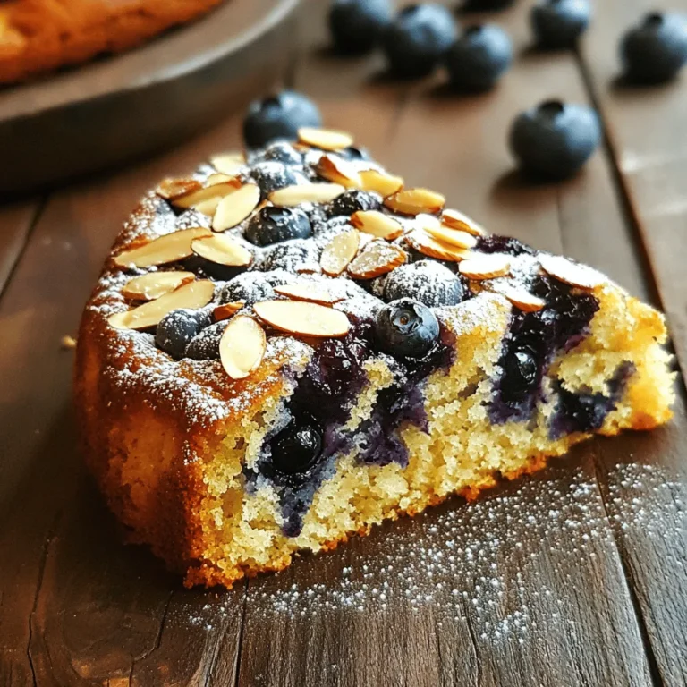 - 1 cup almond flour - 1 cup all-purpose flour - 1 teaspoon baking powder - ½ teaspoon baking soda - ½ teaspoon salt - ¾ cup granulated sugar - ½ cup unsalted butter, softened - 2 large eggs - 1 teaspoon vanilla extract - ¾ cup buttermilk (or milk with lemon juice) - 1 cup fresh blueberries, rinsed - ¼ cup sliced almonds - Zest of 1 lemon - Optional: Powdered sugar for dusting Each ingredient plays a key role in making this cake taste amazing. Almond flour gives it a nutty flavor and moist texture. All-purpose flour helps the cake rise and hold its shape. Baking powder and baking soda make it fluffy. Salt balances sweetness. Granulated sugar sweetens the cake and helps it brown. Butter adds richness and moisture. Eggs bind everything together and provide structure. Vanilla extract adds warmth. Buttermilk keeps the cake tender and adds a slight tang. Blueberries offer freshness and juicy bites. Sliced almonds add crunch. Lemon zest brightens the flavor, making every bite pop. If you don’t have almond flour, you can use more all-purpose flour. For a dairy-free option, substitute butter with coconut oil and buttermilk with almond milk mixed with lemon juice. If you want less sugar, you can cut the granulated sugar by a quarter. If fresh blueberries aren’t available, try frozen ones, but use them straight from the freezer to avoid excess moisture. These simple swaps ensure you can still enjoy this cake no matter what you have on hand. For the full recipe, check out the steps to make this delicious breakfast cake! Start by preheating your oven to 350°F (175°C). This step is key for even baking. Grab a 9-inch round cake pan. Lightly grease it with butter, then dust it with flour. You can also use parchment paper for easy removal later. In a medium bowl, mix together the almond flour, all-purpose flour, baking powder, baking soda, and salt. Use a whisk to blend them well. Set this bowl aside for later. This mix helps the cake rise and gives it texture. In a large bowl, take your softened butter and granulated sugar. Use an electric mixer on medium speed. Beat this mixture for about 3-4 minutes. You want it light, fluffy, and pale in color. This step adds air to your cake. Now, add eggs, one at a time, to the butter-sugar mix. Mix well after each egg. Then, pour in the vanilla extract and lemon zest. Stir until everything is combined. Next, gently mix in the flour mixture and buttermilk. Start and end with the flour. Mix until just combined. Don’t overmix; this keeps your cake soft. Using a spatula, carefully fold in the fresh blueberries. Be gentle so you don’t crush them. Then, add the sliced almonds. This adds a nice texture and flavor to the cake. Pour the batter into your prepared cake pan. Smooth the top with your spatula. Sprinkle the sliced almonds over the batter. Place the cake in your preheated oven. Bake for 35-40 minutes. Check with a toothpick; it should come out clean. Once done, let it cool in the pan for 10 minutes. Then transfer it to a wire rack to cool completely. This helps keep the cake fluffy. To make your blueberry almond breakfast cake fluffy, start with room temperature ingredients. This means your butter and eggs should not be cold. Softened butter mixes better with sugar, creating air pockets. This helps your cake rise. Mix the batter just until the dry and wet ingredients combine. Overmixing can lead to a dense cake, so be gentle when folding in the blueberries. Avoid using cold ingredients, as they can lead to a heavy texture. Do not skip the baking powder or baking soda; these are key for lift. Also, be careful not to crush the blueberries when mixing. Too much mixing will ruin the cake’s lightness. Lastly, always check your oven's temperature with an oven thermometer. Ovens can be off by quite a bit, affecting bake time and results. For a beautiful presentation, cut the cake into even slices. Place each slice on a colorful plate. Add a handful of fresh blueberries or a mint sprig for color. If you want to impress, lightly dust the top with powdered sugar. This adds a sweet touch and looks lovely. Serve the cake warm or at room temperature. Pair it with a cup of tea or coffee for a perfect breakfast treat. For the full recipe, check the section above. {{image_4}} You can make this blueberry almond breakfast cake gluten-free. Use only almond flour or a gluten-free flour blend. Make sure the blend has a good mix of starches and flours. This will give you a nice texture. You might need to adjust the liquid. Add a little more buttermilk if the batter is too thick. Want to spice things up? Try adding cinnamon or nutmeg to the dry mix. Just half a teaspoon will add warmth. You can also fold in a tablespoon of lemon juice for extra zing. If you love almond flavor, add almond extract. Just use half a teaspoon to keep it balanced. Blueberries are great, but you can try other fruits. Raspberries or blackberries work well too. They add a nice tartness. You can even use diced peaches or apples for a different taste. Just make sure to adjust the sugar if the fruit is very sweet. To keep your Blueberry Almond Breakfast Cake fresh, store it in an airtight container. If you have one, wrap the cake in plastic wrap first. This helps keep it moist and tasty. Place the container in the fridge. It will stay good for up to four days. If you notice any mold or an off smell, it’s best to toss it. If you want to save the cake for later, freezing is a great option. First, let the cake cool completely. Then, slice it into pieces. Wrap each piece in plastic wrap tightly. Place the wrapped pieces in a freezer bag or container. Be sure to label it with the date. The cake can last for up to three months in the freezer. When you're ready to eat it, just thaw it in the fridge overnight. To enjoy your leftover cake warm, you can reheat it. Preheat your oven to 350°F (175°C). Place a slice of cake on a baking sheet. Cover it with aluminum foil to keep it moist. Heat for about 10-15 minutes. If you prefer, you can also use a microwave. Heat a slice for about 20-30 seconds, but be careful not to overheat it. Enjoy your cake warm! You can use regular milk mixed with lemon juice. Just take 1 cup of milk and add 1 tablespoon of lemon juice. Let it sit for 5 minutes to thicken. This mix works well in the recipe for Blueberry Almond Breakfast Cake. Yes, you can make this cake a day ahead. Just store it in an airtight container at room temperature. This allows the flavors to blend even more. If you want to keep it fresh for longer, wrap it in plastic wrap and place it in the fridge. To check if the cake is done, insert a toothpick into the center. If it comes out clean, the cake is ready. Also, look for a golden-brown color and a gentle spring back when you press the top. No, this recipe is not vegan. It contains eggs and butter. However, you can swap these for plant-based alternatives. Use flax eggs and vegan butter to make it vegan-friendly. This cake pairs well with fresh fruit, yogurt, or a drizzle of honey. You can also enjoy it with a cup of coffee or tea. It makes a great breakfast or snack option, perfect for sharing with friends. For the full recipe, check out Blueberry Almond Breakfast Cake. This blog post covered simple ingredients and their roles in your cake. You learned step-by-step methods for a successful bake. Tips helped you avoid mistakes and make it look great. We explored variations for more choices and how to store leftovers. The right recipe and techniques ensure a delightfully fluffy cake. When done right, it brings joy to your table. So, gather your ingredients and start baking! Enjoy every bite.
