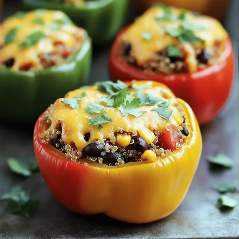 To make stuffed mini bell peppers, you need these key ingredients: - 12 mini bell peppers (a colorful mix for visual appeal) - 1 cup cooked quinoa (preferably chilled) - 1 cup black beans, rinsed and drained thoroughly - 1 cup corn (fresh, frozen, or canned, drained if canned) - 1/2 cup diced tomatoes (fresh or canned, drained if canned) - 1 cup shredded cheese (cheddar for richness or pepper jack for a kick) - 1 teaspoon cumin (ground) - 1 teaspoon smoked paprika (for a depth of flavor) - 1 teaspoon garlic powder (for a savory touch) - 1/2 teaspoon onion powder (to enhance the flavor profile) - Salt and freshly ground pepper, to taste - Fresh cilantro, chopped (for garnishing and freshness) - 1 tablespoon olive oil (for richness and moisture) These ingredients create a mix of flavors and textures that make the dish exciting. You can add extra ingredients for more flavor: - Chopped jalapeños (for heat) - Diced onion (for crunch and sweetness) - Ground turkey or beef (for a meaty option) - Fresh lime juice (for a zesty kick) - Avocado (for creaminess) These optional ingredients allow you to customize your dish to your taste. If you need to swap ingredients, here are some ideas: - Use brown rice instead of quinoa for a different grain. - Substitute chickpeas for black beans for a different protein source. - Try goat cheese or feta instead of cheddar for a tangy flavor. - Use salsa instead of diced tomatoes for added spice and flavor. These substitutions keep your dish fresh and exciting while still being delicious. For the full recipe, check out the details above. First, preheat your oven to 375°F (190°C). This step is key for great cooking. Next, take your mini bell peppers and cut off the tops. Make sure to remove all the seeds inside. You can save the tops for another recipe or toss them. Grab a large mixing bowl for the filling. Add 1 cup of cooked quinoa, 1 cup of black beans, and 1 cup of corn. Don't forget the 1/2 cup of diced tomatoes. Mix these well. Then, add spices: 1 teaspoon of cumin, 1 teaspoon of smoked paprika, 1 teaspoon of garlic powder, and 1/2 teaspoon of onion powder. Season with salt and pepper. Stir until everything is well mixed. Pour in 1 tablespoon of olive oil. This adds moisture and flavor. Now, it’s time to stuff the peppers. Use a spoon to fill each pepper with the mixture. Press down gently, but don’t split them. Place the stuffed peppers in a baking dish. If they wobble, use crumpled foil to keep them steady. Top each pepper with 1/2 cup of shredded cheese. Cover the dish with foil and bake for 20 minutes. After that, remove the foil and bake for another 10-15 minutes. Look for tender peppers and bubbly cheese. Once baked, let them cool for a few minutes. Add fresh cilantro on top for a bright finish. Enjoy your stuffed mini bell peppers! For the full recipe, refer to the detailed instructions above. To cook mini bell peppers just right, start with fresh peppers. Look for ones with bright colors and firm skin. Preheat your oven to 375°F (190°C). This will help cook the peppers evenly. When you cut the tops off, make sure to remove all seeds. This keeps the filling in and makes them taste better. To make a tasty stuffing, use a mix of cooked quinoa, black beans, corn, and diced tomatoes. You can add spices like cumin and smoked paprika for a great flavor boost. Don’t forget to drizzle some olive oil in the mix. This adds moisture and helps bind everything together. Taste your mixture before stuffing the peppers. Adjust the salt and pepper to your liking. When serving, arrange the stuffed mini bell peppers on a colorful plate. This makes them look even more appealing. Garnish with fresh cilantro for a pop of color. The green from the cilantro pairs nicely with the bright peppers. You could also sprinkle extra cheese on top for a fun touch. Serve them warm for the best taste. For the full recipe, check out the details above! {{image_4}} For a tasty vegetarian option, skip the meat and focus on fresh veggies. You can use the base filling from the Full Recipe and add chopped spinach or zucchini. These veggies bring color and nutrients. You can also swap the black beans for chickpeas for a different flavor. If you're on a keto diet, you can make simple changes. Replace quinoa with cauliflower rice. Cauliflower rice keeps the dish low in carbs and adds a nice texture. You can also use cream cheese instead of shredded cheese for added richness. This switch helps keep the fat content high while cutting carbs. Let your creativity shine by trying new filling combinations! You can mix in cooked ground turkey or chicken for added protein. For a Mediterranean twist, use feta cheese, olives, and herbs like basil or oregano. You can even make a sweet version by adding fruits like apples with cinnamon and nuts. Each filling brings its own unique flavor and character. To keep your stuffed mini bell peppers fresh, let them cool first. Place leftovers in an airtight container. You can store them in the fridge for up to three days. If you want to enjoy them later, freezing is a great option too. When you're ready to eat, reheat your stuffed peppers for the best taste. Preheat your oven to 350°F (175°C). Place the peppers on a baking sheet. Cover them with foil to keep moisture in. Heat for about 15-20 minutes. Check if they're warm throughout before serving. Freezing stuffed mini bell peppers is simple. After baking, let them cool completely. Wrap each pepper in plastic wrap, then place them in a freezer bag. They can last up to three months in the freezer. When you want to eat them, thaw them in the fridge overnight. Reheat as mentioned for a delicious meal. For the full recipe, check out the earlier section. Stuffed mini bell peppers can last in the fridge for about 4 days. Store them in an airtight container. This keeps them fresh and tasty. If you notice any changes in smell or texture, it’s best to throw them away. Always check for signs of spoilage before eating leftovers. Yes, you can make stuffed mini bell peppers in advance. Prepare the filling and stuff the peppers a day ahead. Store them in the fridge until you’re ready to bake. This saves time and makes meal prep easier. Just adjust your baking time if they are cold from the fridge. Stuffed mini bell peppers pair well with many dishes. You can serve them with a fresh salad or a side of rice. They also go great with salsa or guacamole for dipping. For a heartier meal, serve them with grilled chicken or fish. These sides complement the flavors of the peppers well. Stuffed mini bell peppers are fun and tasty. We covered essential and optional ingredients to help you create the perfect filling. You learned how to prepare, bake, and make your dish look great. We explored variations, like vegetarian and keto options, so you can mix it up. Lastly, we discussed storing and reheating leftovers for later enjoyment. Keep experimenting with flavors. Enjoy making stuffed mini bell peppers your own!