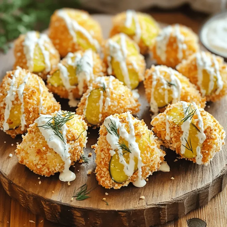 - 1 lb boneless, skinless chicken breasts, cut into bite-sized pieces - 1 cup dill pickle juice - 1 cup all-purpose flour - 1 teaspoon onion powder - 1 teaspoon garlic powder - 1 teaspoon paprika - 1 teaspoon black pepper - 1/2 teaspoon salt - 2 large eggs, beaten - 1 cup breadcrumbs (use panko for added crunch) - 1/2 cup ranch dressing - Fresh dill, for garnish (optional) These ingredients create a tasty flavor mix. The chicken gets a nice tang from the dill pickle juice. The spices add warmth and depth. The ranch dressing gives a creamy finish. You will need some basic tools for the best results. Here’s what I suggest: - Mixing bowls for marinating and breading - A whisk for beating the eggs - A baking sheet lined with parchment paper or greased - Measuring cups and spoons for accuracy These tools help streamline your cooking process. They ensure that each step flows smoothly and efficiently. If you want to change things up, here are some easy swaps: - Use chicken thighs instead of breasts for more flavor. - Swap out ranch dressing for blue cheese dressing for a bolder taste. - Try gluten-free flour if you need a gluten-free option. - Use crushed cornflakes instead of breadcrumbs for extra crunch. These substitutions can make the recipe your own. You can keep it fun and exciting while still enjoying the core flavors. For the complete recipe, check the [Full Recipe]. To start, grab a mixing bowl. Place the bite-sized chicken pieces into it. Pour in the dill pickle juice, making sure the chicken is fully submerged. Cover the bowl with plastic wrap or a lid. Now, let it chill in the fridge. For best results, marinate for at least one hour. If you have time, overnight is even better. This step adds so much flavor to the chicken! Next, let’s set up a breading station. You will need three bowls. In the first bowl, mix the all-purpose flour with onion powder, garlic powder, paprika, black pepper, and salt. Stir well until everything is combined. In the second bowl, pour in the beaten eggs. Whisk them until they are smooth. In the third bowl, fill it with breadcrumbs, preferably panko. Panko gives a nice crunch to the bites. After marinating, take the chicken out of the fridge. Gently pat the chicken pieces dry with paper towels. Start by dredging each piece in the flour mix. Make sure to shake off any extra flour. Next, dip the chicken into the beaten eggs. Finally, coat the chicken well with the breadcrumbs. Now, preheat your oven to 400°F (200°C). Prepare a baking sheet by lining it with parchment paper or greasing it lightly. Arrange the breaded chicken bites in a single layer. Bake for 15-20 minutes. They should turn golden brown and crispy. Check that the internal temperature reaches 165°F (75°C). Once cooked, move the chicken bites to a serving platter. Drizzle ranch dressing on top and sprinkle with fresh dill if you like. This adds a lovely touch! For the full recipe, be sure to check the details. To get crispy chicken bites, follow a few key steps. First, make sure to marinate the chicken in dill pickle juice. This adds flavor and helps keep the meat moist. Next, dry the chicken pieces well before breading. Excess moisture can lead to soggy bites. When coating, use seasoned flour first, then dip in egg, and finally cover with breadcrumbs. I recommend using panko breadcrumbs for extra crunch. Bake at 400°F (200°C) until golden brown and fully cooked. Avoid common mistakes for the best results. Do not rush the marination process; it is crucial for flavor. Skipping the drying step can lead to less crispy bites. Also, ensure you do not overcrowd the baking sheet. Leave space between each piece to allow hot air to circulate. Lastly, check the internal temperature. Chicken should reach 165°F (75°C) to be safely eaten. For tailgating or parties, serve these bites with extra ranch dressing for dipping. This adds a nice creamy touch. You can also pair them with fresh pickle slices for added crunch. For a fun twist, consider setting up a dipping station. Include various sauces, like buffalo sauce or honey mustard. This lets guests customize their bites. {{image_4}} Want some heat? Add hot sauce to the marinade. This gives your chicken bites a spicy kick. You can also mix cayenne pepper into the flour. Adjust the amount to your taste. This adds flavor without overwhelming the pickle taste. If you enjoy heat, this variation is for you! Looking for a lighter option? Use an air fryer to cook your chicken bites. This method cuts down on oil and keeps them crisp. Preheat your air fryer to 400°F (200°C). Place the breaded chicken in a single layer. Cook for about 12-15 minutes. Check that they reach an internal temperature of 165°F (75°C). You get a crunchy texture without deep frying! Want a veggie twist? Try using cauliflower instead of chicken. Cut cauliflower into bite-sized florets. Marinate them in the dill pickle juice for the same time. Follow the same breading and cooking steps. Bake or air fry until golden and crispy. This gives you a tasty, plant-based snack that everyone will love. You can find the full recipe for Pickle Ranch Chicken Bites and try these fun variations! To keep your leftover chicken bites fresh, place them in an airtight container. Make sure they cool down to room temperature before sealing. This method helps prevent moisture, which can make them soggy. Store the container in the fridge for up to three days. When you're ready to enjoy your chicken bites again, reheating properly is key. I recommend using an oven or an air fryer for the best results. Preheat the oven to 375°F (190°C). Place the chicken bites on a baking sheet and heat for about 10-15 minutes. This method helps restore their crispy texture. If using an air fryer, set it to 350°F (175°C) and heat for about 5-7 minutes. If you want to save some chicken bites for later, freezing is a great option. First, let them cool completely. Then, arrange the bites in a single layer on a baking sheet and freeze for about an hour. Once frozen, transfer them to a freezer-safe bag or container. They can last up to three months in the freezer. When you're ready to eat, just reheat them from frozen, following the tips above for that perfect crunch. For the full recipe, check out the details above. The best way to marinate chicken is to use a flavorful liquid. For Pickle Ranch Chicken Bites, you will soak the chicken in dill pickle juice. This juice adds a zesty kick and keeps the meat juicy. Place the cut chicken in a bowl and cover it with the pickle juice. Make sure all pieces are fully submerged. Cover the bowl and refrigerate for at least an hour. For even better flavor, let it marinate overnight. This method works well for any chicken dish. Yes, you can use frozen chicken for this recipe. However, it is best to thaw the chicken first. Place it in the fridge overnight or submerge it in cold water for quicker thawing. Once thawed, cut the chicken into bite-sized pieces. After that, follow the marination steps as usual. Using frozen chicken may change the texture slightly, but it will still taste great. To make a low-carb version of Pickle Ranch Chicken Bites, you can skip the breadcrumbs. Instead, coat the chicken pieces in crushed pork rinds or almond flour. Both options give a nice crunch without the carbs. You can also use a low-carb ranch dressing for dipping. This way, you keep the flavor and texture while making it suitable for a low-carb diet. Enjoy your tasty bites without the guilt! In this post, we explored how to make Pickle Ranch Chicken Bites. We discussed key ingredients, cooking essentials, and helpful substitutions. I shared step-by-step instructions for marinating, breading, and baking. You learned tips for crispy bites and common mistakes to avoid. We covered variations like spicy bites and vegetarian options. Finally, I provided storage tips and answered FAQs. Try these bites for your next gathering. They’re fun, easy, and full of flavor! Enjoy your cooking adventure!