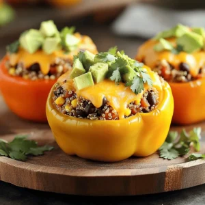 - 4 large bell peppers (any color) - 1 cup quinoa, rinsed - 2 cups vegetable broth - 1 can (15 oz) black beans, drained and rinsed - 1 cup corn kernels (fresh or frozen) - 1 small red onion, diced - 2 cloves garlic, minced - 1 teaspoon ground cumin - 1 teaspoon smoked paprika - 1 teaspoon chili powder - Salt and pepper to taste - 1 cup shredded cheddar cheese (optional) - 1 avocado, diced (for garnish) - Fresh cilantro, chopped (for garnish) - Baking dish - Medium saucepan - Large skillet - Aluminum foil - Measuring cups and spoons Gathering the right ingredients is key. I love using bright bell peppers. They bring color and flavor. Quinoa is my go-to grain. It cooks quickly and adds protein. Black beans are hearty and filling. Corn gives a sweet crunch. You’ll need a few spices to boost the flavor. Ground cumin, smoked paprika, and chili powder create warmth. Don’t forget salt and pepper. They are essential for taste. If you love cheese, add cheddar on top for a gooey finish. For serving, I like to add diced avocado and fresh cilantro. These toppings add freshness and a nice pop of color. Make sure you have the right tools. A baking dish holds the peppers. A medium saucepan cooks the quinoa. You’ll use a large skillet for sautéing. Measuring cups and spoons help keep you precise. Cooking should be fun and easy. With these ingredients and tools, you will create a tasty meal. Check out the Full Recipe for more details on how to prepare this dish! - Preheat the oven to 375°F (190°C). - Cut the tops off and scoop out seeds from bell peppers. - Bring vegetable broth to a boil and add rinsed quinoa. - Cover and simmer for 15 minutes until fluffy. - Sauté diced red onion and minced garlic in a skillet. - Add black beans, corn, quinoa, spices, and stir to combine. - Fill each pepper with the quinoa mixture, top with cheese if desired. - Cover and bake for 25 minutes, uncover and bake for an additional 10-15 minutes. This recipe brings together great flavors and textures. You can find the Full Recipe for more details. Enjoy making your stuffed peppers! - Use a mix of color bell peppers for visual appeal. It makes the dish more inviting. - Do not overcook quinoa for a better texture. Fluffy quinoa holds the filling well. - Arrange on a vibrant platter with garnishes. Bright colors make your meal pop. - Use sour cream or hot sauce for added flavor. A little extra zest elevates the dish. - Prepare filling while preheating the oven to save time. Multitasking speeds up your cooking. - Let peppers cool slightly before serving for easier handling. This makes them safer and more enjoyable to eat. Remember, these tips help you create the best Southwest Stuffed Peppers. You can find the Full Recipe in the earlier section. {{image_4}} You can easily change the protein in your stuffed peppers. Substitute quinoa with brown rice or couscous for a different base. This gives you a nice texture and flavor. If you want meat, add some ground turkey or chicken. This makes the dish hearty and filling. If you prefer a vegetarian dish, replace black beans with lentils. Lentils add a unique taste and are packed with protein. You can also use different vegetables like zucchini or mushrooms. This keeps your meal fresh and exciting. For those who love a kick, spice it up by adding jalapeños to the filling. This adds heat and depth. You can also explore different cheese varieties. Try pepper jack for a spicy twist or feta for a tangy punch. Each cheese brings its own flavor dimension. Store your leftover stuffed peppers in an airtight container. They keep well in the fridge for up to 4 days. Be sure to separate any sauce or toppings. This helps keep the texture fresh and tasty. If you want to keep them longer, freeze the unbaked stuffed peppers. Place them in a single layer with parchment between each pepper. For the best quality, use them within 2-3 months. You can reheat stuffed peppers in the microwave or oven. Heat them until they are warm all the way through. For an even better taste, add extra cheese or toppings before reheating. This keeps them fresh and flavorful. Total bake time is approximately 35-40 minutes at 375°F (190°C). This ensures the peppers cook through and the flavors blend well. Always check for doneness by piercing a pepper with a fork; it should be tender yet firm. Yes, you can prepare and refrigerate before baking for convenience. Just stuff the peppers, cover them, and store them in the fridge. When you're ready to bake, simply add a few extra minutes to the cooking time. Consider veggies, grains, or different proteins based on taste preferences. You can use rice, lentils, or even diced tomatoes. Mix in your favorite spices for a unique twist. The options are endless! Yes, add cayenne pepper or hot sauce to the filling for a kick. Start with a small amount, taste, and adjust to your heat level. You can also add jalapeños for extra spice and flavor. In this post, I shared how to make delicious Southwest Stuffed Peppers. We covered the key ingredients, tools, and step-by-step instructions. You also learned helpful tips for cooking and presenting your dish. Feel free to customize the recipe to fit your taste. Whether you prefer quinoa or want to spice it up, the options are endless. Enjoy making this fun and colorful meal that is sure to impress!