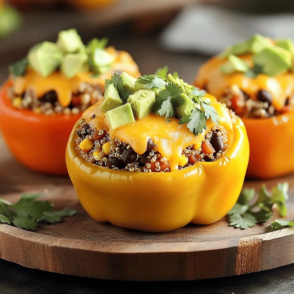 - 4 large bell peppers (any color) - 1 cup quinoa, rinsed - 2 cups vegetable broth - 1 can (15 oz) black beans, drained and rinsed - 1 cup corn kernels (fresh or frozen) - 1 small red onion, diced - 2 cloves garlic, minced - 1 teaspoon ground cumin - 1 teaspoon smoked paprika - 1 teaspoon chili powder - Salt and pepper to taste - 1 cup shredded cheddar cheese (optional) - 1 avocado, diced (for garnish) - Fresh cilantro, chopped (for garnish) - Baking dish - Medium saucepan - Large skillet - Aluminum foil - Measuring cups and spoons Gathering the right ingredients is key. I love using bright bell peppers. They bring color and flavor. Quinoa is my go-to grain. It cooks quickly and adds protein. Black beans are hearty and filling. Corn gives a sweet crunch. You’ll need a few spices to boost the flavor. Ground cumin, smoked paprika, and chili powder create warmth. Don’t forget salt and pepper. They are essential for taste. If you love cheese, add cheddar on top for a gooey finish. For serving, I like to add diced avocado and fresh cilantro. These toppings add freshness and a nice pop of color. Make sure you have the right tools. A baking dish holds the peppers. A medium saucepan cooks the quinoa. You’ll use a large skillet for sautéing. Measuring cups and spoons help keep you precise. Cooking should be fun and easy. With these ingredients and tools, you will create a tasty meal. Check out the Full Recipe for more details on how to prepare this dish! - Preheat the oven to 375°F (190°C). - Cut the tops off and scoop out seeds from bell peppers. - Bring vegetable broth to a boil and add rinsed quinoa. - Cover and simmer for 15 minutes until fluffy. - Sauté diced red onion and minced garlic in a skillet. - Add black beans, corn, quinoa, spices, and stir to combine. - Fill each pepper with the quinoa mixture, top with cheese if desired. - Cover and bake for 25 minutes, uncover and bake for an additional 10-15 minutes. This recipe brings together great flavors and textures. You can find the Full Recipe for more details. Enjoy making your stuffed peppers! - Use a mix of color bell peppers for visual appeal. It makes the dish more inviting. - Do not overcook quinoa for a better texture. Fluffy quinoa holds the filling well. - Arrange on a vibrant platter with garnishes. Bright colors make your meal pop. - Use sour cream or hot sauce for added flavor. A little extra zest elevates the dish. - Prepare filling while preheating the oven to save time. Multitasking speeds up your cooking. - Let peppers cool slightly before serving for easier handling. This makes them safer and more enjoyable to eat. Remember, these tips help you create the best Southwest Stuffed Peppers. You can find the Full Recipe in the earlier section. {{image_4}} You can easily change the protein in your stuffed peppers. Substitute quinoa with brown rice or couscous for a different base. This gives you a nice texture and flavor. If you want meat, add some ground turkey or chicken. This makes the dish hearty and filling. If you prefer a vegetarian dish, replace black beans with lentils. Lentils add a unique taste and are packed with protein. You can also use different vegetables like zucchini or mushrooms. This keeps your meal fresh and exciting. For those who love a kick, spice it up by adding jalapeños to the filling. This adds heat and depth. You can also explore different cheese varieties. Try pepper jack for a spicy twist or feta for a tangy punch. Each cheese brings its own flavor dimension. Store your leftover stuffed peppers in an airtight container. They keep well in the fridge for up to 4 days. Be sure to separate any sauce or toppings. This helps keep the texture fresh and tasty. If you want to keep them longer, freeze the unbaked stuffed peppers. Place them in a single layer with parchment between each pepper. For the best quality, use them within 2-3 months. You can reheat stuffed peppers in the microwave or oven. Heat them until they are warm all the way through. For an even better taste, add extra cheese or toppings before reheating. This keeps them fresh and flavorful. Total bake time is approximately 35-40 minutes at 375°F (190°C). This ensures the peppers cook through and the flavors blend well. Always check for doneness by piercing a pepper with a fork; it should be tender yet firm. Yes, you can prepare and refrigerate before baking for convenience. Just stuff the peppers, cover them, and store them in the fridge. When you're ready to bake, simply add a few extra minutes to the cooking time. Consider veggies, grains, or different proteins based on taste preferences. You can use rice, lentils, or even diced tomatoes. Mix in your favorite spices for a unique twist. The options are endless! Yes, add cayenne pepper or hot sauce to the filling for a kick. Start with a small amount, taste, and adjust to your heat level. You can also add jalapeños for extra spice and flavor. In this post, I shared how to make delicious Southwest Stuffed Peppers. We covered the key ingredients, tools, and step-by-step instructions. You also learned helpful tips for cooking and presenting your dish. Feel free to customize the recipe to fit your taste. Whether you prefer quinoa or want to spice it up, the options are endless. Enjoy making this fun and colorful meal that is sure to impress!