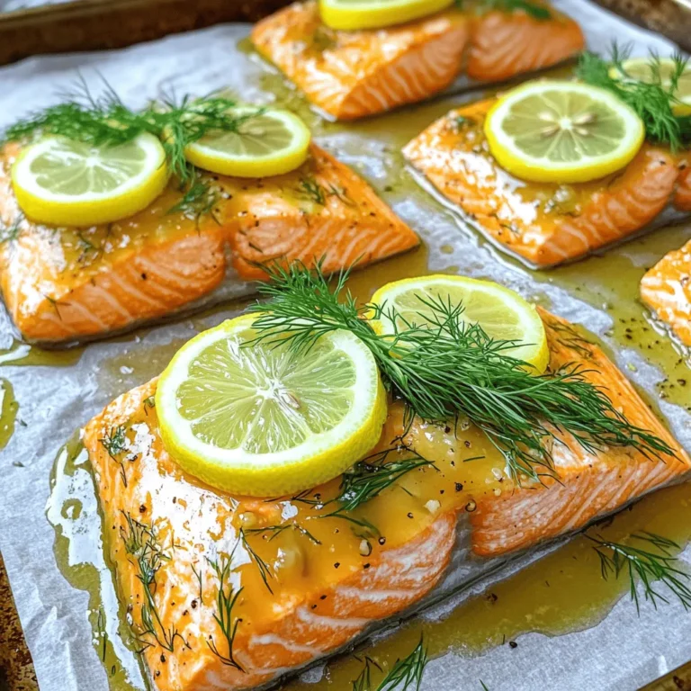 - 4 salmon fillets (approximately 6 oz each) - 2 lemons (juice of one lemon, and the other sliced for garnish) - 3 tablespoons fresh dill, finely chopped - 2 tablespoons extra virgin olive oil - 1 teaspoon garlic powder - Salt and freshly ground black pepper, to taste - 1 tablespoon Dijon mustard (optional, for a zesty kick) - Fresh dill sprigs, for final garnish - Additional lemon slices for serving Gathering fresh ingredients is crucial for this Lemon Dill Salmon recipe. The salmon fillets should be firm and bright in color. Look for the ones with clear eyes and a fresh smell. The lemons should be juicy and bright yellow. Fresh dill adds a lovely aroma and flavor. I like to use extra virgin olive oil because it adds richness. Garlic powder gives depth without overpowering the fish. Salt and pepper enhance all the flavors. If you want a bit of spice, Dijon mustard is a great addition. For garnishing, add fresh dill sprigs and lemon slices. They make the dish look vibrant and inviting. This mix of ingredients creates a delightful meal that is easy to prepare. You can find the full recipe above for more details. - Preheat your oven to 400°F (200°C). - In a bowl, mix olive oil, lemon juice, dill, garlic powder, salt, and pepper. - Line a baking sheet with parchment paper. - Place the salmon fillets on the sheet, giving them space. - Use a brush to coat each fillet with the olive oil mixture. - Lay a lemon slice on top of each salmon fillet. - Bake the salmon for 12-15 minutes. - Check if it flakes easily with a fork. The internal temperature should reach 145°F (63°C). - After baking, let the salmon rest for about 5 minutes. Serve it hot with fresh dill and extra lemon slices. For the full recipe, check the detailed instructions above. The best internal temperature for salmon is 145°F (63°C). You can check this with a food thermometer. When salmon is done, it should flake easily with a fork. The flesh should appear opaque and moist. Look for a nice pink color in the center. Marinating the salmon is key for great taste. It helps the salmon soak up the lemon and dill flavors. I recommend marinating for at least 30 minutes before cooking. You can also try adding honey or soy sauce for a sweet twist. Great flavor pairings include garlic, capers, and even a dash of chili for some heat. To serve salmon beautifully, place it on a large platter. Drizzle any leftover olive oil mixture on top. Add fresh lemon slices around the fish for color. You can serve Lemon Dill Salmon with seasonal vegetables, rice, or a crisp green salad. These sides bring out the fresh flavors of the dish beautifully. For more ideas, check the Full Recipe. {{image_4}} Grilling Lemon Dill Salmon Grilling adds a nice smoky flavor to salmon. To grill, preheat your grill to medium-high heat. Brush the salmon with the lemon-dill mixture. Place the fillets skin side down on the grill. Cook for about 6-8 minutes per side. You want the salmon to flake easily. Pan-searing instructions Pan-searing gives a crispy crust. Heat a non-stick pan with a little olive oil over medium heat. Place the salmon fillets skin side down in the pan. Cook for 4-5 minutes until the skin is crispy. Flip the fillets and cook for another 4-5 minutes. This method locks in flavor and moisture. Alternative herbs to use If you want a new twist, try using parsley or basil instead of dill. These herbs bring their own unique taste. You can also mix herbs for a special flavor. Adjusting flavors with different citrus Lemon is great, but lime or orange can work too. Lime adds a zesty kick, while orange gives a sweet touch. Experiment with different citrus to find your favorite flavor. Gluten-free modifications This recipe is naturally gluten-free. Just make sure any sauces or mustards you use are gluten-free. Look for labels to ensure safety. Low-sodium options To lower the sodium, skip the added salt. Instead, use fresh herbs to enhance flavor. You can also use low-sodium soy sauce or tamari in place of salt if you need a savory boost. To keep your Lemon Dill Salmon fresh, place it in an airtight container. Make sure it cools to room temperature before sealing. This will help prevent moisture loss. You can store the salmon in the fridge for up to three days. If you want to keep it longer, freezing is a great option. Wrap the salmon tightly in plastic wrap, then place it in a freezer bag. This method helps avoid freezer burn. When done right, frozen salmon can last for up to three months. When it's time to enjoy leftovers, reheating is key. I recommend using the oven to maintain the salmon's texture. Preheat your oven to 350°F (175°C). Place the salmon on a baking sheet and cover it with foil. Heat for about 10-15 minutes, or until it's warm throughout. If you're in a hurry, you can use the microwave. Just place the salmon on a microwave-safe plate and cover it lightly. Heat in 30-second intervals until warm, but be careful not to overcook. In the fridge, Lemon Dill Salmon stays fresh for about three days. If you see any discoloration or a sour smell, it’s best to toss it. Fresh salmon should look bright and smell like the ocean. If it has a strong fishy odor, it’s likely spoiled. Always check your leftovers before diving in. Keeping track of these signs helps ensure your meals stay safe and tasty. What sides go best with Lemon Dill Salmon? I love pairing Lemon Dill Salmon with fresh green beans and fluffy rice. You can also try roasted asparagus or a crisp garden salad. These sides add color and texture. They also balance the flavors of the salmon well. Can I use frozen salmon for this recipe? Yes, you can use frozen salmon. Just remember to thaw it first. Place it in the fridge overnight or run it under cold water. This way, it cooks evenly and stays juicy. How do I know when salmon is fully cooked? Salmon is done when it flakes easily with a fork. The flesh should be opaque and not translucent. You can also check the internal temperature. It should reach at least 145°F (63°C). Is it necessary to soak the salmon before cooking? No, you do not need to soak the salmon. Soaking can change its texture. Instead, just season it well. The lemon and dill will add great flavor. Can I use dried dill instead of fresh? Yes, you can use dried dill. Use about one teaspoon of dried dill for each tablespoon of fresh. Dried dill is stronger, so adjust to your taste. What can I use instead of Dijon mustard? If you don’t have Dijon mustard, try whole grain mustard or a bit of honey. You can also skip it if you want a milder flavor. The dish will still taste great without it. In this blog post, we explored how to make Lemon Dill Salmon with fresh ingredients. We discussed the main and seasoning ingredients, as well as step-by-step baking instructions. I shared tips for perfect cooking and ways to enhance flavor. You learned about variations and how to store leftovers properly. Now, you can enjoy delicious salmon anytime. Use these tips to impress your family and friends. Cook, taste, and have fun with all the possibilities!