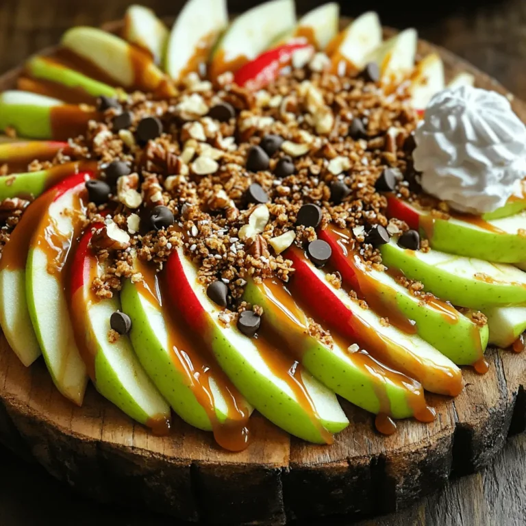To make caramel apple nachos, gather these key ingredients: - 2 large apples (Granny Smith or Honeycrisp), thinly sliced - 1 cup granola (your favorite flavor for added crunch) - 1 cup mini chocolate chips - 1/2 cup caramel sauce (either store-bought or homemade) - 1/4 cup chopped nuts (walnuts, pecans, or almonds) - 1/4 teaspoon cinnamon (for a warm flavor) - Whipped cream (optional, for a rich finish) These ingredients work together to create a sweet and crunchy treat that everyone will love. You can enhance your nachos with extra toppings. Here are some fun ideas: - Sprinkles for color and joy - Dried fruit like raisins or cranberries - Coconut flakes for a tropical twist - Peanut butter drizzle for a nutty flavor - Sea salt to balance the sweetness Feel free to mix and match based on your taste! Don’t worry if you don’t have everything. Here are some swaps you can try: - Use pears instead of apples for a different taste. - Swap granola for crushed cookies or pretzels for added crunch. - Try different types of chocolate, like white or dark. - Use honey or maple syrup instead of caramel for a lighter sweet. With these substitutions, you can create a unique version of caramel apple nachos. For the full recipe, check out the details above. Start by washing your apples well. This helps remove dirt and wax. Choose two large apples, like Granny Smith or Honeycrisp. Slice them into thin rounds. Be sure to cut out the core and seeds. Arrange the apple slices on a large platter or a parchment-lined baking sheet. This makes clean-up easy. Once arranged, sprinkle cinnamon over the apple slices. The cinnamon adds warmth and flavor. Now, it’s time to build your nachos. Drizzle caramel sauce over the apple slices. Let the sauce seep into the gaps. This adds a sweet surprise with every bite. Next, sprinkle granola on top. Use your favorite flavor for added crunch. After that, scatter mini chocolate chips and chopped nuts over the nachos. This mix of textures makes it fun to eat. For an extra treat, add more caramel sauce on top. This makes the nachos look and taste even better. To make a perfect caramel drizzle, use a squeeze bottle. This gives you better control. If the sauce is too thick, warm it slightly in the microwave. This will help it flow easier. Drizzle in a zigzag pattern for a nice look. Don't forget to let some caramel drip between the apples. This adds sweetness where you least expect it. Enjoy your Caramel Apple Nachos right away for the best taste. For a luxurious touch, serve with whipped cream on the side. For the complete details, check the Full Recipe. For the best flavor and crunch, I recommend using Granny Smith or Honeycrisp apples. - Granny Smith: These apples are tart and crisp, which balance the sweet caramel. - Honeycrisp: Sweet and juicy, they add a nice touch to the nachos. When choosing apples, look for firm ones with bright colors. Avoid soft or bruised apples. Their texture will enhance your dish. To get a great caramel drizzle, heat your caramel sauce gently. You can use a microwave or stovetop. - Microwave: Heat in short bursts, stirring in between until smooth. - Stovetop: Warm in a small pot over low heat, stirring constantly. Drizzle the warm caramel over the apples in a zigzag pattern. This adds a nice visual touch and ensures even coverage. If you want extra flavor, mix in a bit of sea salt for a salted caramel effect. Serve your caramel apple nachos right after making them. This keeps the apples crisp and the caramel gooey. - Add a dollop of whipped cream for extra creaminess. - Pair with cinnamon ice cream for a delicious twist. You can also serve these nachos at parties. They are a fun and shareable dessert everyone will love. For a more festive touch, add some sprinkles or edible glitter on top. {{image_4}} You can change the flavor of your caramel apple nachos easily. Try using different apples like Fuji or Gala for a sweeter taste. For a twist, add peanut butter or Nutella instead of caramel. You can also mix in crushed cookies, like Oreos, for a chocolatey crunch. If you love spice, try adding a pinch of cayenne pepper to your caramel sauce. This adds warmth and a fun kick to each bite. Want a healthier version of caramel apple nachos? Choose low-sugar caramel sauce or make your own using dates. Use yogurt instead of whipped cream for a creamy touch without added sugar. For a crunch, add seeds like pumpkin or sunflower instead of nuts. You can also swap out granola for a nut-based mix. This keeps the texture while lowering carbs and sugar. For fall, add pumpkin spice to your nachos. Top with chopped candied pecans for a festive crunch. During the summer, use fresh berries like strawberries or blueberries. They pair well with the apples and add freshness. For winter, sprinkle crushed peppermint candy on top for a holiday vibe. Each season brings chances to make this dish special and fun. For the full recipe, check out the Caramel Apple Nachos Delight. To store leftover caramel apple nachos, place them in an airtight container. Layer parchment paper between the nachos to keep them from sticking together. This helps maintain their texture. Make sure to seal the container well to keep out air. Reheating nachos can be tricky. You want to warm them without making them soggy. Preheat your oven to 350°F (175°C). Spread the nachos on a baking sheet and heat for about 5-10 minutes. Check often so they don’t overcook. Avoid the microwave, as it makes them mushy. Leftover nachos stay fresh for about two days in the fridge. After that, the apples may get soft. Always check for any signs of spoilage before eating. If you want to keep them longer, consider freezing the apple slices and toppings separately. This way, you can enjoy fresh nachos later! Yes, you can! Chocolate sauce, peanut butter, or even yogurt work well. Each sauce adds a new flavor. Try mixing sauces for a fun twist. A drizzle of chocolate adds sweetness alongside the caramel. Just remember, every sauce changes the taste of the nachos. To keep apples fresh, dip them in lemon juice. This stops oxidation and keeps them bright. You can also soak the slices in a mix of water and lemon juice for a few minutes. Rinse and dry them before serving. This way, your nachos look nice and fresh! It’s best to prepare them just before serving. If you make them early, the apples may brown and get soggy. To save time, slice apples and store them in lemon water. You can also gather toppings ahead. Assemble your nachos right before you eat for the best taste. For the full recipe, check out the section above! Caramel apple nachos are a fun and tasty treat you can make easily. We covered key ingredients and optional toppings that fit your taste. I shared simple steps to prep your apples and achieve the best caramel drizzle. Also, explore variations, storage tips, and solution for common questions. With these ideas, you can create a sweet dessert for any occasion. Enjoy your time making and sharing this delicious snack!
