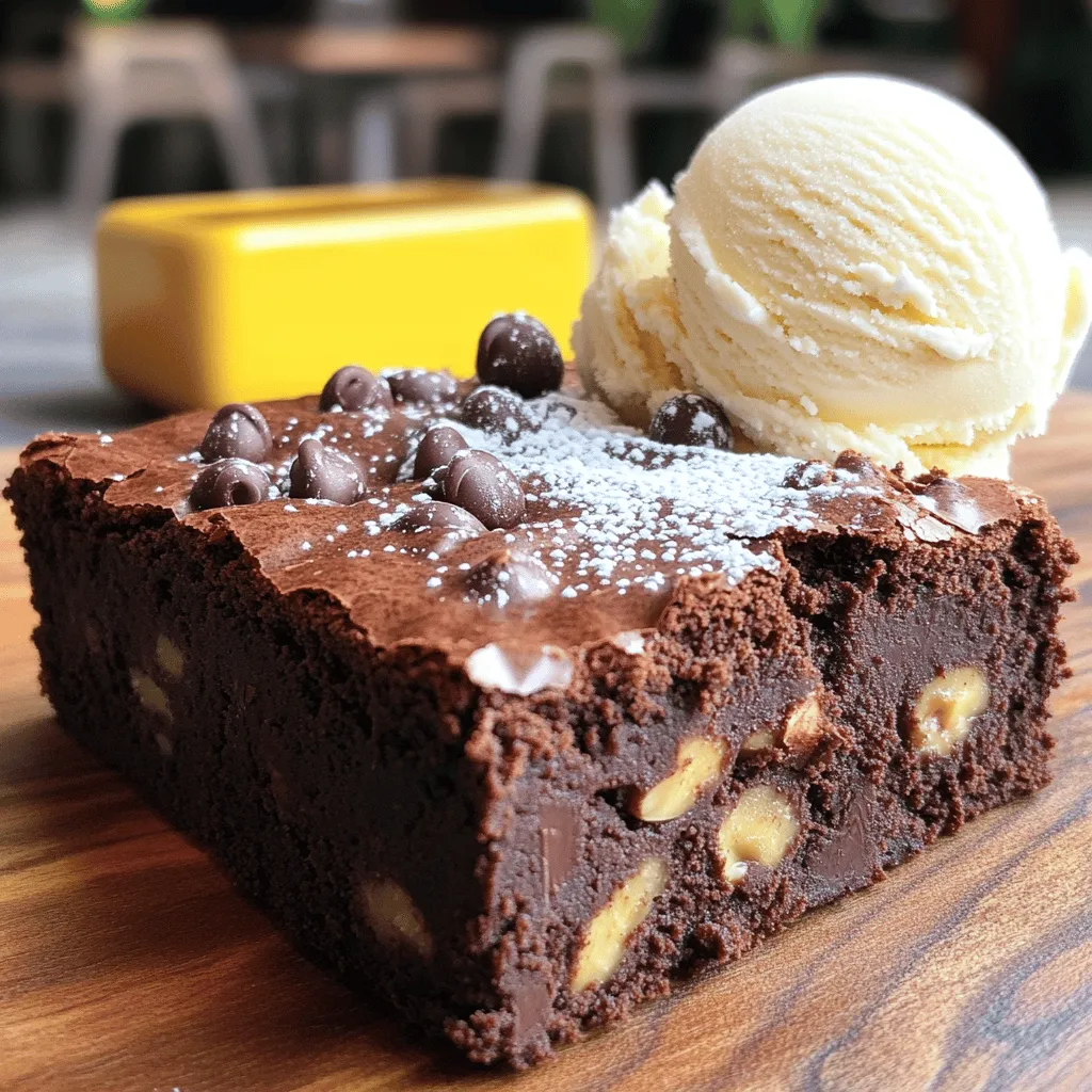 To make classic chocolate brownies, you need the following ingredients: - 1 cup (2 sticks) unsalted butter - 2 cups granulated sugar - 4 large eggs, at room temperature - 1 teaspoon pure vanilla extract - 1 cup all-purpose flour - 1 cup unsweetened cocoa powder - ½ teaspoon baking powder - ½ teaspoon sea salt - 1 cup semi-sweet chocolate chips - Optional: ½ cup chopped walnuts or pecans for added crunch You can use margarine if you need a butter alternative. For a deeper flavor, try using dark cocoa powder instead of regular cocoa. If you want to make this recipe gluten-free, swap the all-purpose flour with a gluten-free blend. Feel free to customize your brownies with these fun ideas: - Nuts: Consider using walnuts or pecans for extra texture. Almonds also work great. - Chocolate types: Mix semi-sweet and dark chocolate chips for rich flavor. - Flavor variations: Add a teaspoon of mint extract or some orange zest for a twist. These add-ins can enhance the taste and make your brownies unique. Mixing flavors can lead to exciting new experiences in every bite. To make the brownie batter, follow these steps: 1. Melt the butter: Start by melting 1 cup of unsalted butter in a medium saucepan over low heat. Stir often until it’s fully melted. 2. Add sugar: Once the butter is melted, remove it from the heat. Stir in 2 cups of granulated sugar until it looks smooth. 3. Add eggs: Crack 4 large eggs into the butter-sugar mix. Add them one at a time. Mix well after each egg, so the batter combines nicely. 4. Mix in vanilla: Add 1 teaspoon of pure vanilla extract. This gives the brownies a nice flavor. 5. Combine dry ingredients: In another bowl, sift together 1 cup of all-purpose flour, 1 cup of unsweetened cocoa powder, ½ teaspoon of baking powder, and ½ teaspoon of sea salt. This helps mix the dry ingredients well. 6. Fold dry into wet: Gently fold the dry mix into the wet mix. Use a spatula to combine until just mixed. Do not overmix, or the brownies won’t be fudgy. 7. Add chocolate chips: Toss in 1 cup of semi-sweet chocolate chips. If you like, add ½ cup of chopped walnuts or pecans for crunch. Mix until they are spread evenly in the batter. 8. Prepare the pan: Grease a 9x13-inch baking pan or line it with parchment paper. This makes it easy to remove the brownies later. 9. Pour batter: Pour the brownie batter into the pan. Use a spatula to spread it evenly. Now, it’s time to bake! 1. Preheat oven: Set your oven to 350°F (175°C). This ensures even baking. 2. Bake brownies: Place the pan in the oven. Bake for 30 to 35 minutes. 3. Check for doneness: To check, insert a toothpick into the center. It should come out with a few moist crumbs. If it’s wet, bake a little longer. Avoid overbaking for that perfect fudgy texture. After baking, let’s cool and cut the brownies. 1. Cool in the pan: Allow the brownies to cool in the pan for at least 15 minutes. This helps them firm up. 2. Transfer to wire rack: After 15 minutes, move the brownies to a wire rack. Let them cool completely before cutting. 3. Cutting tips: Use a sharp knife for clean cuts. Wipe the knife after each cut for neat squares. 4. Serving size: Cut into generous squares. Each piece should be a lovely bite of fudgy goodness. For a special touch, dust the brownies with powdered sugar before serving. Enjoy these delightful treats with a scoop of vanilla ice cream for extra indulgence. For the complete recipe, refer to the Full Recipe. To make the best fudgy brownies, focus on mixing. After melting the butter, stir in the sugar until smooth. Add eggs one at a time. Mix well after each egg. This helps create a rich texture. Don't overmix the dry and wet ingredients. Fold them gently just until combined. Common mistakes include overbaking and using too much flour. Overbaking leads to dry brownies. Aim for a toothpick with few moist crumbs. If you use too much flour, your brownies will be cake-like. Measure carefully for the best results. Brownies keep well at room temperature. Store them in an airtight container for up to five days. If you want to keep them longer, the fridge is a good option. Just remember, cold brownies can lose some flavor. To revive leftovers, warm them in the microwave for 10-15 seconds. This restores their fudgy goodness. You can also serve them with a scoop of ice cream for a tasty treat. For the full recipe, check out the [Full Recipe]. {{image_4}} For a gluten-free treat, try flourless brownies. You can use almond flour or ground oats instead of regular flour. These options add a nice texture and flavor. You should also reduce baking time. Check them after 25 minutes to avoid dryness. If you want a lighter version, use less sugar. You can swap half of the sugar with unsweetened applesauce. This keeps the brownies moist. For fats, use avocado or coconut oil. These substitutes make the brownies healthier but still tasty. To spice things up, add a dash of coffee or a pinch of sea salt. These flavors enhance the chocolate taste. You can also use extracts like almond or orange for a lovely twist. Just a little goes a long way in changing the flavor profile. Serving classic chocolate brownies is easy and fun. You can serve them warm with a scoop of ice cream. Vanilla ice cream works great, but try mint or coffee flavors for a twist. You can also top brownies with whipped cream. A sprinkle of chocolate shavings adds a nice touch. For a beautiful presentation, cut the brownies into squares. Place them on a decorative plate. Dust with powdered sugar for a fancy look. Add fresh berries or a sprig of mint beside each brownie. These details make the dish more appealing. Brownies are versatile and can be served in many ways. One fun idea is a brownie sundae. Start with a warm brownie, add a scoop of ice cream, and drizzle chocolate sauce on top. Finish with whipped cream and a cherry for a delightful treat. You can pair brownies with drinks too. A strong cup of coffee complements the rich chocolate flavor. Hot cocoa or milk also works well. For a unique twist, serve brownies with a side of fresh fruit. The sweetness of the fruit balances the rich brownies. For more ideas, check out the Full Recipe to explore all the delicious details! To check if your brownies are done, look for a few signs. The top should look set and slightly shiny. When you insert a toothpick in the center, it should come out with a few moist crumbs. This means your brownies are fudgy and perfect. If the toothpick comes out with wet batter, they need more time. Keep a close watch in the last few minutes of baking to avoid overbaking. Yes, you can freeze brownies! To freeze them, let them cool completely first. Cut your brownies into squares, then wrap each piece in plastic wrap. Place them in a freezer bag or container. They can last up to three months in the freezer. When you're ready to eat them, thaw them in the fridge overnight or at room temperature for a few hours. For neat cuts, use a sharp knife. First, let the brownies cool completely in the pan. For even cleaner cuts, wipe the knife with a damp cloth after each cut. This way, you have smooth edges. You can also use a pizza cutter for quick slicing. If you want, line your baking pan with parchment paper. This makes it easy to lift out the brownies for cutting. You’ve learned how to make classic chocolate brownies, from ingredients to serving tips. Whether you prefer fudgy or flourless, options abound to suit your taste. Remember, small changes can create big flavors. Experiment with add-ins or healthier swaps to make them your own. With these steps, you can enjoy delicious brownies any time. Happy baking!