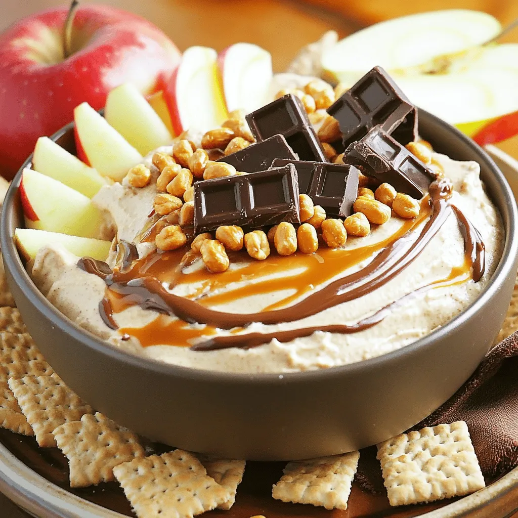 - 8 oz cream cheese, softened - 1 cup powdered sugar - 1 cup whipped topping - 1 cup chocolate syrup - 1 cup roasted peanuts, chopped - 1/2 cup caramel sauce - 1 teaspoon pure vanilla extract - Mini chocolate bars for garnish - Fresh apple slices or graham crackers for serving You can use Greek yogurt as a swap for cream cheese. It adds a nice tang. If you don’t have whipped topping, heavy cream works too. Just whip it until fluffy. For caramel sauce, you can use store-bought or make your own. You could even try maple syrup for a fun twist! Using fresh ingredients makes a big difference. Fresh cream cheese gives a rich taste that frozen can't match. Fresh peanuts add crunch and flavor. Using natural peanut options is best. They taste better and avoid added sugars. Quality ingredients ensure your dip will be a hit! Making Snickers Inspired Dessert Dip is simple and fun. You will need just a few tools: - Large mixing bowl - Electric mixer - Spatula - Serving bowl This dip comes together in just a few steps. You mix, fold, and serve. 1. Mixing the cream cheese and powdered sugar Start by placing the softened cream cheese in the large mixing bowl. Beat it until smooth using an electric mixer. This will take about 1-2 minutes. Make sure there are no lumps. Next, gradually sift in the powdered sugar. Mix on low speed until it's fully combined. 2. Folding in the whipped topping and other ingredients Carefully fold in the whipped topping with a spatula. This makes the dip airy and fluffy. Once combined, pour in the chocolate syrup and vanilla extract. Stir gently until everything is well mixed. 3. Finalizing the dip and garnishing Now, add the chopped roasted peanuts and caramel sauce. Fold them in so they mix evenly without losing the dip’s light texture. Spoon the dip into a decorative bowl. Drizzle extra caramel sauce and chocolate syrup on top for a nice touch. For a fun garnish, add mini chocolate bars or some chopped peanuts. Serve with fresh apple slices or graham crackers for dipping. Consider taking pictures of each step. Capture the smooth cream cheese, the airy dip, and the final garnished bowl. These images will guide others and make your cooking experience more fun. You could also create a short video to show your process. This will help others learn and enjoy making their own Snickers Inspired Dessert Dip. To get the right creaminess, start with softened cream cheese. Beat it until smooth. This step avoids lumps in your dip. Use an electric mixer on low speed. Gradually add powdered sugar for the best blend. Mixing too fast can cause lumps. Once the sugar blends in, fold in the whipped topping gently. This keeps the dip light and airy. The best dippers for this dessert dip are fresh apple slices and graham crackers. They add a nice crunch and balance the dip's sweetness. You can also use pretzels for a salty twist. For drinks, serve with milk or a creamy hot cocoa. Both pair well with the rich flavors of the dip. Creatively arrange the apple slices and graham crackers around the dip. This makes your platter look inviting. You can use a colorful platter or a rustic wooden board for a fun touch. For garnishes, drizzle extra caramel and chocolate on top. Add mini chocolate bars or chopped peanuts for a pop of color. These small touches make the dip shine! {{image_4}} You can mix things up with your Snickers inspired dessert dip. Try adding some peanut butter for extra creaminess. A touch of sea salt can enhance the sweet flavors. You could also add some crushed cookies for crunch. Seasonal ingredients can bring new life to the dip. For fall, consider adding pumpkin spice. In summer, fresh berries can add a nice twist. If you want a low-sugar version, use a sugar substitute in place of powdered sugar. You can also find vegan cream cheese for a plant-based version. For gluten-free options, serve with rice cakes or fruit slices instead of graham crackers. Always check labels to ensure your ingredients are truly gluten-free. Serving your dip can be fun and creative. Use small cups for individual portions. This makes it easy for guests to grab and enjoy. You can also use a large board with bowls for a beautiful spread. Different bowls can add color and flair to your table. Consider using clear glass bowls to show off the layers of the dip. For more ideas and a detailed guide, check out the Full Recipe for Snickers Inspired Dessert Dip. To keep your Snickers Inspired Dessert Dip fresh, store it in an airtight container. This will help trap moisture and prevent it from drying out. I recommend using a glass or plastic container with a tight lid. It’s best to avoid metal containers since they can react with the dip. You can enjoy this dip cold, so reheating is not necessary. However, if you want to warm it slightly, use a microwave. Heat it in short bursts of 10-15 seconds, stirring in between. Leftovers can also be used in other fun recipes. Try spreading it on toast or using it as a topping for pancakes. You can even mix it into your morning oatmeal for a sweet treat! In the fridge, this dip lasts about 3 to 5 days. To ensure it’s still good, check for any changes in smell or texture. If you see any mold or off odors, it’s best to toss it. Always trust your senses! How to make Snickers Inspired Dessert Dip without cream cheese? You can use Greek yogurt or silken tofu for a creamy base. Both options give great taste. Greek yogurt adds a tangy touch, while silken tofu is smooth and mild. Adjust sugar for sweetness. Can I make this dip ahead of time? Yes, you can prepare the dip a day before. Store it in the fridge. Just cover it well with plastic wrap. This lets the flavors blend nicely. Stir before serving to refresh its texture. What can I use instead of roasted peanuts? Try using chopped almonds or cashews. Both options keep the crunch you want. Sunflower seeds are a great nut-free option too. They add a delightful texture without the nuts. How long does it take to prepare? The prep time is about 15 minutes. This recipe is quick and easy, perfect for a last-minute treat. What is the total time from start to finish? Total time is also 15 minutes. You won't need to wait long to enjoy this sweet dip. How many people does the recipe serve? This recipe serves 6 to 8 people. It’s ideal for small gatherings or parties. Adjusting servings for larger gatherings To serve more, simply double the ingredients. This dip is easy to scale up. Make sure to use a larger bowl for mixing and serving. This blog covered the best ingredients for a delicious dessert dip. We discussed substitutions to suit your needs and why fresh ingredients make a difference. I shared step-by-step instructions, tips for perfecting the texture, and ideas for presentation. Remember, you can adjust flavors and make this dip fit any diet. With proper storage, leftovers will last and stay tasty. I hope you feel inspired to create your own version. Enjoy every delicious bite!