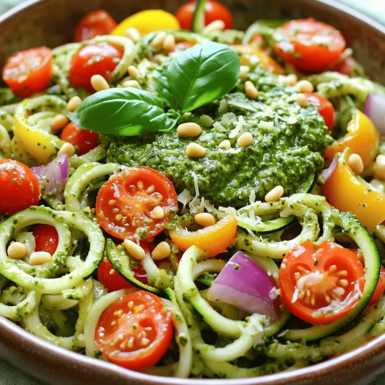 - 3 medium zucchinis (spiralized) - 1 cup cherry tomatoes (halved) - 1/2 cup bell peppers (diced) - 1/4 cup red onion (thinly sliced) - 1 cup fresh basil leaves - 1/4 cup pine nuts (lightly toasted) - 1/2 cup grated parmesan cheese (or nutritional yeast for a vegan option) - 1/2 cup extra virgin olive oil - 2 cloves garlic (minced) - Sea salt and freshly ground black pepper (to taste) - Juice of 1 lemon I love choosing fresh ingredients for my Pesto Zoodle Salad. The zucchinis become long, curly noodles when you spiralize them. They are light and perfect for summer. Cherry tomatoes add a sweet bite. Use any color bell peppers for a pop of color. I enjoy the crunch of red onions. Fresh basil gives that classic pesto flavor. Pine nuts add a rich, nutty taste. You can swap grated parmesan cheese for nutritional yeast if you prefer a vegan option. Extra virgin olive oil makes the pesto creamy and smooth. The garlic gives a punch of flavor, while lemon juice brightens the dish. Don’t forget the sea salt and black pepper for seasoning. - Spiralizer - Food processor - Mixing bowl You will need a spiralizer to create the zoodles. A food processor helps blend the pesto quickly. A mixing bowl is essential for combining all the delicious ingredients. The caloric content per serving varies based on the ingredients used. On average, this salad packs around 200 calories per serving. The macronutrient breakdown is roughly 15g of fat, 8g of carbs, and 5g of protein. This makes it a light and healthy dish. You can find the full recipe for the Pesto Zoodle Salad above. Enjoy making this fresh and healthy meal! To make the pesto, you'll need: - 1 cup fresh basil leaves - 1/4 cup pine nuts (lightly toasted) - 1/2 cup grated parmesan cheese (or nutritional yeast) - 2 cloves garlic (minced) - 1/2 cup extra virgin olive oil - Sea salt and freshly ground black pepper - Juice of 1 lemon Start by placing the basil, pine nuts, parmesan, and garlic in a food processor. Blend them until smooth. While blending, slowly add the olive oil until the mixture is creamy. If you find it too thick, add more olive oil. Taste it, then adjust the seasoning with salt, pepper, and lemon juice. For spiralizing zucchini, use a spiralizer to create long, thin noodles called zoodles. Simply place the zucchini in the spiralizer and twist to form strands. If you don't have a spiralizer, you can use a julienne peeler or a sharp knife. Just slice the zucchini into thin strips to mimic zoodles. In a large mixing bowl, combine the zoodles, halved cherry tomatoes, diced bell peppers, and thinly sliced red onion. Pour the vibrant pesto over this mix. Carefully toss all the ingredients with tongs until the zoodles are well coated. Letting the salad rest for about 10 minutes is key. This marinating time allows all the flavors to blend nicely. It makes each bite more tasty and refreshing. Enjoy your vibrant Pesto Zoodle Salad! For the complete recipe, check the [Full Recipe]. To boost the taste of your pesto zoodle salad, add fresh herbs like parsley or mint. These herbs brighten your dish. You can also adjust the garlic and lemon. If you love garlic, add more. For a zesty kick, squeeze in more lemon juice. Soggy zoodles can ruin your salad. To avoid this, salt the zoodles first. Let them sit for a few minutes, then pat them dry. This step helps remove excess moisture. For the pesto, if it's too thick, add more olive oil. This keeps it light and creamy. For a stunning presentation, serve your salad in a large bowl. This lets the colors shine. You can garnish it with extra basil leaves and lemon zest. If you want to add protein, grilled chicken or shrimp works well. These pair nicely with the fresh flavors of the salad. Don't forget to check the [Full Recipe] for more details and tips! {{image_4}} You can switch zoodles for other veggies. Carrots and cucumbers make great alternatives. They add crunch and color, too. If you want a vegan option, skip the cheese. Use nutritional yeast instead. It gives a cheesy flavor without dairy. While pesto shines here, other dressings work well. Try a lemon vinaigrette for a bright taste. You can also use tahini or a simple olive oil and vinegar mix. Add spices like paprika or cumin to change the flavor. These can add warmth and depth. Seasonal veggies can enhance your salad. Think fresh corn, snap peas, or bell peppers. They add a burst of color and nutrition. You can also toss in fruits like diced peaches or berries. They bring sweetness to the mix, making every bite exciting. For more ideas, check the Full Recipe for inspiration! Store your Pesto Zoodle Salad in an airtight container. This keeps it fresh longer. Make sure you let it cool to room temperature before sealing. I recommend using glass containers. They do not hold odors and are easy to clean. The salad lasts in the fridge for about 3 days. After that, it may lose flavor and crispness. Signs of spoilage include a slimy texture or off smell. If you see these signs, it's best to toss it. You can enjoy this salad cold or at room temperature. If you want to warm it up, use a microwave. Heat it gently for about 30 seconds. Avoid reheating if you have added fresh veggies, as they can become mushy. A zucchini noodle salad, or zoodle salad, uses spiralized zucchinis as noodles. Zoodles are light and low in carbs. They are a great alternative to pasta. Zoodles help add more veggies to your meals while keeping the dish fresh and crunchy. Yes, you can make the pesto ahead of time. Store it in an airtight container in the fridge. It lasts about one week. You can also freeze it for up to three months. Just remember to leave some space in the container. The pesto will expand when frozen. Absolutely! This salad works well for meal prep. You can prepare the zoodles and pesto in advance. Keep them separate until you are ready to eat. This way, the zoodles stay fresh and do not get soggy. You can pack the salad in lunch boxes for easy grab-and-go meals. To make this recipe gluten-free, check all your ingredients. Ensure the pesto does not contain any gluten. Use gluten-free pasta or zoodles as a base. The other ingredients, like veggies and cheese, are naturally gluten-free. This way, you can enjoy the salad worry-free. Freezing the Pesto Zoodle Salad is not ideal. The zoodles can become mushy after freezing. However, you can freeze the pesto alone. When ready to enjoy, just thaw the pesto and mix it with fresh zoodles and veggies. This keeps your salad fresh and tasty. For the full recipe, check the main section. Pesto Zoodle Salad is a fresh, tasty dish made from zoodles, tomatoes, peppers, and pesto. You learned how to prepare the pesto and combine all the ingredients for a delightful meal. Remember to store any leftovers properly for the best taste. Try out the flavor tips and variations to make the dish your own. This recipe is not only nutritious but also easy to adapt for different diets. Enjoy exploring your cooking skills with this vibrant salad!