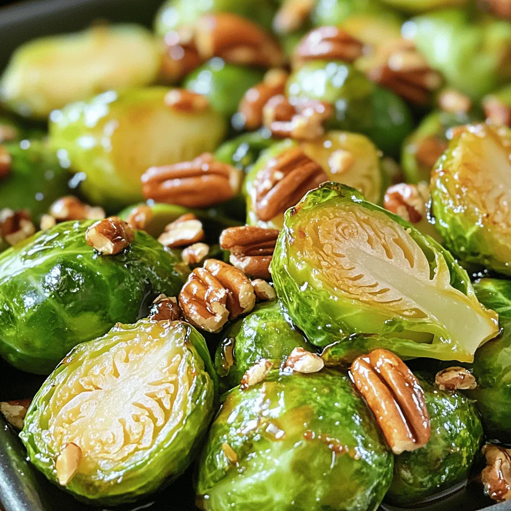 To whip up these delicious maple roasted Brussels sprouts, you will need the following ingredients: - 1.5 lbs Brussels sprouts, trimmed and halved - 3 tablespoons pure maple syrup - 2 tablespoons extra virgin olive oil - 1 teaspoon garlic powder - 1 teaspoon sea salt - ½ teaspoon freshly ground black pepper - ½ cup pecans, roughly chopped (optional) - 1 tablespoon balsamic vinegar (optional) These ingredients combine to create a dish that bursts with flavor. The maple syrup adds sweetness, while the garlic powder and black pepper provide a savory kick. Using fresh Brussels sprouts ensures that you get the best taste and texture. The pecans are a great choice if you want a crunchy element. You can also drizzle balsamic vinegar at the end for a tangy finish, but it's completely optional. This recipe is simple yet satisfying. You will enjoy how each ingredient complements the others. For the full recipe, you can check the link provided. - Preheat the oven to 400°F (200°C). - Trim and halve the Brussels sprouts. - In a large bowl, mix the Brussels sprouts with olive oil, maple syrup, garlic powder, sea salt, and black pepper. - Spread the Brussels sprouts on a baking sheet in a single layer. - Roast for 20-25 minutes. Shake the pan halfway for even cooking. - In the last 5 minutes, add the chopped pecans for a nice crunch. - If you like, drizzle balsamic vinegar over the sprouts before serving. Follow these steps from the Full Recipe for a tasty dish! To get great Brussels sprouts, spacing is key. Spread them out on the baking sheet. If they touch, they steam instead of roast. Roasting needs space for hot air to move. This helps them turn golden and crisp. For crispy edges, shake the pan halfway through cooking. This action gives all sides a nice brown crunch. Fresh spices pack a punch! They add more life to the dish. Garlic powder works great, but fresh garlic can shine too. Don't stop at garlic—try fresh herbs like thyme or rosemary. You can also play with sweeteners. Maple syrup is sweet, but honey or brown sugar adds a new twist. Each sweetener gives a different flavor profile. Maple roasted Brussels sprouts can fit any meal. They pair well with chicken, turkey, or even fish. You can serve them as a side at dinner or as a snack. They make a tasty appetizer at parties too. Just put them on a platter and watch them disappear. For a special touch, add a sprinkle of feta or Parmesan on top. You’ll find that every bite is a delightful mix of sweet and savory. For the full recipe, check out the delicious Maple Roasted Brussels Sprouts 🥦 section. {{image_4}} You can make maple roasted Brussels sprouts even better by adding protein. One option is to use crispy bacon or pancetta. Their savory flavor pairs well with the sweet maple syrup. Simply chop the bacon and cook it until crispy. Then, add it to the Brussels sprouts before roasting. This will give a nice crunch and extra flavor. If you prefer a vegan option, try using chickpeas or tempeh. These options can add protein without meat. Toss them in with the Brussels sprouts and roast together. They will soak up the maple flavor and add a hearty touch. To spice things up, consider adding chili flakes. A pinch can give your dish a nice kick. Just sprinkle them on before roasting. This makes the sweet and savory balance more exciting. Another way to enhance flavor is by using citrus zest. Try lemon or orange zest for a fresh twist. The bright notes will contrast nicely with the sweet maple. Add the zest right before serving for the best taste. Roasting Brussels sprouts with other fall veggies is a great idea. Consider adding sweet potatoes or carrots. These vegetables roast well and add color and nutrition to your dish. They also blend perfectly with the maple flavor. Using seasonal herbs can brighten up your dish too. Fresh rosemary or thyme can add a fragrant touch. Toss these in along with the Brussels sprouts before roasting for a burst of flavor. To store leftovers, first let them cool. Place the Brussels sprouts in an airtight container. This helps keep them fresh and tasty. You can store them in the fridge for later use. When reheating, use a skillet or oven to keep the texture. Avoid the microwave, as it can make them soggy. Heat them on low until warmed through. Can you freeze maple roasted Brussels sprouts? Yes, you can! To freeze, let them cool completely first. Spread them on a baking sheet in a single layer. Freeze for a few hours until solid. Then transfer them to a freezer bag or container. This helps prevent clumping. To thaw, place them in the fridge overnight. You can also reheat them from frozen. Just add a few extra minutes to the cooking time in the oven. How long do leftovers last in the fridge? They can last up to 3 days in the fridge. After this time, they may lose flavor and texture. Check for signs of spoilage. Look for any off smells or mold. If you see these, it is best to toss them. Enjoy your delicious maple roasted Brussels sprouts while they are still fresh! For the full recipe, check out the steps above. The best temperature for roasting Brussels sprouts is 400°F (200°C). At this heat, the sprouts get crispy and caramelized. This temperature helps balance the sweet maple syrup with the savory flavor of the sprouts. Roasting at a lower heat may lead to soggy results, while a higher heat can burn them. Aim for that golden-brown color for the perfect bite! Yes, you can prepare Brussels sprouts in advance! Trim and halve them a day before. Store them in an airtight container in the fridge. If you mix the sprouts with oil and spices, do it right before roasting. This keeps the flavor fresh. You can also roast them ahead of time and reheat them later. Just remember to warm them gently to keep them crispy. Brussels sprouts are very healthy! They are low in calories and high in fiber. This veggie is packed with vitamins C and K. They also contain antioxidants that help protect your body. Eating Brussels sprouts can support heart health and digestion. They are a great choice for a nutritious side dish or snack. Enjoy their health benefits while savoring their delicious taste! This blog post explored how to make tasty maple roasted Brussels sprouts. We covered the ingredients, step-by-step instructions, and handy tips. You learned about mixing, roasting, and adding texture with pecans. We discussed fun variations and smart storage methods. Remember, these sprouts are not just healthy; they're versatile. You can make them sweet, savory, or even spicy. So, give this recipe a try and enjoy your delicious creation!