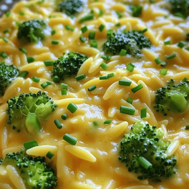 - 1 cup orzo pasta - 2 cups broccoli florets, fresh or frozen - 1 tablespoon extra-virgin olive oil - 1 small onion, finely chopped - 2 garlic cloves, minced - 4 cups low-sodium vegetable broth - 1 cup heavy cream - 1 ½ cups sharp cheddar cheese, freshly grated - ½ teaspoon mustard powder - ¼ teaspoon freshly ground black pepper - Salt, to taste - Chopped chives or green onions for garnish (optional) Using precise measurements helps make the dish great. Each ingredient plays a role in taste and texture. For instance, use 1 cup of orzo for the right amount of pasta. The 2 cups of broccoli give a nice crunch and color. Remember to add 1 tablespoon of olive oil to sauté your onions. Always choose fresh broccoli when possible. Look for vibrant green florets. If using frozen broccoli, ensure it is not freezer-burned. Fresh garlic gives the best flavor, so skip the jarred kind. When buying cheese, go for freshly grated sharp cheddar. It melts better and tastes richer. For the best broth, pick low-sodium to control salt levels. Using quality ingredients makes a big difference in taste! Start by pouring the vegetable broth into a medium pot. Bring it to a gentle boil over medium heat. This broth will add flavor to your dish. Once boiling, add 1 cup of orzo pasta. Cook the orzo according to package instructions, which usually takes about 8-10 minutes. In the last 3 minutes of cooking, add 2 cups of broccoli florets. This ensures the broccoli becomes tender but still bright green. While the orzo and broccoli cook, heat 1 tablespoon of extra-virgin olive oil in a large skillet over medium heat. Once hot, add 1 small chopped onion. Cook for about 4 minutes, stirring often, until the onion looks translucent. Next, add 2 minced garlic cloves and stir for about 1 minute. You want the garlic to smell great but not burn. Once the orzo and broccoli are done, drain them and add them to the skillet with the onion and garlic. Mix everything well. Pour in 1 cup of heavy cream and 1 ½ cups of freshly grated sharp cheddar cheese. Add ½ teaspoon of mustard powder and ¼ teaspoon of black pepper. Stir until the cheese melts and creates a creamy sauce. Cook on low heat for 2-3 minutes to let the flavors meld together. Taste and adjust seasoning as needed. For the final touch, serve your creamy broccoli cheddar orzo hot, garnished with chopped chives or green onions if you like. You can find the Full Recipe for more details. To cook orzo just right, follow these tips: - Use a large pot for even cooking. - Make sure to boil water before adding orzo. - Stir the orzo occasionally to prevent sticking. - Taste the orzo a minute before the time is up. It should be al dente. A creamy sauce makes your orzo shine. Here’s how: - Use heavy cream for richness. - Gradually add cheese to melt slowly. - Stir constantly to blend the flavors well. - Keep the heat low to avoid burning the sauce. Garnishes add color and flavor. Try these options: - Sprinkle chopped chives or green onions on top. - Add a dash of black pepper for a kick. - Serve with crusty bread for a complete meal. - Pair with a light salad for freshness. For the full recipe, check out the detailed instructions provided. {{image_4}} You can change up the veggies in this dish. Try using spinach, peas, or green beans. Each will add a different taste and color. If you want more crunch, use bell peppers or zucchini. They all cook well, so feel free to mix and match. To make this dish dairy-free or vegan, swap the heavy cream with coconut milk or cashew cream. Use vegan cheese instead of cheddar. These swaps keep the dish creamy and tasty, while also being kind to your diet choices. Want to make your creamy broccoli cheddar orzo more filling? Add in some cooked chicken or turkey. Shrimp or sautéed tofu can also work well. For a plant-based boost, toss in some chickpeas or lentils. These additions will give you a heartier meal and pack in more nutrients. Check out the Full Recipe to see how to make this delightful dish! To keep leftover creamy broccoli cheddar orzo fresh, let it cool first. Then, place it in an airtight container. This helps prevent drying out. Store it in the fridge for up to three days. Make sure it is tightly sealed to maintain flavor. When you are ready to enjoy your leftovers, reheat the orzo on the stove. Add a splash of water or broth to help it regain creaminess. Heat over medium-low heat, stirring often. This prevents sticking and burning. You can also microwave it for quick heating. Use a microwave-safe dish and cover it with a lid or microwave-safe wrap. Freezing creamy broccoli cheddar orzo is easy. Portion it into freezer-safe containers. Leave a little space at the top for expansion. You can freeze it for up to three months. When you want to eat it, thaw it overnight in the fridge. Reheat as mentioned above for the best taste. This dish stays creamy and delicious, making it perfect for busy nights. Don’t forget to check out the Full Recipe for more details! Yes, you can make creamy broccoli cheddar orzo ahead of time. Just prepare it as usual. After cooking, let it cool. Store it in an airtight container in the fridge. When ready to eat, reheat it on the stove or in the microwave. You may need to add a splash of broth or cream to keep it creamy. If you can't find orzo, try using other small pasta shapes. Good options include ditalini, elbows, or even rice. Each will give a slightly different texture, but they will still work well in this dish. Just adjust the cooking time based on the pasta you choose. Yes, frozen broccoli works great in this recipe. It saves time and is just as nutritious as fresh. When you add it to the orzo, it cooks quickly and blends well. Just make sure to add it at the same time as the orzo, so it heats through properly. For the full recipe, refer to the earlier section. This blog post covered ingredients, cooking steps, and tips for a creamy orzo dish. I shared ways to enhance flavor and texture while offering storage advice. You can enjoy variations like adding different veggies or proteins. Remember, meal prep helps save time and effort. You can whip up this dish in no time. With these insights, you can create a creamy dish everyone will love. Happy cooking!