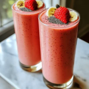 - 1 ripe banana, sliced - 1 cup fresh or frozen strawberries - 1 cup almond milk (or your preferred milk) - 1 scoop vanilla protein powder - 1 tablespoon chia seeds - 1 tablespoon honey or maple syrup (for sweetness) - A pinch of ground cinnamon (optional) - Ice cubes (if using fresh strawberries) To make a delightful Strawberry Banana Protein Smoothie, start with the main ingredients. The ripe banana adds creaminess and natural sweetness. Strawberries deliver a fresh, bright flavor. Almond milk or your chosen milk provides a smooth base. The scoop of vanilla protein powder boosts your protein intake, making this smoothie both tasty and energizing. You can enhance your smoothie with optional ingredients. Chia seeds add fiber and omega-3s. Honey or maple syrup can sweeten the drink, depending on your taste. A pinch of cinnamon gives a warm flavor, while ice cubes chill your smoothie if you use fresh strawberries. You can find the full recipe above to guide you through each step. This smoothie is not only simple to make but also packed with nutrients to fuel your day! To start, you need to prepare your ingredients. First, place the sliced banana and strawberries in the blender. This mix brings a sweet and fruity flavor. Next, add one cup of almond milk. You can use any milk you like. Then, add one scoop of vanilla protein powder. This gives the smoothie its protein boost. After that, incorporate one tablespoon of chia seeds. These tiny seeds pack a nutritional punch. Finally, add honey or maple syrup to sweeten, if you want. Now it's time to blend! Blend on high until smooth. This should take about 30 to 60 seconds. Make sure everything mixes well. After blending, taste your smoothie. If it’s not sweet enough, you can add more honey or syrup. Blend again briefly to mix it in. Finally, pour the smoothie into glasses for serving. Enjoy the refreshing taste and energy boost! For the complete recipe, check the Full Recipe section. To get your smoothie just right, adjust the almond milk. If you want a thicker smoothie, use less milk. For a thinner smoothie, add a bit more. This simple change can make a big difference in your drink's texture. Using frozen strawberries is another great tip. They give the smoothie a creamier feel. Plus, they make it extra cold and refreshing. If you want a chill, add ice cubes if you use fresh strawberries. Flavor is key in a smoothie. You can try different protein powder flavors to find your favorite. Chocolate or strawberry protein can add a new twist. Don’t be afraid to mix it up! Also, think about the sweetness. Add more or less sweetener based on how sweet your fruit is. If your banana or strawberries are very sweet, you might not need much honey or syrup. Taste as you go, and make it perfect for you. For more ideas, check the Full Recipe to explore all the options! {{image_4}} You can change this smoothie by adding other fruits. Blueberries and raspberries add nice flavors. They also boost nutrients and antioxidants. You can also add spinach for extra health benefits. Spinach blends well and keeps the smoothie green. You won't even taste it! This makes the drink nutritious and fun. Try different protein powders to change the taste. Flavored options like chocolate or strawberry can make it exciting. You can also use Greek yogurt instead of protein powder. It adds creaminess and a tangy taste. This option is great for those who prefer yogurt. It also boosts the protein content. For the full recipe of this delicious Strawberry Banana Protein Smoothie, click here. You should enjoy your Strawberry Banana Protein Smoothie fresh. However, if you have leftovers, store them in the fridge. Place the smoothie in an airtight container. It will stay good for up to 24 hours. Just remember, the longer it sits, the less fresh it tastes. For long-term storage, freezing is a great option. Pour any unused smoothie into ice cube trays. Once frozen, pop the cubes into a bag. Later, you can thaw a few cubes and blend them for a quick smoothie. This makes for an easy and healthy snack. A Strawberry Banana Protein Smoothie has about 250 to 350 calories. This count can change based on your choices. For example, using full-fat milk or sweeteners adds more calories. On the other hand, using unsweetened almond milk or skipping sweeteners can lower the count. Always check the labels on your protein powder, as some can be higher in calories than others. Yes, you can make this smoothie vegan! Simply use plant-based protein powder. Many brands offer great flavors like vanilla or chocolate. For the milk, choose almond, soy, or oat milk. These options keep your smoothie creamy and delicious without dairy. To make your smoothie more filling, add healthy fats or extra protein. Nut butters, like almond or peanut, add good fats and flavor. You can also mix in Greek yogurt or cottage cheese for more protein. Oats or flaxseeds are great options too. Just remember to adjust the liquid to keep it smooth! You can use a blender bottle, but it may not blend as well. A blender crushes fruits and mixes everything smoothly. A bottle will mix but may leave chunks. If you have a blender, I recommend using it for the best texture. If you only have a bottle, shake it well to mix. This blog post guides you in making a tasty Strawberry Banana Protein Smoothie. You learned about the main ingredients like ripe bananas, strawberries, and protein powder. I shared steps to prepare and blend your smoothie for the best texture. You can personalize it with fruit or protein variations. Remember, store leftovers in the fridge or freeze for quick use. Enjoy your nutritious drink anytime! Smoothies are a great choice for a healthy snack or meal. Keep experimenting with flavors until you find your perfect blend!