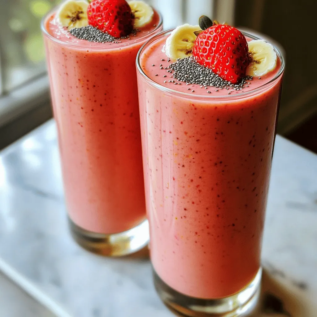 - 1 ripe banana, sliced - 1 cup fresh or frozen strawberries - 1 cup almond milk (or your preferred milk) - 1 scoop vanilla protein powder - 1 tablespoon chia seeds - 1 tablespoon honey or maple syrup (for sweetness) - A pinch of ground cinnamon (optional) - Ice cubes (if using fresh strawberries) To make a delightful Strawberry Banana Protein Smoothie, start with the main ingredients. The ripe banana adds creaminess and natural sweetness. Strawberries deliver a fresh, bright flavor. Almond milk or your chosen milk provides a smooth base. The scoop of vanilla protein powder boosts your protein intake, making this smoothie both tasty and energizing. You can enhance your smoothie with optional ingredients. Chia seeds add fiber and omega-3s. Honey or maple syrup can sweeten the drink, depending on your taste. A pinch of cinnamon gives a warm flavor, while ice cubes chill your smoothie if you use fresh strawberries. You can find the full recipe above to guide you through each step. This smoothie is not only simple to make but also packed with nutrients to fuel your day! To start, you need to prepare your ingredients. First, place the sliced banana and strawberries in the blender. This mix brings a sweet and fruity flavor. Next, add one cup of almond milk. You can use any milk you like. Then, add one scoop of vanilla protein powder. This gives the smoothie its protein boost. After that, incorporate one tablespoon of chia seeds. These tiny seeds pack a nutritional punch. Finally, add honey or maple syrup to sweeten, if you want. Now it's time to blend! Blend on high until smooth. This should take about 30 to 60 seconds. Make sure everything mixes well. After blending, taste your smoothie. If it’s not sweet enough, you can add more honey or syrup. Blend again briefly to mix it in. Finally, pour the smoothie into glasses for serving. Enjoy the refreshing taste and energy boost! For the complete recipe, check the Full Recipe section. To get your smoothie just right, adjust the almond milk. If you want a thicker smoothie, use less milk. For a thinner smoothie, add a bit more. This simple change can make a big difference in your drink's texture. Using frozen strawberries is another great tip. They give the smoothie a creamier feel. Plus, they make it extra cold and refreshing. If you want a chill, add ice cubes if you use fresh strawberries. Flavor is key in a smoothie. You can try different protein powder flavors to find your favorite. Chocolate or strawberry protein can add a new twist. Don’t be afraid to mix it up! Also, think about the sweetness. Add more or less sweetener based on how sweet your fruit is. If your banana or strawberries are very sweet, you might not need much honey or syrup. Taste as you go, and make it perfect for you. For more ideas, check the Full Recipe to explore all the options! {{image_4}} You can change this smoothie by adding other fruits. Blueberries and raspberries add nice flavors. They also boost nutrients and antioxidants. You can also add spinach for extra health benefits. Spinach blends well and keeps the smoothie green. You won't even taste it! This makes the drink nutritious and fun. Try different protein powders to change the taste. Flavored options like chocolate or strawberry can make it exciting. You can also use Greek yogurt instead of protein powder. It adds creaminess and a tangy taste. This option is great for those who prefer yogurt. It also boosts the protein content. For the full recipe of this delicious Strawberry Banana Protein Smoothie, click here. You should enjoy your Strawberry Banana Protein Smoothie fresh. However, if you have leftovers, store them in the fridge. Place the smoothie in an airtight container. It will stay good for up to 24 hours. Just remember, the longer it sits, the less fresh it tastes. For long-term storage, freezing is a great option. Pour any unused smoothie into ice cube trays. Once frozen, pop the cubes into a bag. Later, you can thaw a few cubes and blend them for a quick smoothie. This makes for an easy and healthy snack. A Strawberry Banana Protein Smoothie has about 250 to 350 calories. This count can change based on your choices. For example, using full-fat milk or sweeteners adds more calories. On the other hand, using unsweetened almond milk or skipping sweeteners can lower the count. Always check the labels on your protein powder, as some can be higher in calories than others. Yes, you can make this smoothie vegan! Simply use plant-based protein powder. Many brands offer great flavors like vanilla or chocolate. For the milk, choose almond, soy, or oat milk. These options keep your smoothie creamy and delicious without dairy. To make your smoothie more filling, add healthy fats or extra protein. Nut butters, like almond or peanut, add good fats and flavor. You can also mix in Greek yogurt or cottage cheese for more protein. Oats or flaxseeds are great options too. Just remember to adjust the liquid to keep it smooth! You can use a blender bottle, but it may not blend as well. A blender crushes fruits and mixes everything smoothly. A bottle will mix but may leave chunks. If you have a blender, I recommend using it for the best texture. If you only have a bottle, shake it well to mix. This blog post guides you in making a tasty Strawberry Banana Protein Smoothie. You learned about the main ingredients like ripe bananas, strawberries, and protein powder. I shared steps to prepare and blend your smoothie for the best texture. You can personalize it with fruit or protein variations. Remember, store leftovers in the fridge or freeze for quick use. Enjoy your nutritious drink anytime! Smoothies are a great choice for a healthy snack or meal. Keep experimenting with flavors until you find your perfect blend!