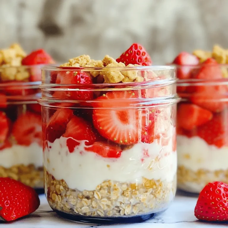 To make this tasty dish, you need a few simple items: - 1 cup rolled oats - 1 ½ cups almond milk (or any milk of your choice) - 1 cup fresh strawberries, hulled and diced - 1 tablespoon honey or maple syrup - ½ teaspoon vanilla extract - 2 tablespoons Greek yogurt (optional) - 1 tablespoon chia seeds - Pinch of salt - Extra sliced strawberries and crushed graham crackers for topping These ingredients form the base of your strawberry shortcake overnight oats. The oats soak up the milk and flavors overnight, making them soft and creamy. Fresh strawberries add sweetness and texture, while honey or maple syrup gives it a lovely touch of sweetness. The chia seeds help thicken the mix and add a boost of nutrients. You can add some optional items for extra flavor: - A sprinkle of cinnamon for warmth - A dollop of whipped cream for richness - A few nuts for crunch These ingredients let you customize your oats. Try different toppings to find your favorite mix. Strawberry shortcake overnight oats are not only delicious but also nutritious. Here’s a quick look at the benefits: - Rolled oats offer fiber, which helps digestion. - Strawberries provide vitamins like C and antioxidants. - Greek yogurt adds protein and probiotics for gut health. This meal is a great choice for breakfast or a snack. It’s filling and packed with nutrients. Check the Full Recipe for more details on how to make this delicious dish. To make strawberry shortcake overnight oats, start with a large mixing bowl. Add 1 cup of rolled oats and 1 ½ cups of almond milk. Then, toss in 1 cup of fresh strawberries that you have hulled and diced. For sweetness, mix in 1 tablespoon of honey or maple syrup. Next, add ½ teaspoon of vanilla extract. If you want creaminess, include 2 tablespoons of Greek yogurt. Don’t forget to add 1 tablespoon of chia seeds and a pinch of salt. Stir all the ingredients well. Make sure everything is blended nicely. After mixing, divide the oats into two jars or airtight containers. Leave some space at the top for toppings like extra strawberries and crushed graham crackers. Secure the lids tightly. Store the jars in the fridge overnight. If you are short on time, let them sit for at least 4 hours. This helps the oats soak up the liquid. When ready to eat, give the oats a good stir. If they seem thick, add a splash of almond milk for a creamier texture. When serving, top each jar with sliced strawberries and a sprinkle of crushed graham crackers. This gives a nice crunch and looks appealing. For a fancy touch, layer the oats and toppings in clear glass cups. This way, you can show off those vibrant colors. Enjoy your delicious strawberry shortcake overnight oats cold. Each bite is a tasty blend of flavors that reminds you of the classic dessert! For the full recipe, refer to the earlier section. To get creamy and smooth oats, use rolled oats. They soak up liquid well. Always mix your oats with enough liquid, like almond milk. I suggest a ratio of 1 cup oats to 1 ½ cups milk. If you want them creamier, add Greek yogurt. It makes a big difference. Let the oats sit in the fridge overnight. This gives them time to absorb the liquid. When ready to eat, stir them well. If they seem too thick, add a splash of milk. You can easily customize this recipe. If you're dairy-free, use almond milk or oat milk. For gluten-free oats, choose certified gluten-free rolled oats. If you need it vegan, swap honey for maple syrup. You can also skip Greek yogurt to keep it dairy-free. This recipe is flexible for many diets. Just adjust the ingredients to fit your needs. To take your oats to the next level, try adding spices. A dash of cinnamon or nutmeg can bring warmth. You can also experiment with extracts. Besides vanilla, try almond extract for a nutty twist. Fresh herbs, like mint, can add a fresh taste. Another fun idea is to mix in a bit of lemon zest. It brightens the flavor and makes it more refreshing. For a crunchy texture, top with crushed graham crackers. They add a fun crunch that makes the oats feel like dessert. For the full recipe, check out the details provided above. {{image_4}} You can switch up the fruit easily. Try using blueberries, raspberries, or peaches. Each fruit gives a new flavor and color. You can even mix fruits together. For example, add strawberries and bananas. This adds a nice sweetness and taste. If you want a different sweet taste, try using agave syrup or coconut sugar. These options bring their unique flavors. You can also use spices like cinnamon or nutmeg. They add warmth and depth. For a twist, add some cocoa powder for a chocolatey vibe. For a dairy-free version, use almond milk or oat milk. You can skip the Greek yogurt for a vegan recipe. The oats will still taste great without it. Adding nut butter can also give a creamy touch. It adds healthy fats and makes the oats more filling. To keep your Strawberry Shortcake Overnight Oats fresh, store them in airtight containers. Glass jars work well. Always keep them in the fridge. This helps maintain their taste and texture. Avoid letting them sit out at room temperature for long to prevent spoilage. When stored properly, your prepared oats can last up to five days in the fridge. After that, the oats may become too mushy and lose flavor. If you notice any discoloration or off smells, it’s best to toss them. You can also freeze your overnight oats for later use. Divide the mixture into freezer-safe containers. Leave space at the top for expansion. To enjoy them, thaw in the fridge overnight. You can heat them up or eat them cold. This is a great way to prep healthy meals in advance. For the full recipe, check the link above. To make strawberry shortcake overnight oats, follow these steps: 1. Combine Ingredients: In a large bowl, mix the rolled oats, almond milk, diced strawberries, honey, vanilla extract, Greek yogurt, chia seeds, and salt. 2. Stir Well: Use a spatula or spoon to blend everything well. Each ingredient should be evenly mixed. 3. Jar It Up: Divide the mixture into two jars or containers. Leave some space at the top for toppings. 4. Refrigerate: Seal the jars and place them in the fridge overnight or for at least 4 hours. This lets the oats soak up the liquid and soften. 5. Serve It: When ready to eat, stir the oats. Add more almond milk for creaminess if you like. 6. Top and Enjoy: Add sliced strawberries and crushed graham crackers on top. This makes it taste just like strawberry shortcake! For the full recipe, check out the earlier section. Yes, you can use different fruits! Some great options include blueberries, raspberries, or bananas. Each fruit brings its own flavor and texture. Just chop the fruit into small pieces. Mix it in the same way as strawberries. You can also combine fruits for a fun twist. You can prepare overnight oats the same day, but they won’t be as soft. To do this, mix all the ingredients and let them sit for at least 30 minutes. This allows the oats to absorb some milk. However, for the best texture, it’s best to let them sit overnight. Strawberry shortcake overnight oats are simple and fun to make. You learned about the key ingredients, easy steps, and fun variations to try. Remember, you can swap ingredients to match your taste or diet. Storing your oats correctly helps keep them fresh. With these tips, you can enjoy a tasty and nutritious breakfast every day. Mix it up and get creative. Overnight oats can be your new favorite breakfast!