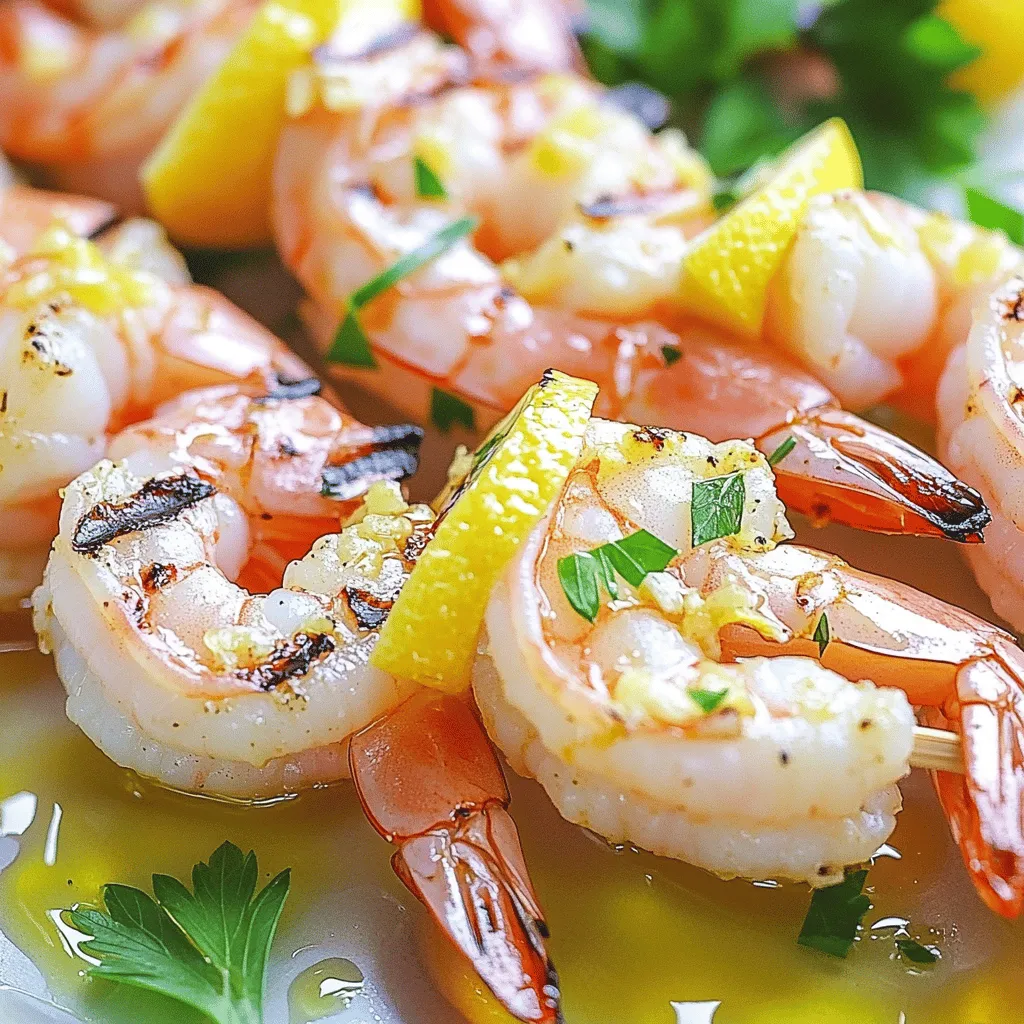 - Large shrimp (1 lb, peeled and deveined) - Garlic (4 cloves, finely minced) - Extra virgin olive oil (1/4 cup) - Juice and zest of 2 fresh lemons - Smoked paprika (1 teaspoon) - Dried oregano (1 teaspoon) - Salt and freshly cracked pepper to taste - Skewers (wooden or metal) - Fresh parsley (for garnish) Using fresh ingredients makes a big difference. I always choose large shrimp because they hold up well on the grill. Make sure they are peeled and deveined for easy eating. Garlic brings flavor, while extra virgin olive oil adds rich taste and helps the spices stick. The juice and zest of fresh lemons brighten the dish. For the seasonings, smoked paprika gives a warm kick. Oregano adds an earthy note. Salt and pepper balance everything. If you want to make this dish your own, you can play with the spices. Don't forget the skewers! If you use wooden ones, soak them for 30 minutes to avoid burning. I like to add fresh parsley as a garnish. It looks pretty and adds a fresh taste. For the full recipe, check the detailed cooking steps I provided. To start, you will need to make the marinade. In a medium bowl, whisk together 4 cloves of minced garlic, 1/4 cup of olive oil, the juice and zest of 2 lemons, 1 teaspoon of smoked paprika, 1 teaspoon of dried oregano, and a pinch of salt and pepper. This mix gives the shrimp a bright and zesty flavor. Be sure to mix well so every ingredient blends nicely. Next, add 1 pound of peeled and deveined large shrimp to the marinade. Stir gently to coat each shrimp fully. Cover the bowl with plastic wrap and place it in the fridge. Let the shrimp marinate for 30 minutes to 1 hour. This step is crucial. It allows the shrimp to soak up all the wonderful flavors from the marinade. While the shrimp marinates, preheat your grill to medium-high heat. Once hot, thread the marinated shrimp onto skewers, with about 4-5 shrimp per skewer. Make sure to leave a small gap between each shrimp for even cooking. Place the skewers on the grill and cook for 2-3 minutes on each side. You want the shrimp to turn pink and opaque. Be careful not to overcook them, as they can become rubbery. Once done, take the skewers off the grill and let them rest for about a minute. This helps the juices settle. You can garnish with fresh parsley and a bit more lemon juice if you like. For the full recipe, check the details above. Enjoy your delicious lemon garlic shrimp skewers! To make perfect lemon garlic shrimp skewers, avoid overcooking the shrimp. Overcooked shrimp can become tough and rubbery. Cook them just until they turn pink and opaque. This usually takes about 2-3 minutes on each side. Another key tip is to ensure even heat on the grill. If some parts are hotter than others, some shrimp will cook faster. This can lead to uneven texture. To fix this, preheat your grill properly and spread the shrimp out for even cooking. Presentation is key to a great dish. Serve your skewers on a colorful platter. Add fresh lemon wedges for a pop of color. The bright yellow will contrast nicely with the shrimp. For an extra touch, drizzle more lemon juice over the skewers. This adds a fresh zing. You can also garnish with finely chopped parsley. This not only looks good but adds a fresh flavor. Pair your shrimp skewers with a fresh salad. A simple green salad works well. You can also serve grilled vegetables. This adds color and nutrition to your meal. For a heartier option, consider rice or quinoa. These grains can soak up the delicious lemon garlic flavor. They make your meal more filling and satisfying. For the full recipe, check out the Lemon Garlic Shrimp Skewers recipe. {{image_4}} You can easily change the taste of your lemon garlic shrimp skewers. One fun way is to add chili flakes for some heat. This small change makes a big flavor difference. You can also mix in fresh herbs like basil or cilantro. These herbs bring a fresh taste that brightens the dish. Experiment with your favorite spices to find your perfect flavor. If you want to mix things up, try using chicken or tofu instead of shrimp. Chicken pieces work well when marinated in the same lemon garlic sauce. Just ensure they cook fully to a safe temperature. Tofu absorbs flavors beautifully, making it a great vegan option. Simply press the tofu to remove excess water, then cut it into cubes for skewering. You don't have to use a grill to make these skewers. You can oven-bake or broil them instead. For baking, preheat your oven to 400°F. Place the skewers on a baking sheet lined with parchment paper. Bake for about 8-10 minutes, turning halfway through. Broiling works fast too. Just place the skewers in the broiler for 2-3 minutes per side. This method gives you a nice char without needing a grill. Check out the Full Recipe if you want to try these variations! After enjoying your lemon garlic shrimp skewers, store any leftovers in an airtight container. This keeps them fresh for up to 2 days. Make sure the container seals well to prevent any odors from the fridge from seeping in. If you want to save some skewers for later, you can freeze them. Place the cooked skewers in a freezer-safe bag or container. They will stay good for up to 2 months. Be sure to label the bag with the date, so you know when you made them. When you're ready to eat your frozen skewers, reheat them well. The oven works best for even heating. Preheat your oven to 350°F (175°C) and place the skewers on a baking sheet. You can also reheat them on the grill for a few minutes. This keeps the flavor fresh and helps maintain their tasty texture. For skewers, I recommend using large shrimp. You can choose fresh or frozen shrimp. Large shrimp hold up well on the grill and cook evenly. They also absorb the marinade flavors nicely. Look for shrimp that are firm and have a mild scent. This helps ensure you get the best taste and texture in your dish. It’s best to soak wooden skewers in water for 30 minutes. This step helps prevent burning on the grill. If you skip this, the skewers may catch fire. Soaking also keeps them from splintering. I always recommend this simple step for perfect results. You can tell shrimp is cooked when it turns pink and opaque. This usually takes about 2 to 3 minutes per side on the grill. Overcooking shrimp can make them tough, so keep an eye on them. When they curl into a C shape, they’re done. I love using this simple method to check for doneness. You learned how to make delicious shrimp skewers in this post. We covered the key ingredients, step-by-step cooking instructions, and helpful tips. Remember, marinating shrimp enhances their flavor, making each bite better. Always avoid overcooking for the best texture. You can also switch up the flavors with spices or different proteins. These skewers are easy to store and reheat, perfect for meal prep. Try this recipe for a tasty treat that everyone will love!