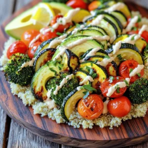 To make tasty roasted veggie grain bowls, gather these items: - 1 cup quinoa, thoroughly rinsed - 2 cups vegetable broth - 1 zucchini, diced into bite-sized pieces - 1 red bell pepper, diced - 1 cup cherry tomatoes, halved - 1 cup broccoli florets, cut into small pieces - 2 tablespoons olive oil - 1 teaspoon garlic powder - 1 teaspoon smoked paprika - Salt and freshly cracked black pepper, to taste - 1 avocado, halved and sliced - ¼ cup tahini - 2 tablespoons freshly squeezed lemon juice - Fresh herbs (such as parsley or cilantro) for garnish Fresh ingredients make a big difference. Choose bright, firm veggies for the best flavor. Here are some tips to ensure freshness: - Look for vibrant colors: Fresh veggies should be bright and appealing. - Check for firmness: Avoid soft or wrinkled produce. - Buy local when possible: Seasonal veggies taste better and last longer. You can swap some ingredients based on your taste or what you have. Here are easy swaps: - Quinoa: Use farro, rice, or barley instead. - Veggies: Try carrots, asparagus, or sweet potatoes. - Tahini: Substitute with yogurt or nut butter for a different sauce. - Herbs: Use basil, dill, or chives for fresh flavor. Explore these options to make your roasted veggie grain bowls unique! For the complete recipe, check the Full Recipe. Start by preheating your oven to 425°F (220°C). This heat is perfect for roasting. While the oven warms, prepare the quinoa. In a medium saucepan, bring 2 cups of vegetable broth to a boil. Once boiling, add 1 cup of rinsed quinoa. Lower the heat, cover, and let it simmer for about 15 minutes. The quinoa will soak up the broth and become fluffy. After cooking, let it rest for 5 minutes. Fluff it with a fork before serving. While the quinoa cooks, prepare your veggies. Grab a large baking sheet and add the diced zucchini, red bell pepper, halved cherry tomatoes, and broccoli florets. Drizzle 2 tablespoons of olive oil over these veggies. Then, sprinkle 1 teaspoon of garlic powder, 1 teaspoon of smoked paprika, salt, and freshly cracked black pepper. Mix everything well to coat the veggies. Place the baking sheet in the oven and roast for 20-25 minutes. Halfway through, stir the veggies to ensure even cooking. They are done when tender and slightly caramelized. For the tahini sauce, combine ¼ cup of tahini and 2 tablespoons of freshly squeezed lemon juice in a small bowl. Whisk them together until smooth. Add a pinch of salt for flavor. If the sauce seems too thick, thin it out with a little water. Adjust it until you reach your desired consistency. You can check the [Full Recipe] for more details. When making roasted veggie grain bowls, avoid overcooking your vegetables. They should be tender but not mushy. Also, don't skip the seasoning. A little salt and pepper make a big difference. Lastly, ensure the quinoa is fluffed well after cooking. This helps the grains mix nicely with the veggies. To boost flavor, try marinating the veggies in olive oil and spices before roasting. You can add herbs like thyme or rosemary for a fresh taste. For texture, consider adding nuts or seeds. Toasted sunflower seeds or crunchy almonds add a nice bite. Roasted veggie grain bowls are great for a filling meal. Pair them with a side salad for more greens. You can also add a protein like grilled chicken or chickpeas for extra nutrition. For a wow factor, drizzle more tahini sauce on top or sprinkle with feta cheese. Check out the Full Recipe for more ideas! {{image_4}} You can switch up the grains in your bowl. Try brown rice, farro, or barley. Each grain brings a different taste and texture. Quinoa is great, but experimenting keeps it fun. You can also use millet for a unique twist. These grains offer more fiber and nutrients. Explore different cooking times for each grain to get them just right. Seasonal veggies make your grain bowl fresh and vibrant. In spring, use asparagus and peas. Summer calls for corn and eggplant. Fall brings sweet potatoes and kale. In winter, think about Brussels sprouts and root vegetables. Each season gives you new flavors and colors. Using fresh, local produce can boost taste and nutrition. Toppings can elevate your bowl. Consider adding nuts or seeds for crunch. Roasted chickpeas add protein and flavor. You might also try feta cheese for a salty kick. Fresh herbs like basil or cilantro can brighten the dish. A squeeze of lime or lemon juice adds freshness. For a spicy touch, drizzle hot sauce or sprinkle red pepper flakes. Each addition brings a new layer of flavor to your meal. Check out the Full Recipe for more ideas! To keep your roasted veggie grain bowls fresh, store them in airtight containers. Make sure to let the bowls cool down before sealing them. This helps prevent moisture buildup, which can make your veggies soggy. You can keep them in the fridge for up to four days. When you’re ready to enjoy your leftovers, reheat them gently. Use the microwave for quick heating. Heat in short bursts, stirring in between, to avoid hot spots. You can also warm them in a pan over low heat. Add a splash of water or broth to keep them moist. Meal prepping is a great way to save time. You can make extra quinoa and roast a variety of veggies. Store them separately in the fridge for easy access. This way, you can mix and match different flavors throughout the week. Just assemble the bowls when you're ready to eat. For a detailed recipe, check the Full Recipe for all the steps! Roasted veggie grain bowls are healthy meals filled with grains and vegetables. They combine cooked grains, like quinoa, with roasted veggies. This mix creates a tasty and colorful dish. You get fiber, vitamins, and minerals in every bite. The flavors blend well, making each bowl satisfying and fun to eat. To make roasted veggie grain bowls, follow these steps: 1. Preheat your oven to 425°F (220°C). 2. Cook 1 cup of quinoa in 2 cups of vegetable broth. Let it simmer until fluffy. 3. Prepare your veggies: dice zucchini, red bell pepper, and halve cherry tomatoes. Add broccoli florets. 4. Toss the veggies with olive oil, garlic powder, smoked paprika, salt, and pepper. 5. Roast the veggies for 20-25 minutes until tender and slightly caramelized. 6. Mix tahini with lemon juice, adding water if needed for the right texture. 7. Assemble the bowls with quinoa, roasted veggies, and avocado slices on top. 8. Drizzle with tahini sauce and add fresh herbs for garnish. You can find the full recipe above for more detailed steps. Yes, you can customize this recipe. Use different grains like brown rice or farro. Change the veggies based on what you like or what is in season. You can also add proteins like chickpeas or grilled chicken. Experiment with different sauces or toppings to make the dish your own. This flexibility makes roasted veggie grain bowls perfect for everyone. This blog covered how to make delicious roasted veggie grain bowls. We discussed key ingredients, focusing on freshness and substitutions. I shared step-by-step instructions for prepping, roasting, and creating a tasty tahini sauce. You learned helpful tips to avoid mistakes and enhance flavor. Variations allowed you to experiment with grains and veggies. Lastly, I provided storage tips to keep leftovers fresh. Roasted veggie grain bowls are flexible and fun. You can mix and match to fit your taste. Enjoy experimenting!