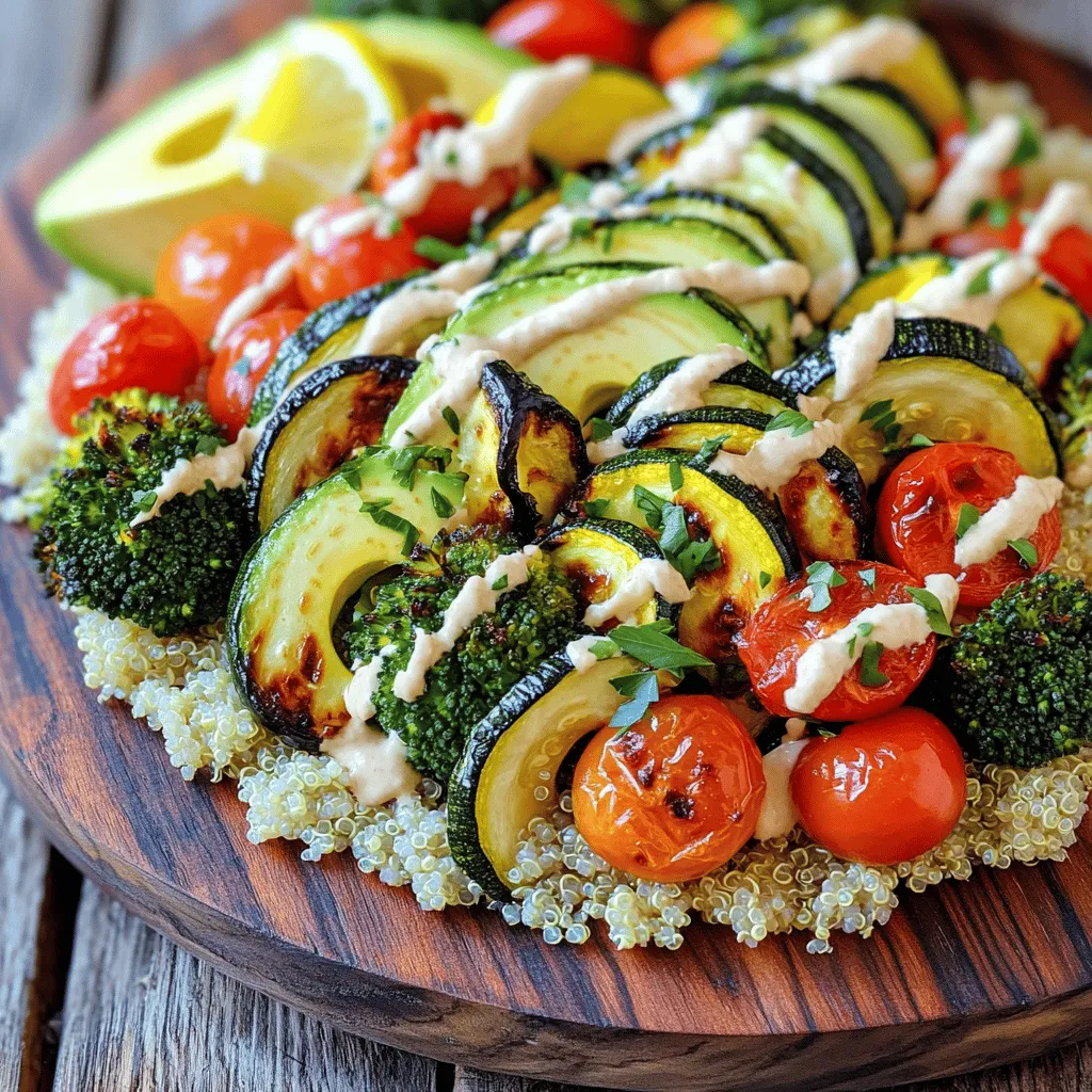 To make tasty roasted veggie grain bowls, gather these items: - 1 cup quinoa, thoroughly rinsed - 2 cups vegetable broth - 1 zucchini, diced into bite-sized pieces - 1 red bell pepper, diced - 1 cup cherry tomatoes, halved - 1 cup broccoli florets, cut into small pieces - 2 tablespoons olive oil - 1 teaspoon garlic powder - 1 teaspoon smoked paprika - Salt and freshly cracked black pepper, to taste - 1 avocado, halved and sliced - ¼ cup tahini - 2 tablespoons freshly squeezed lemon juice - Fresh herbs (such as parsley or cilantro) for garnish Fresh ingredients make a big difference. Choose bright, firm veggies for the best flavor. Here are some tips to ensure freshness: - Look for vibrant colors: Fresh veggies should be bright and appealing. - Check for firmness: Avoid soft or wrinkled produce. - Buy local when possible: Seasonal veggies taste better and last longer. You can swap some ingredients based on your taste or what you have. Here are easy swaps: - Quinoa: Use farro, rice, or barley instead. - Veggies: Try carrots, asparagus, or sweet potatoes. - Tahini: Substitute with yogurt or nut butter for a different sauce. - Herbs: Use basil, dill, or chives for fresh flavor. Explore these options to make your roasted veggie grain bowls unique! For the complete recipe, check the Full Recipe. Start by preheating your oven to 425°F (220°C). This heat is perfect for roasting. While the oven warms, prepare the quinoa. In a medium saucepan, bring 2 cups of vegetable broth to a boil. Once boiling, add 1 cup of rinsed quinoa. Lower the heat, cover, and let it simmer for about 15 minutes. The quinoa will soak up the broth and become fluffy. After cooking, let it rest for 5 minutes. Fluff it with a fork before serving. While the quinoa cooks, prepare your veggies. Grab a large baking sheet and add the diced zucchini, red bell pepper, halved cherry tomatoes, and broccoli florets. Drizzle 2 tablespoons of olive oil over these veggies. Then, sprinkle 1 teaspoon of garlic powder, 1 teaspoon of smoked paprika, salt, and freshly cracked black pepper. Mix everything well to coat the veggies. Place the baking sheet in the oven and roast for 20-25 minutes. Halfway through, stir the veggies to ensure even cooking. They are done when tender and slightly caramelized. For the tahini sauce, combine ¼ cup of tahini and 2 tablespoons of freshly squeezed lemon juice in a small bowl. Whisk them together until smooth. Add a pinch of salt for flavor. If the sauce seems too thick, thin it out with a little water. Adjust it until you reach your desired consistency. You can check the [Full Recipe] for more details. When making roasted veggie grain bowls, avoid overcooking your vegetables. They should be tender but not mushy. Also, don't skip the seasoning. A little salt and pepper make a big difference. Lastly, ensure the quinoa is fluffed well after cooking. This helps the grains mix nicely with the veggies. To boost flavor, try marinating the veggies in olive oil and spices before roasting. You can add herbs like thyme or rosemary for a fresh taste. For texture, consider adding nuts or seeds. Toasted sunflower seeds or crunchy almonds add a nice bite. Roasted veggie grain bowls are great for a filling meal. Pair them with a side salad for more greens. You can also add a protein like grilled chicken or chickpeas for extra nutrition. For a wow factor, drizzle more tahini sauce on top or sprinkle with feta cheese. Check out the Full Recipe for more ideas! {{image_4}} You can switch up the grains in your bowl. Try brown rice, farro, or barley. Each grain brings a different taste and texture. Quinoa is great, but experimenting keeps it fun. You can also use millet for a unique twist. These grains offer more fiber and nutrients. Explore different cooking times for each grain to get them just right. Seasonal veggies make your grain bowl fresh and vibrant. In spring, use asparagus and peas. Summer calls for corn and eggplant. Fall brings sweet potatoes and kale. In winter, think about Brussels sprouts and root vegetables. Each season gives you new flavors and colors. Using fresh, local produce can boost taste and nutrition. Toppings can elevate your bowl. Consider adding nuts or seeds for crunch. Roasted chickpeas add protein and flavor. You might also try feta cheese for a salty kick. Fresh herbs like basil or cilantro can brighten the dish. A squeeze of lime or lemon juice adds freshness. For a spicy touch, drizzle hot sauce or sprinkle red pepper flakes. Each addition brings a new layer of flavor to your meal. Check out the Full Recipe for more ideas! To keep your roasted veggie grain bowls fresh, store them in airtight containers. Make sure to let the bowls cool down before sealing them. This helps prevent moisture buildup, which can make your veggies soggy. You can keep them in the fridge for up to four days. When you’re ready to enjoy your leftovers, reheat them gently. Use the microwave for quick heating. Heat in short bursts, stirring in between, to avoid hot spots. You can also warm them in a pan over low heat. Add a splash of water or broth to keep them moist. Meal prepping is a great way to save time. You can make extra quinoa and roast a variety of veggies. Store them separately in the fridge for easy access. This way, you can mix and match different flavors throughout the week. Just assemble the bowls when you're ready to eat. For a detailed recipe, check the Full Recipe for all the steps! Roasted veggie grain bowls are healthy meals filled with grains and vegetables. They combine cooked grains, like quinoa, with roasted veggies. This mix creates a tasty and colorful dish. You get fiber, vitamins, and minerals in every bite. The flavors blend well, making each bowl satisfying and fun to eat. To make roasted veggie grain bowls, follow these steps: 1. Preheat your oven to 425°F (220°C). 2. Cook 1 cup of quinoa in 2 cups of vegetable broth. Let it simmer until fluffy. 3. Prepare your veggies: dice zucchini, red bell pepper, and halve cherry tomatoes. Add broccoli florets. 4. Toss the veggies with olive oil, garlic powder, smoked paprika, salt, and pepper. 5. Roast the veggies for 20-25 minutes until tender and slightly caramelized. 6. Mix tahini with lemon juice, adding water if needed for the right texture. 7. Assemble the bowls with quinoa, roasted veggies, and avocado slices on top. 8. Drizzle with tahini sauce and add fresh herbs for garnish. You can find the full recipe above for more detailed steps. Yes, you can customize this recipe. Use different grains like brown rice or farro. Change the veggies based on what you like or what is in season. You can also add proteins like chickpeas or grilled chicken. Experiment with different sauces or toppings to make the dish your own. This flexibility makes roasted veggie grain bowls perfect for everyone. This blog covered how to make delicious roasted veggie grain bowls. We discussed key ingredients, focusing on freshness and substitutions. I shared step-by-step instructions for prepping, roasting, and creating a tasty tahini sauce. You learned helpful tips to avoid mistakes and enhance flavor. Variations allowed you to experiment with grains and veggies. Lastly, I provided storage tips to keep leftovers fresh. Roasted veggie grain bowls are flexible and fun. You can mix and match to fit your taste. Enjoy experimenting!