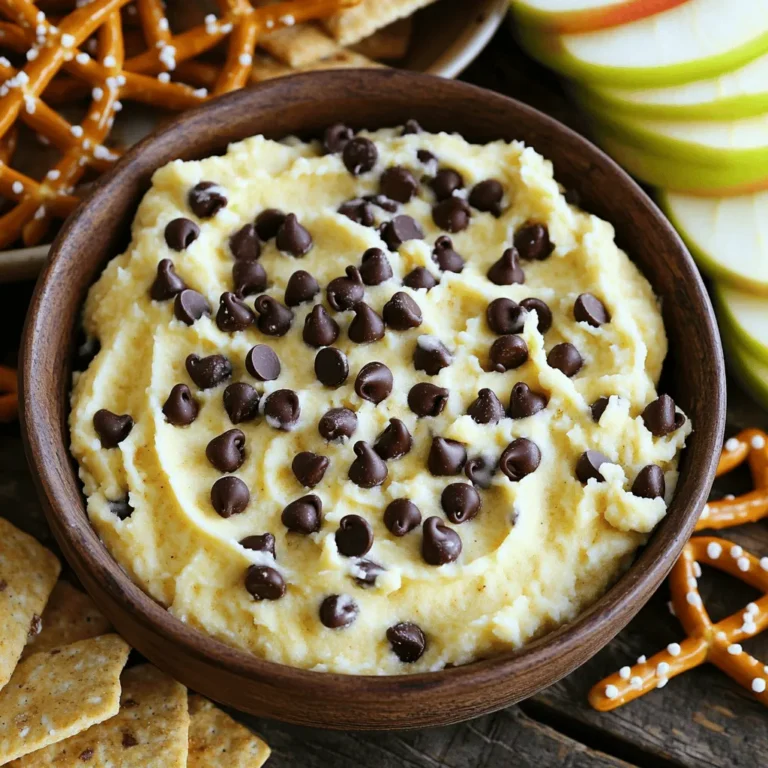 - 1 cup all-purpose flour - ½ cup brown sugar, tightly packed - ½ cup granulated sugar - ½ cup unsalted butter, softened to room temperature - 1 teaspoon pure vanilla extract - 1 cup cream cheese, softened - 1 cup mini chocolate chips - A pinch of salt - Optional: ½ cup chopped nuts (walnuts or pecans) The ingredients for this dip are simple and easy to find. You start with flour, sugars, and butter. The cream cheese adds a rich creaminess. Vanilla gives it a warm flavor that blends well. Mini chocolate chips add a sweet crunch. If you like nuts, add them for extra texture. - Graham crackers - Pretzels - Apple slices You can serve this dip in many fun ways. Graham crackers provide a sweet base. Pretzels add a salty twist. Apple slices give a fresh crunch. All these options pair well with the creamy dip. Try them all to find your favorite! - Step 1: Combine butter and sugars Start by placing the softened butter, brown sugar, and granulated sugar in a medium bowl. Use an electric mixer or a whisk to blend them well. You want this mix to be creamy and smooth. This will take about 2-3 minutes. - Step 2: Add cream cheese and vanilla Next, add your softened cream cheese and pure vanilla extract. Beat the mixture until it becomes fluffy and smooth, which should take another 2-3 minutes. - Step 3: Sift in flour and salt Carefully sift in the all-purpose flour along with a pinch of salt. Mix on low speed or gently fold using a spatula. Be cautious not to overmix. A few small streaks of flour are okay. - Step 4: Fold in chocolate chips and nuts Now, gently fold in the mini chocolate chips. If you like, add the optional chopped nuts too. Make sure everything is evenly mixed throughout the dip. Chilling the dip is key. It helps the flavors blend and makes the dip firmer. I recommend chilling for at least 30 minutes. This step transforms the dip from good to great. Enjoy the wait, as you think about how tasty it will be! To get the best texture for your dip, avoid overmixing. Overmixing can make the dip too dense and tough. When you combine the flour, mix just until you no longer see flour streaks. A few small lumps are okay. This keeps your dip light and creamy. Softened ingredients are key. Make sure your butter and cream cheese are at room temperature. This helps them blend smoothly, creating a creamy base. If they are too cold, you may end up with lumps in your dip. You can enhance the flavor by adding fun ingredients. Try mixing in peanut butter for a nutty twist. It adds rich flavor and pairs well with the chocolate chips. Feel free to get creative with other flavors too! Adjust the sweetness to your liking. If you prefer a less sweet dip, cut back on the sugar. This way, you can enjoy the chocolate flavor without it being too sugary. Taste as you go to find your perfect balance. {{image_4}} You can change up the flavor of your dip. Try making a brownie batter dip. Just mix in cocoa powder and more chocolate chips. This adds a rich, chocolatey twist. Or go for a s'mores-inspired dip. Add crushed graham crackers and mini marshmallows for that campfire taste. Both of these options are fun ways to switch things up. They keep the dip fresh and exciting. If you need gluten-free options, use gluten-free flour instead of all-purpose flour. This keeps the dip safe for those avoiding gluten. For vegan adaptations, swap cream cheese for a plant-based cream cheese. You can also use vegan butter. Make sure to pick a sugar that is vegan-friendly. These changes let more people enjoy this sweet treat. They ensure everyone can dive into this delicious dip! To keep your dip fresh, use an airtight container. Glass or plastic containers work well. Store it in the fridge for up to five days. If you notice any change in smell or texture, throw it out. You can freeze this dip if you want to save some for later. First, place the dip in a freezer-safe container. Press plastic wrap directly onto the dip to avoid ice crystals. Seal the container tightly. You can freeze it for up to three months. When you are ready to eat it, move the dip to the fridge for a day to thaw. Once thawed, stir it gently to revive the texture. Serve with your favorite dippers, like graham crackers or apple slices. Enjoy the creamy goodness again! Yes, you can eat the dip without baking it. This dip is safe to eat raw. The ingredients are all edible as they are. Many people prefer it this way. It’s creamy, sweet, and full of chocolate flavor. Just grab your favorite dippers and enjoy! You can store this dip in the fridge for about five days. Keep it in an airtight container to keep it fresh. After that, the taste and texture may change. If you want to keep it longer, consider freezing it. Yes, making this dip in advance is a great idea! You can prepare it a day ahead of time. This gives the flavors a chance to blend. Just remember to chill it in the fridge before serving. It will be ready to enjoy when you are! If you want a substitute for cream cheese, try Greek yogurt or mascarpone. Both options work well and add creaminess. You can also use silken tofu for a dairy-free option. Just make sure to adjust the sweetness if needed. - Check out the full recipe for Chocolate Chip Cookie Dough Dip Delight [here](#). This blog post showed you how to make Chocolate Chip Cookie Dough Dip. We covered the ingredients and step-by-step instructions. You learned some tips for the best texture and flavor variations to try. Storage advice ensures you keep the dip fresh. Enjoy your creamy dip with snacks like graham crackers or apple slices. Get creative with add-ins for extra flavor. Happy dipping!