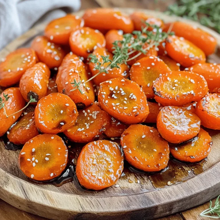 - Young Carrots: These sweet, tender carrots are the star of the dish. Choose fresh, young carrots for the best flavor and texture. Their natural sweetness shines when roasted. - Honey: Honey adds a rich sweetness that balances the tangy balsamic vinegar. It helps caramelize the carrots, giving them a lovely glaze. - Balsamic Vinegar: This vinegar gives a deep, tangy flavor that pairs well with the sweetness of honey. It enhances the dish's complexity. - Olive Oil: Olive oil helps the carrots roast evenly and adds a smooth richness. It also helps the glaze stick to the carrots. - Fresh Thyme Leaves: Thyme adds a fresh, herbaceous note to the dish. Fresh thyme brings out the best flavors in roasted carrots. - Salt and Pepper: These basic seasonings enhance the natural flavors of the carrots. Use them to taste for a well-balanced dish. - Optional Toppings: You can add sesame seeds for a crunchy texture. They also provide a nutty flavor that complements the carrots. - Baking Sheet: A baking sheet is essential for roasting. It allows hot air to circulate around the carrots. - Mixing Bowl: Use a mixing bowl to combine your glaze and toss the carrots. - Whisk or Spatula: A whisk helps blend the glaze well. A spatula aids in coating the carrots evenly. For the full recipe, check out the detailed steps I provided. Enjoy making this simple and flavorful dish! - Preheating the Oven Start by preheating your oven to 400°F (200°C). This step is key for roasting. A hot oven helps the carrots become tender and caramelized. - Preparing the Honey-Balsamic Glaze In a large mixing bowl, combine: - 2 tablespoons honey - 2 tablespoons balsamic vinegar - 2 tablespoons olive oil - 1 teaspoon fresh thyme leaves (or ½ teaspoon dried thyme) - Salt and pepper to taste Whisk these ingredients together until smooth. This glaze adds a sweet and tangy flavor that pairs perfectly with carrots. - Tossing Techniques for Uniform Coating Carefully add the peeled and halved carrots to the bowl. Use a spatula or your hands to toss them in the glaze. Make sure every piece is covered. This ensures that each carrot is packed with flavor. - Ensuring Even Flavor Distribution Spread the coated carrots on a baking sheet lined with parchment paper. Place them in a single layer. This spacing helps them roast evenly and prevents them from steaming. - Setting the Right Temperature and Time Place the baking sheet in your preheated oven. Roast the carrots for about 25-30 minutes. They should become tender and lightly browned. - Tips for Stirring Halfway Through Halfway through cooking, gently stir the carrots. This promotes even caramelization. Stirring also helps prevent any pieces from burning. They should look golden and glossy when done. For more details, check the Full Recipe. How to Choose the Best Carrots When picking carrots, look for young ones. They should be firm, bright, and smooth. Avoid any that feel soft or have blemishes. Fresh carrots add the best taste and color to your dish. Ensuring Even Caramelization To get that sweet, caramelized flavor, spread the carrots on the baking sheet in a single layer. This helps them brown well. Stir them halfway through cooking to ensure all sides get that nice glaze. Plating Suggestions Serve the warm roasted carrots on a large, colorful platter. The vibrant orange will pop against any background. Arrange them in a fan shape or in neat rows for a polished look. Garnishing for Visual Appeal Garnish with fresh thyme or a light sprinkle of sesame seeds. This adds color and texture. A bright green sprig makes the dish more inviting to eat. Overcrowding the Baking Sheet If you crowd the carrots, they will steam instead of roast. This means they won’t get that nice crispy edge. Give them space to breathe for the best results. Underestimating Cooking Time Keep an eye on the cooking time. Roasting can take longer than you think. Check for tenderness and browning at the 25-minute mark. Adjust as needed to achieve the perfect texture. {{image_4}} You can easily change the taste of honey balsamic roasted carrots. Adding garlic or onion gives a nice twist. Just chop a few cloves of garlic or a small onion and toss them in with the carrots. The garlic will add depth, while the onion brings sweetness. If you want to try different sweeteners, consider maple syrup or agave nectar. Each will change the dish’s flavor. Maple syrup adds a nice earthy taste, while agave gives a light sweetness. For a vegan option, simply replace honey with maple syrup. This keeps the dish sweet and still delicious. All other ingredients remain the same. If you're looking for gluten-free options, this recipe is already gluten-free! Just make sure your balsamic vinegar is pure and free from gluten. You can mix in seasonal vegetables for a fun twist. In the fall, add sweet potatoes or butternut squash. In the spring, try asparagus or radishes. Each veggie brings its own flavor and color to the dish. To adapt for holiday themes, consider using festive spices. A sprinkle of cinnamon or nutmeg can bring warmth to your roasted carrots. You can also use seasonal garnishes like pomegranate seeds for a pop of color and taste. For the full recipe, check out the Honey Balsamic Roasted Carrots section. After you finish your Honey Balsamic Roasted Carrots, let them cool down. Place the carrots in a container with a tight lid. Refrigerate them within two hours of cooking. This keeps your dish fresh. I suggest using glass or plastic containers that seal well. They help prevent moisture loss and keep the flavor intact. You can reheat your carrots in two ways: the microwave or the oven. If you choose the microwave, place the carrots in a safe dish. Heat them in short bursts, stirring in between. This keeps them warm but can make them soft. For a crispier result, use the oven. Preheat it to 350°F (175°C). Spread the carrots on a baking sheet. Heat for about 10 minutes or until warm. This method helps maintain the texture and flavor, giving you that fresh-from-the-oven taste. Honey Balsamic Roasted Carrots last about 3 to 5 days in the fridge. Keep an eye on them. If they start to smell funny, it’s best to toss them out. You can also freeze the carrots for longer storage. Place them in a freezer-safe bag or container. They can last up to 3 months in the freezer. Just remember to label them, so you know when to use them. The carrots are done when they are tender and slightly brown. You can check them with a fork. If it goes in easily, they are ready. Look for a nice caramel color on the outside. This shows they are roasted well and full of flavor. Yes, you can! If you want a different taste, try using apple cider vinegar or red wine vinegar. Both will add a nice zing to your dish. Each type of vinegar brings its own unique flavor, so feel free to experiment. Just keep in mind that balsamic vinegar gives a sweet touch that pairs well with honey. These carrots go great with many dishes. You can serve them with grilled chicken or fish for a light meal. They also pair well with roasted meats like pork or beef. If you want a vegetarian option, serve them with quinoa or a fresh salad. Their sweet and tangy flavor complements a variety of foods. Yes, you can prep the carrots ahead of time. Peel and cut them a day before. Store them in water in the fridge to keep them fresh. When you are ready to cook, just drain and coat them in the honey-balsamic glaze. This saves you time and makes dinner easier. We covered how to make honey balsamic roasted carrots, from ingredients to storage. You learned about selecting fresh carrots, creating a tasty glaze, and roasting techniques for perfect results. Remember to experiment with flavors and toppings that fit your taste. Planning ahead makes this dish easier. Enjoy the sweet and tangy flavors with your meals, and have fun cooking!