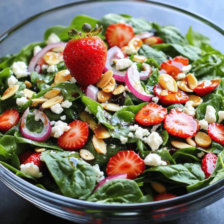- 4 cups fresh baby spinach - 1 cup fresh strawberries - 1/2 cup feta cheese - 1/4 cup sliced almonds - 1/4 cup balsamic vinegar - 2 tablespoons honey - 1 tablespoon olive oil - Seasoning: Sea salt and pepper Fresh ingredients make this salad shine. Start with baby spinach. It's tender and packed with nutrients. Use 4 cups for a good base. Next, add 1 cup of fresh strawberries. They should be sweet and ripe for the best flavor. For a creamy touch, add 1/2 cup of feta cheese. It brings a nice contrast to the fresh greens. Then, toss in 1/4 cup of sliced almonds. They add a crunchy texture that balances the softness of the spinach and strawberries. Now let’s talk about the dressing. You need 1/4 cup of balsamic vinegar for a zesty kick. Mix this with 2 tablespoons of honey for sweetness. The honey rounds out the acidity of the vinegar. Add 1 tablespoon of olive oil to bring it all together. Finally, season with sea salt and pepper to enhance the flavors. For the full recipe, check out the details above. Each ingredient plays a key role in making this salad fresh and zesty! 1. Combine spinach and strawberries: Start with a large bowl. Place 4 cups of fresh baby spinach in it. Next, add 1 cup of luscious fresh strawberries. Make sure to hull and slice the strawberries first. The bright red slices will look stunning against the green spinach. 2. Add feta, almonds, and onion: Now, sprinkle in 1/2 cup of crumbled feta cheese. This creamy cheese pairs well with the sweet strawberries. Next, toss in 1/4 cup of sliced almonds for crunch. Finally, add 1/4 of a red onion, finely shaved. The onion adds a nice bite to the salad. 3. Whisk together dressing ingredients: In a small bowl, mix your dressing. Start with 1/4 cup of high-quality balsamic vinegar. Add 2 tablespoons of pure honey for sweetness. Then, pour in 1 tablespoon of extra virgin olive oil. Use a pinch of sea salt and a dash of cracked pepper. Whisk until smooth. This dressing will bring all the flavors together. 4. Drizzle and toss salad: Carefully drizzle your dressing over the salad base. Use salad tongs or two large spoons to toss the salad. Make sure to coat all the ingredients without bruising the spinach or strawberries. 5. Adjust seasoning if needed: After tossing, taste your salad. If it needs more flavor, add a little more salt or pepper. It’s all about making it perfect for your taste. 6. Serve immediately or chill: You can serve the salad right away for a fresh experience. If you want to enhance the flavors, let it chill for about 5 minutes. Either way, enjoy this Strawberry Spinach Bliss Salad right away. For the full recipe, look back at the ingredients section. To make the best strawberry spinach salad, always choose fresh, ripe strawberries. Look for berries that are bright red and firm. Avoid any with green or white spots. These strawberries will add sweetness and vibrant color to your dish. Next, let’s talk about sogginess. To prevent this, wash your spinach and strawberries before use. Dry them well with a clean towel or use a salad spinner. This step keeps your salad crisp and fresh without any unwanted water. For a stunning display, serve your salad in clear glass bowls. This way, all the colors shine through. You can also add a whole strawberry on top of each bowl. This simple touch makes your salad look fancy and inviting. You can prepare this salad in advance. Just keep the dressing separate until you're ready to serve. This way, the spinach stays fresh and crunchy. If you have leftovers, store them in an airtight container in the fridge. The salad will last for 1-2 days. However, the spinach may wilt over time. Enjoy your strawberry spinach salad fresh for the best taste, or check out the Full Recipe for more ideas! {{image_4}} You can make your Strawberry Spinach Salad even heartier by adding protein. - Grilled chicken or shrimp: These options add a tasty boost. Simply grill your chicken or shrimp until cooked through, then slice or toss them into the salad. - Chickpeas for a vegetarian option: If you prefer a plant-based protein, add chickpeas. They are easy to use and pack a nutritious punch. Just rinse canned chickpeas and toss them in. Changing up the salad's flavors can make it new each time. - Different cheeses: Try goat cheese or blue cheese for a bolder flavor. Goat cheese adds creaminess, while blue cheese offers a tangy kick. - Alternative nuts: Switch out sliced almonds for walnuts or pecans. Both nuts bring their own unique crunch and flavor, enhancing the salad's texture. The dressing is key to a delicious salad. Here are some tasty alternatives. - Citrus vinaigrette: A bright and zesty citrus vinaigrette can add a refreshing twist. Mix fresh orange or lemon juice with oil, salt, and pepper for a simple dressing. - Creamy poppy seed dressing: For a richer taste, try a creamy poppy seed dressing. This adds a touch of sweetness and creaminess that pairs well with the strawberries. Feel free to explore these variations to make your Strawberry Spinach Salad truly your own. You can find the Full Recipe for all the details on making this delightful dish. To keep your salad fresh, store components separately. Put spinach in a dry, airtight container. This helps avoid moisture that can lead to wilting. Keep strawberries in the fridge, but don’t wash them until you're ready to eat. This keeps them firm and tasty. Store feta cheese in its brine for the best flavor. Almonds should go in a cool, dry place. Fresh spinach lasts about 3 to 5 days in the fridge. Strawberries are best when used within 3 days after purchase. Feta cheese can last up to a week if stored properly. If you prepare the salad ahead of time, eat it within 24 hours for the best taste. The dressing can store in the fridge for up to a week. You can get creative with leftovers! Toss leftover salad into a wrap for lunch. Blend it into a smoothie for a fresh twist. You can also mix it with cooked pasta for a quick meal. Another idea is to add it to an omelet for breakfast. These options help you enjoy every bite without waste. For the full recipe, check out the Strawberry Spinach Bliss Salad recipe. Yes, you can use frozen strawberries. They work well in this salad. Just remember to thaw them first. Pat them dry gently with a paper towel. This step helps avoid extra moisture in your salad. Frozen strawberries may be softer than fresh ones. They can still add great flavor. You can try other leafy greens. Arugula offers a peppery flavor. Kale adds a hearty texture. Mixed greens create a mild taste. Each green can change the salad’s vibe. Experiment to see what you like best. To make this salad vegan, swap the honey for maple syrup. You can also use a plant-based cheese. Nutritional yeast is a great option for a cheesy flavor. These simple changes keep the salad tasty and fresh while meeting vegan needs. For the full recipe, check out the Strawberry Spinach Bliss Salad. This blog post explored how to make a delectable Strawberry Spinach Salad. We covered fresh ingredients like baby spinach, strawberries, and feta. You learned step-by-step instructions on preparing the salad and making a tasty dressing. I shared tips for perfecting your salad and creative variations. Remember to store your salad properly to keep it fresh. Try this salad for a light meal or as a side dish. Enjoy each bite and have fun experimenting with flavors!