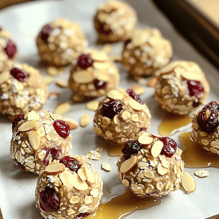 To make Cherry Almond Breakfast Bites, gather the following ingredients: - 1 cup rolled oats - 1/2 cup almond butter - 1/4 cup honey or maple syrup - 1/2 cup dried cherries, finely chopped - 1/4 cup sliced almonds - 1/2 teaspoon pure vanilla extract - 1/4 teaspoon sea salt - 1/2 teaspoon ground cinnamon These ingredients blend together to create a tasty and healthy treat. The oats provide fiber, while the almond butter adds protein. Cherries give a sweet touch, and almonds add crunch. To make these bites, you will need: - A large mixing bowl - A spoon for mixing - Plastic wrap or a lid - A baking tray - Parchment paper This equipment makes it easy to mix and shape the bites. Enjoy creating these Cherry Almond Breakfast Bites with the full recipe. They are simple to make and perfect for breakfast or a snack! To start, gather your ingredients. You need rolled oats, almond butter, honey or maple syrup, dried cherries, sliced almonds, vanilla extract, sea salt, and ground cinnamon. In a large mixing bowl, combine the rolled oats, almond butter, and honey (or maple syrup). Mix these until they form a sticky dough. Next, add the vanilla, sea salt, and cinnamon. Stir well to blend the flavors. Now, gently fold in your chopped dried cherries and sliced almonds. Ensure they spread evenly throughout the mixture for great taste. After preparing the mixture, cover the bowl with plastic wrap. Place it in the fridge for about 30 minutes. Chilling helps the dough firm up. When it's ready, take it out. Use clean hands to scoop small spoonfuls of the mixture. Roll each spoonful into a ball about 1 inch in size. This step is fun and easy! Once shaped, place each Cherry Almond Bite onto a parchment-lined baking tray. Make sure they are spaced out. Now that all the bites are on the tray, put it back in the fridge. Let them chill for another 15-20 minutes. This helps the bites firm up even more. When they are ready, serve them chilled or at room temperature. These bites make a great breakfast or a quick snack. For a nice touch, arrange them on a decorative plate. You can add whole dried cherries and almonds for a beautiful presentation. Enjoy your healthy and tasty treat! For the full recipe, be sure to check out the earlier section. To achieve the best texture, use rolled oats. They give a chewy bite. The almond butter binds everything together. If the mixture feels too sticky, add more oats. If too dry, a splash of water helps. Chilling the mixture for 30 minutes also makes it easier to shape. You can swap almond butter with peanut butter or sunflower seed butter. Maple syrup works well if you want a vegan option. Dried cherries can be replaced with raisins or cranberries. Feel free to adjust the nuts, too; walnuts or pecans are tasty choices. Want extra flavor? Add a pinch of nutmeg or a dash of cocoa powder. You can fold in some mini chocolate chips for a sweet touch. For a fruity twist, try adding orange zest. Each addition can make your bites unique and fun! For the full recipe, refer back to the beginning. {{image_4}} You can swap almond butter for other nut butters. Peanut butter works great. Sunflower seed butter is a good option for nut-free diets. Each nut butter brings a unique flavor. You can also try cashew butter for a creamy twist. While dried cherries shine in this recipe, you can mix it up. Try dried cranberries or apricots for a different taste. Chopped dates add natural sweetness. You can also fold in some dark chocolate chips for a treat. Fresh fruits like banana or apple can add moisture but may change texture. To make these bites gluten-free, use certified gluten-free oats. This small change keeps the bites safe for those with gluten sensitivities. You can enjoy the same great taste without worry. Just make sure all your other ingredients are gluten-free too. For the full recipe, check the earlier section. To keep your Cherry Almond Breakfast Bites fresh, store them in an airtight container. Use a container that seals well to prevent air from getting in. Place parchment paper between layers if you stack them. This step stops them from sticking together. Store the container in the fridge for the best taste. These bites will stay fresh for about one week in the fridge. After that, they may lose flavor and texture. If you notice any changes in smell or look, it's best to toss them out. Keeping them sealed helps maintain their yummy flavor. If you want to keep them longer, freezing is a smart choice. Place the bites in a single layer on a baking tray first. Freeze them for about an hour until firm. Then, transfer them to a freezer-safe bag or container. They can last up to three months in the freezer. When ready to enjoy, just thaw them overnight in the fridge. This method keeps your Cherry Almond Breakfast Bites ready for a healthy treat anytime. For the complete recipe, check the Full Recipe. Yes, you can use fresh cherries. However, fresh cherries have more water. This can make the bites too wet. If you choose fresh, chop them finely. You might need to reduce the amount of almond butter or oats to keep the right texture. You can store these bites in an airtight container. They last about five days in the fridge. For longer storage, keep them in the freezer. They can stay fresh for up to three months when frozen. These bites are great on their own. You can also serve them with yogurt for a tasty breakfast. Pair them with fruit for a balanced snack. Try adding a drizzle of honey over them for extra sweetness. Check out the Full Recipe for more great ideas! You learned how to make Cherry Almond Breakfast Bites today. This recipe is simple and fun. With just a few ingredients and easy steps, you’ll create tasty bites. You can customize the flavors and textures with tips and variations. Now, enjoy these bites as a snack or breakfast. Store them well to keep them fresh. Try different ingredients to make them your own. Enjoy the process and the delicious results!