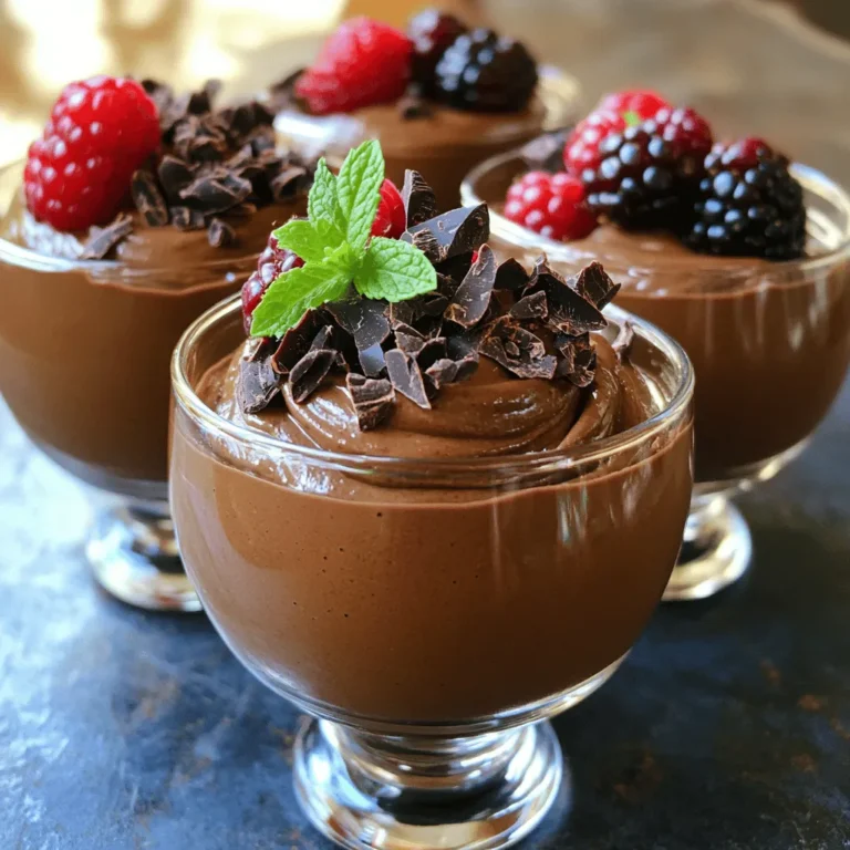 To make a rich chocolate avocado mousse, gather these must-have items: - 2 ripe avocados, peeled and pitted - 1/2 cup unsweetened cocoa powder - 1/4 cup maple syrup (or honey for a different sweetness) - 1/4 cup almond milk (or your preferred milk) - 1 teaspoon vanilla extract - A pinch of sea salt These ingredients work together to create a smooth and creamy texture. The avocados provide healthy fats, while the cocoa powder gives that deep chocolate flavor. Maple syrup adds sweetness, and the almond milk helps blend everything perfectly. You can elevate this mousse with some fun toppings: - Dark chocolate shavings - Fresh berries - A sprig of mint These garnishes not only add flavor but also make your dessert look fancy. Dark chocolate shavings bring a touch of richness. Fresh berries add brightness and a pop of color. A sprig of mint gives a fresh look and taste. You can swap some ingredients if you need to: - Use honey instead of maple syrup for sweetness. - Try coconut milk if you want a richer flavor than almond milk. - Any sweetener you like can replace the maple syrup. Feel free to get creative! Just keep the main ingredients like avocados and cocoa powder to maintain the mousse's core flavor. Check out the Full Recipe to see how all these ingredients come together for a delightful treat. Start with ripe avocados. Cut them in half, then remove the pit. Use a spoon to scoop out the green flesh. Place the avocado in your food processor. This creamy base is key for your mousse. Next, add the unsweetened cocoa powder, maple syrup, almond milk, vanilla extract, and a pinch of sea salt to the processor. Blend on high speed until the mixture is very smooth. Stop to scrape the sides of the bowl. This ensures every bit mixes well. After blending, taste the mousse. If you want it sweeter, add a little more maple syrup and blend again to mix. Spoon the mousse into cups or bowls. Refrigerate for at least 30 minutes. This helps it firm up and makes the flavors pop. When ready to serve, add dark chocolate shavings or fresh berries on top. For a pretty touch, use clear glass cups to show off the rich color. Enjoy your rich and creamy delight! To get the best texture for your mousse, focus on blending. Use a food processor for smoothness. Blend until no lumps remain. If the mousse seems too thick, add a splash of almond milk. This will help it become creamy and silky. If it’s too runny, add a bit of cocoa powder. Always taste as you go to find the perfect balance. You can boost the taste of your mousse easily. Try adding extra vanilla extract for warmth. A tiny pinch of cinnamon can add depth. If you love coffee, mix in a teaspoon of espresso powder. It pairs well with chocolate. For a fruity twist, add a little orange zest. This will brighten the flavors and make it pop. Presentation makes your mousse stand out. Serve it in clear cups to show off that rich color. Top it with dark chocolate shavings or fresh berries for a touch of elegance. A sprig of mint adds a fresh look and flavor too. You can layer the mousse with crushed cookies or nuts for texture. When serving, let your creativity shine! Check out the Full Recipe for more ideas. {{image_4}} You can change the sweetener to fit your taste. Try maple syrup for a natural flavor. Honey brings a floral note. If you like a low-cal option, use stevia or agave. Each sweetener gives a unique twist. This mousse is naturally vegan. Use almond milk, coconut milk, or any plant-based milk. You can switch out the sweeteners for maple syrup or agave. This way, you keep it rich and creamy without dairy. Want to spice it up? Add espresso for a coffee kick. Just a teaspoon can boost the chocolate flavor. Mint extract gives a refreshing touch. Use only a few drops to avoid overpowering the mousse. You can mix and match flavors to create your own unique dessert. For the full recipe, visit the section above. To keep your chocolate avocado mousse fresh, place it in an airtight container. I recommend using glass containers, as they do not retain odors or stains. If you have leftover mousse, make sure to cover it well. This helps to avoid any unwanted air exposure, which can change the flavor and texture over time. You might wonder if you need to reheat mousse. Good news! You do not need to reheat chocolate avocado mousse. It is best served chilled. If you want it a bit softer, let it sit at room temperature for about 10 to 15 minutes before serving. This way, it will be creamy and easy to scoop. Chocolate avocado mousse can last in the fridge for about 3 to 5 days. After that, the avocados may brown, and the texture may change. To keep it looking fresh, use a squeeze of lemon juice on top before sealing. This adds a little zing and can help slow down browning. For the full recipe, check out the complete guide on creating this rich dessert. Yes, chocolate avocado mousse is healthy. It uses avocados as the base. Avocados provide healthy fats, vitamins, and fiber. The cocoa powder adds antioxidants, while maple syrup gives natural sweetness. This dessert is lower in sugar than most mousse recipes. It also has no dairy, making it a great choice for those who are lactose intolerant. Overall, this mousse is a tasty, guilt-free treat. Yes, you can make this mousse in advance. It stores well in the fridge. After blending, spoon it into cups and cover them tightly. You can keep it for up to three days. Just remember to add your garnishes just before serving. This way, they stay fresh and appealing. Making it ahead of time saves you stress on special occasions. If you need a substitute for cocoa powder, try using carob powder. It has a similar taste and is caffeine-free. You can also use dark chocolate. Melt it down and mix it into your avocado blend. This will give you a rich flavor. For a different twist, consider using a flavored protein powder. This option adds a unique taste while boosting nutrition. To make Chocolate Avocado Mousse, start with essential ingredients like ripe avocados and cocoa. You can even add optional garnishes for a fun twist. Use the provided steps to blend and chill for a creamy texture. As you create, remember tips for consistency and flavor. Explore variations by adding sweeteners or flavors like mint. Storing leftovers properly will keep your mousse fresh. In the end, this dessert is both tasty and healthy. Enjoy making this easy treat!