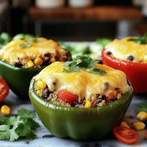 When making Quinoa Black Bean Stuffed Peppers, you need a mix of fresh ingredients. These flavors come together to create a colorful dish that is both tasty and filling. - 4 large bell peppers (any color of your choice) - 1 cup cooked quinoa - 1 can (15 oz) black beans, thoroughly rinsed and drained - 1 cup corn (can use fresh or frozen) - 1 medium onion, finely diced - 2 cloves garlic, minced - 1 teaspoon ground cumin - 1 teaspoon smoked paprika - 1/2 teaspoon chili powder - Salt and pepper, to taste - 1 cup diced tomatoes (canned or fresh, with juices) - 1 cup shredded cheese (your choice of cheddar or mozzarella) - Fresh cilantro, chopped, for garnish - 1 tablespoon olive oil These ingredients are easy to find and can be adjusted based on your taste. You can swap out the cheese or add more spices. I often use these flavors to make my dishes pop. If you want the full recipe, check out the details above! - Preheat the oven to 375°F (190°C). - Slice off the tops of the bell peppers, remove seeds and membranes. - Arrange peppers upright in a baking dish and drizzle with olive oil. First, you need to heat your oven. This step is key for even cooking. Next, grab your bell peppers. I love using different colors for a vibrant look. Cut off the tops and scoop out the seeds and membranes. Then, place them in a baking dish. Make sure they stand up straight. A light drizzle of olive oil will add flavor and help them roast nicely. - Sauté diced onion in a skillet for about 5 minutes. - Add minced garlic and cook for 1 minute. - Combine quinoa, black beans, corn, diced tomatoes, and seasonings in skillet. Now, let’s make the filling! Heat some olive oil in a skillet over medium heat. Add the diced onion and sauté for about five minutes. Stir until the onion turns soft and clear. Then, toss in the minced garlic and cook for just one more minute. You want it fragrant but not burnt. Next, mix in the cooked quinoa, black beans, corn, diced tomatoes, and spices. Stir everything well and let it cook for another five minutes. This melds all the flavors together. - Mix in half of the shredded cheese into the filling. - Spoon the mixture into each bell pepper and pack tightly. - Sprinkle remaining cheese over the tops of the stuffed peppers. Time to stuff the peppers! Take the filling off the heat and fold in half of the shredded cheese. This helps to create a gooey texture. Now, use a spoon to fill each pepper tightly with the mixture. Pack it down so it holds its shape. Finally, sprinkle the remaining cheese on top. This will melt into a delicious crust when cooked. - Cover baking dish with aluminum foil. - Bake for 25 minutes, then remove foil and bake for an additional 10-15 minutes. Cover your baking dish with aluminum foil to keep moisture in. Bake the peppers for 25 minutes. This cooks them through. After that, remove the foil and bake for another 10 to 15 minutes. You want the peppers to be tender and the cheese to be golden brown. When you pull them out, let them cool for a few minutes. Then, enjoy your flavorful quinoa black bean stuffed peppers! For the full recipe, click here. - Preheating the oven is key. It helps cook the peppers evenly. If you skip this step, your peppers might end up soggy or undercooked. Always set your oven to 375°F (190°C) before you start. - When selecting bell peppers, look for ones that are firm and shiny. A ripe pepper should feel heavy for its size. Avoid any with soft spots or wrinkles. Different colors add fun and flavor, so choose your favorites! - To boost flavor, consider adding spices like oregano or thyme. Fresh herbs like basil can also brighten the dish. A squeeze of lime juice at the end adds a nice tang. - If you want heat, add chopped jalapeños or a dash of hot sauce. You can mix in red pepper flakes for an extra kick. Adjust the spice level to your taste! - These stuffed peppers pair well with a fresh salad or some rice. A side of guacamole or a dollop of sour cream can elevate the meal. - For presentation, serve each pepper on a colorful plate. Drizzle extra diced tomatoes or salsa around the plate. This makes the dish look vibrant and inviting. Garnish with fresh cilantro to add a pop of color. For the full recipe, check out the details above! {{image_4}} You can swap in different plant-based proteins for this dish. Tofu or tempeh make great additions. They add texture and protein. You can also try lentils for a hearty option. If you want to use other beans, kidney or pinto beans work well. They bring unique flavors and nutrients to the mix. You might also try chickpeas for a twist. Each option keeps the meal filling and nutritious. Cheese makes these stuffed peppers creamy and rich. You can use cheddar or mozzarella for classic flavors. However, don't be afraid to experiment with pepper jack for some heat. If you prefer vegan options, try cashew cheese or almond cheese. These can provide a creamy texture while keeping it plant-based. Nutritional yeast is another great choice; it adds a cheesy taste without dairy. Adding more vegetables enhances your filling. You can mix in zucchini or mushrooms for extra flavor and nutrients. Spinach or kale adds great color and vitamins too. When you include other veggies, adjust cooking times. For denser veggies like carrots, chop them small and sauté longer. Softer veggies can go in later, just to avoid overcooking them. This way, your stuffed peppers stay bright and tasty. To store leftover stuffed peppers, place them in an airtight container. Make sure the peppers are completely cool before sealing. I recommend keeping them in the fridge for up to four days. This helps maintain their taste and texture. If you want to reheat them, just pop them in the microwave or oven until they are warm. If you want to freeze your stuffed peppers, wrap each one tightly in plastic wrap. Then place them in a freezer-safe bag or container. They can last for up to three months in the freezer. When you are ready to eat them, thaw in the fridge overnight. Reheat in the oven at 350°F (175°C) for about 25-30 minutes for best results. Before serving, check the peppers for freshness. If they seem dry, drizzle a bit of olive oil over them. This will help refresh their flavor. Always make sure to heat them until they are steaming hot. This ensures they are safe to eat. Enjoy your tasty Quinoa Black Bean Stuffed Peppers! For the full recipe, refer back to the earlier section. Yes, you can prepare these stuffed peppers ahead of time. First, cook the filling and stuff the peppers. Then, cover and store them in the fridge for up to two days. When ready to eat, simply bake them straight from the fridge. You may need to extend the baking time by about five to ten minutes. If you want to swap quinoa, consider using rice, farro, or couscous. Brown rice adds a nutty flavor. Farro is chewy and packed with nutrients. Couscous cooks quickly and is light. Each option gives the dish a different taste, so feel free to experiment. Yes, these stuffed peppers are gluten-free. The main ingredients, quinoa, black beans, and fresh veggies, do not contain gluten. Always check that any seasoning mixes you use are labeled gluten-free to ensure a safe meal for those with gluten sensitivity. To spice things up, add chopped jalapeños or serrano peppers to the filling. You can also increase the chili powder or use hot sauce. For a smoky flavor, try adding chipotle peppers in adobo sauce. Adjust the heat to your liking for a customized kick. Absolutely! You can use poblano peppers for a deeper flavor or even mini sweet peppers for a fun appetizer. Zucchini halves also work well if you want a low-carb option. Get creative with your choice of peppers to find your favorite combination. For the Full Recipe, check the earlier sections. In this post, we covered how to make colorful quinoa black bean stuffed peppers. We discussed ingredients, cooking steps, tips for flavor, and storage options. You now have great ideas for customizations and serving suggestions. Experiment with spices and toppings to make this dish unique. Enjoy your meal, and remember that cooking is all about having fun and sharing!