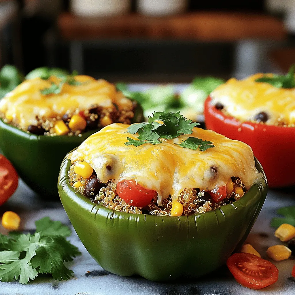 When making Quinoa Black Bean Stuffed Peppers, you need a mix of fresh ingredients. These flavors come together to create a colorful dish that is both tasty and filling. - 4 large bell peppers (any color of your choice) - 1 cup cooked quinoa - 1 can (15 oz) black beans, thoroughly rinsed and drained - 1 cup corn (can use fresh or frozen) - 1 medium onion, finely diced - 2 cloves garlic, minced - 1 teaspoon ground cumin - 1 teaspoon smoked paprika - 1/2 teaspoon chili powder - Salt and pepper, to taste - 1 cup diced tomatoes (canned or fresh, with juices) - 1 cup shredded cheese (your choice of cheddar or mozzarella) - Fresh cilantro, chopped, for garnish - 1 tablespoon olive oil These ingredients are easy to find and can be adjusted based on your taste. You can swap out the cheese or add more spices. I often use these flavors to make my dishes pop. If you want the full recipe, check out the details above! - Preheat the oven to 375°F (190°C). - Slice off the tops of the bell peppers, remove seeds and membranes. - Arrange peppers upright in a baking dish and drizzle with olive oil. First, you need to heat your oven. This step is key for even cooking. Next, grab your bell peppers. I love using different colors for a vibrant look. Cut off the tops and scoop out the seeds and membranes. Then, place them in a baking dish. Make sure they stand up straight. A light drizzle of olive oil will add flavor and help them roast nicely. - Sauté diced onion in a skillet for about 5 minutes. - Add minced garlic and cook for 1 minute. - Combine quinoa, black beans, corn, diced tomatoes, and seasonings in skillet. Now, let’s make the filling! Heat some olive oil in a skillet over medium heat. Add the diced onion and sauté for about five minutes. Stir until the onion turns soft and clear. Then, toss in the minced garlic and cook for just one more minute. You want it fragrant but not burnt. Next, mix in the cooked quinoa, black beans, corn, diced tomatoes, and spices. Stir everything well and let it cook for another five minutes. This melds all the flavors together. - Mix in half of the shredded cheese into the filling. - Spoon the mixture into each bell pepper and pack tightly. - Sprinkle remaining cheese over the tops of the stuffed peppers. Time to stuff the peppers! Take the filling off the heat and fold in half of the shredded cheese. This helps to create a gooey texture. Now, use a spoon to fill each pepper tightly with the mixture. Pack it down so it holds its shape. Finally, sprinkle the remaining cheese on top. This will melt into a delicious crust when cooked. - Cover baking dish with aluminum foil. - Bake for 25 minutes, then remove foil and bake for an additional 10-15 minutes. Cover your baking dish with aluminum foil to keep moisture in. Bake the peppers for 25 minutes. This cooks them through. After that, remove the foil and bake for another 10 to 15 minutes. You want the peppers to be tender and the cheese to be golden brown. When you pull them out, let them cool for a few minutes. Then, enjoy your flavorful quinoa black bean stuffed peppers! For the full recipe, click here. - Preheating the oven is key. It helps cook the peppers evenly. If you skip this step, your peppers might end up soggy or undercooked. Always set your oven to 375°F (190°C) before you start. - When selecting bell peppers, look for ones that are firm and shiny. A ripe pepper should feel heavy for its size. Avoid any with soft spots or wrinkles. Different colors add fun and flavor, so choose your favorites! - To boost flavor, consider adding spices like oregano or thyme. Fresh herbs like basil can also brighten the dish. A squeeze of lime juice at the end adds a nice tang. - If you want heat, add chopped jalapeños or a dash of hot sauce. You can mix in red pepper flakes for an extra kick. Adjust the spice level to your taste! - These stuffed peppers pair well with a fresh salad or some rice. A side of guacamole or a dollop of sour cream can elevate the meal. - For presentation, serve each pepper on a colorful plate. Drizzle extra diced tomatoes or salsa around the plate. This makes the dish look vibrant and inviting. Garnish with fresh cilantro to add a pop of color. For the full recipe, check out the details above! {{image_4}} You can swap in different plant-based proteins for this dish. Tofu or tempeh make great additions. They add texture and protein. You can also try lentils for a hearty option. If you want to use other beans, kidney or pinto beans work well. They bring unique flavors and nutrients to the mix. You might also try chickpeas for a twist. Each option keeps the meal filling and nutritious. Cheese makes these stuffed peppers creamy and rich. You can use cheddar or mozzarella for classic flavors. However, don't be afraid to experiment with pepper jack for some heat. If you prefer vegan options, try cashew cheese or almond cheese. These can provide a creamy texture while keeping it plant-based. Nutritional yeast is another great choice; it adds a cheesy taste without dairy. Adding more vegetables enhances your filling. You can mix in zucchini or mushrooms for extra flavor and nutrients. Spinach or kale adds great color and vitamins too. When you include other veggies, adjust cooking times. For denser veggies like carrots, chop them small and sauté longer. Softer veggies can go in later, just to avoid overcooking them. This way, your stuffed peppers stay bright and tasty. To store leftover stuffed peppers, place them in an airtight container. Make sure the peppers are completely cool before sealing. I recommend keeping them in the fridge for up to four days. This helps maintain their taste and texture. If you want to reheat them, just pop them in the microwave or oven until they are warm. If you want to freeze your stuffed peppers, wrap each one tightly in plastic wrap. Then place them in a freezer-safe bag or container. They can last for up to three months in the freezer. When you are ready to eat them, thaw in the fridge overnight. Reheat in the oven at 350°F (175°C) for about 25-30 minutes for best results. Before serving, check the peppers for freshness. If they seem dry, drizzle a bit of olive oil over them. This will help refresh their flavor. Always make sure to heat them until they are steaming hot. This ensures they are safe to eat. Enjoy your tasty Quinoa Black Bean Stuffed Peppers! For the full recipe, refer back to the earlier section. Yes, you can prepare these stuffed peppers ahead of time. First, cook the filling and stuff the peppers. Then, cover and store them in the fridge for up to two days. When ready to eat, simply bake them straight from the fridge. You may need to extend the baking time by about five to ten minutes. If you want to swap quinoa, consider using rice, farro, or couscous. Brown rice adds a nutty flavor. Farro is chewy and packed with nutrients. Couscous cooks quickly and is light. Each option gives the dish a different taste, so feel free to experiment. Yes, these stuffed peppers are gluten-free. The main ingredients, quinoa, black beans, and fresh veggies, do not contain gluten. Always check that any seasoning mixes you use are labeled gluten-free to ensure a safe meal for those with gluten sensitivity. To spice things up, add chopped jalapeños or serrano peppers to the filling. You can also increase the chili powder or use hot sauce. For a smoky flavor, try adding chipotle peppers in adobo sauce. Adjust the heat to your liking for a customized kick. Absolutely! You can use poblano peppers for a deeper flavor or even mini sweet peppers for a fun appetizer. Zucchini halves also work well if you want a low-carb option. Get creative with your choice of peppers to find your favorite combination. For the Full Recipe, check the earlier sections. In this post, we covered how to make colorful quinoa black bean stuffed peppers. We discussed ingredients, cooking steps, tips for flavor, and storage options. You now have great ideas for customizations and serving suggestions. Experiment with spices and toppings to make this dish unique. Enjoy your meal, and remember that cooking is all about having fun and sharing!