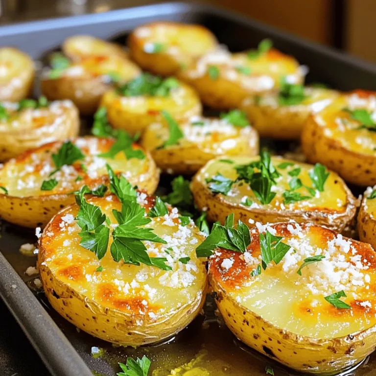 Parmesan Herb Roasted Potatoes are a tasty side dish. They are simple to make and fill your home with a warm, cozy aroma. This dish pairs well with almost any main meal. You can enjoy them at family dinners or casual get-togethers. To make these roasted potatoes, here is what you need: - 2 pounds baby potatoes, halved - 1/2 cup freshly grated Parmesan cheese - 3 tablespoons extra-virgin olive oil - 2 teaspoons dried oregano - 2 teaspoons dried thyme - 1 teaspoon garlic powder - Salt and freshly ground black pepper to taste - Fresh parsley or chives, finely chopped, for garnish (optional) You can change this recipe to fit your taste. Here are some ideas: - Add red pepper flakes for a bit of heat. - Use fresh herbs instead of dried ones for a stronger flavor. - Swap Parmesan cheese with Pecorino Romano for a sharper taste. - Mix in lemon zest for a refreshing twist. These optional ingredients can make your dish even more exciting! To start, gather all your ingredients. You need 2 pounds of baby potatoes. Halve each potato to help them cook evenly. In a large mixing bowl, toss the halved potatoes with 3 tablespoons of olive oil. This oil adds flavor and helps with crisping. Next, sprinkle in 2 teaspoons of dried oregano and 2 teaspoons of dried thyme. Then add 1 teaspoon of garlic powder, salt, and pepper. Toss well to coat each potato half in the herb mix. Now, it’s time to roast! Preheat your oven to 425°F (220°C). This step is key for crispy potatoes. Line a baking sheet with parchment paper for easy cleanup. Spread the seasoned potatoes in a single layer. Make sure they have space between them; this helps them roast better. Place the baking sheet in the oven and roast for 25-30 minutes. Halfway through, take them out and toss the potatoes. This ensures they brown evenly. Keep an eye on them; you want them golden brown and crispy. Once the potatoes are roasted to perfection, remove them from the oven. Let them cool for a few minutes. For a fresh finish, sprinkle with finely chopped parsley or chives. This adds color and a burst of flavor. Your Parmesan herb roasted potatoes are now ready to enjoy! For the full recipe, check out the detailed instructions. To get crispy potatoes, start with the right oven temperature. Preheat your oven to 425°F (220°C). Use baby potatoes for the best results. Halve them to allow more surface area for browning. Toss the potatoes with olive oil and seasonings. The oil helps them crisp up nicely. Spread the potatoes in a single layer on the baking sheet. Make sure they have space between them. This step is key for airflow and even cooking. Toss the potatoes halfway through roasting to ensure they brown evenly. To boost the flavor of your Parmesan herb roasted potatoes, consider adding fresh herbs. Fresh rosemary or basil can add a nice twist. You can also mix in some chili flakes for a little heat. A squeeze of lemon juice right before serving brightens the dish. If you love garlic, try roasting a few whole cloves with the potatoes. It adds a sweet and rich flavor that pairs well with Parmesan. If you run out of Parmesan cheese, try using Pecorino Romano instead. It has a similar flavor and works well. You can swap olive oil for melted butter for a richer taste. For herbs, fresh ones can take the dish to the next level. Use about three times as much fresh herbs as dried ones. If you need a dairy-free option, try nutritional yeast for a cheesy flavor. Each of these substitutions keeps the dish tasty while adding your personal touch. For the complete recipe, check out the Full Recipe section. {{image_4}} You can change the herbs in these potatoes. Try rosemary for a piney taste. Basil adds a sweet flavor. You can also use fresh herbs if you have them. Just chop them finely. Mix about one tablespoon of fresh herbs instead of the dried ones. Parmesan shines in this dish, but you can switch it up. Try Pecorino Romano for a sharper kick. Cheddar adds creaminess and a different taste. For a richer flavor, use Gruyère. Just make sure to grate it finely for even melting. If you want to try a different way to cook these potatoes, consider air frying. Set your air fryer to 400°F and cook for about 20 minutes. Shake the basket halfway for even cooking. You can also boil the potatoes first. This makes them soft inside before roasting. Just boil for 10 minutes, then follow the roasting steps from the Full Recipe. To store your leftover Parmesan herb roasted potatoes, let them cool first. Place them in an airtight container. They will keep well in your fridge for about three days. Make sure to keep them away from strong-smelling foods to avoid absorbing those odors. When you're ready to enjoy your leftovers, preheat your oven to 400°F (200°C). Spread the potatoes on a baking sheet. Heat them for about 10-15 minutes, or until they are hot and crispy again. You can also use a microwave, but this may make them a bit soft. If you want to freeze these potatoes, it’s best to do it before cooking. After mixing the potatoes and spices, place them on a baking sheet in a single layer. Freeze them for a couple of hours, then transfer them to a freezer bag. When you want to cook them, no need to thaw; just roast them straight from the freezer. Be sure to check the cooking time, as it may need a bit longer. For the full recipe, check the earlier section. Parmesan Herb Roasted Potatoes last about 3 to 5 days when stored properly. Place them in an airtight container and keep them in the fridge. This way, they stay fresh and tasty for your next meal. Yes, you can make these potatoes ahead of time. Cook them fully, then let them cool. Store the cooked potatoes in the fridge for up to 5 days. When you're ready to serve, you can reheat them in the oven for a crispy finish. Parmesan Herb Roasted Potatoes go well with many dishes. They pair nicely with grilled chicken, steak, or roasted fish. You can also serve them with a fresh salad or as part of a veggie platter. For more ideas, check the Full Recipe. You learned about making tasty Parmesan Herb Roasted Potatoes. We covered the key ingredients, step-by-step cooking, and helpful tips. Remember, feel free to mix things up with variations or different herbs. Proper storage extends your leftovers, and reheating keeps them tasty. With these easy steps, you'll impress family and friends. Enjoy this simple dish anytime.