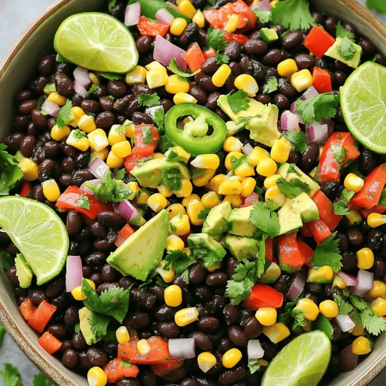 - 1 can (15 oz) black beans, rinsed and well-drained - 1 cup corn kernels (fresh, frozen, or canned) - 1 red bell pepper, diced - 1/2 cup red onion, finely chopped - 1 jalapeño pepper, deseeded and minced - 1 ripe avocado, diced - 1/4 cup fresh cilantro, chopped - Juice of 2 limes - 3 tablespoons extra-virgin olive oil - 1 teaspoon ground cumin - 1 teaspoon smoked paprika - Salt and freshly ground pepper to taste I love using black beans in this salad. They add protein and fiber. They also make the dish filling. Corn brings a sweet crunch. It pairs well with the beans. The red bell pepper adds color and a slight sweetness. Red onion gives a sharp taste that balances the flavors. For spice, I use jalapeño. It adds heat without being too strong. If you want less spice, remove the seeds or skip the jalapeño. The ripe avocado adds creaminess. It makes every bite smooth and rich. Fresh cilantro brings a bright, fresh taste. The lime juice adds acidity. It brightens the salad and keeps it fresh. Olive oil adds healthy fats. The ground cumin and smoked paprika give depth. These spices add warmth and a hint of smokiness. This salad is not just tasty; it's also nutritious. The black beans are high in protein and fiber. They support digestion and keep you full longer. The corn, bell pepper, and avocado provide key vitamins. They help keep your body healthy. You can find the Full Recipe for this salad at the end. Enjoy making this colorful dish and feel good about what you eat! Start by mixing the base ingredients in a large bowl. Add the black beans, corn, diced red bell pepper, chopped red onion, and minced jalapeño. Stir gently to combine everything without mashing the beans. This keeps the texture nice. Next, gently fold in the diced avocado and chopped cilantro. Be careful here! You want those avocado pieces to stay whole. They add a creamy texture to the salad, which is delightful. Now, let’s make the dressing. In a small bowl, whisk together the lime juice, olive oil, ground cumin, and smoked paprika. Add salt and pepper to taste. This dressing adds zing and flavor to the salad. To achieve the ideal consistency, ensure that you mix well. You want it to be smooth but not too runny. If it seems thick, add a bit more olive oil or lime juice. Drizzle the dressing over your salad mixture. Gently toss everything together until it’s evenly coated. This step is important! It ensures every bite is full of flavor. Allow the salad to rest for about 10-15 minutes at room temperature. This helps the flavors meld beautifully. Trust me, the wait is worth it! You can check the [Full Recipe] for more details. To make your Southwest Black Bean Salad pop, add more spices or herbs. You can try adding a pinch of cayenne pepper or a dash of chili powder for heat. Fresh herbs like parsley or oregano can also bring a nice twist. If you want to switch things up, use different beans, like pinto or kidney beans. Each type adds its own flavor and texture, making your salad unique. When serving this salad, think about how it looks. A large, colorful bowl makes for a great centerpiece. You can also layer the salad in clear jars for a fun and stylish option. This way, guests can see all the vibrant colors. It’s perfect for parties or picnics. Plus, it’s easy for guests to grab their own jar! One mistake to watch out for is overmixing the salad. This can mash the beans and ruin the texture. Gently fold the ingredients instead. Another common issue is using overly ripe ingredients, especially the avocado. If the avocado is too soft, it can break apart and make the salad mushy. Pick firm, ripe avocados for the best results. {{image_4}} You can change the base of your Southwest black bean salad. Adding grilled chicken or tofu makes it heartier. Both protein options give you energy. You can also include more veggies. Cucumbers add crunch, while tomatoes bring sweetness. These changes keep the salad fresh and exciting. The dressing can change the whole taste of your salad. You can try different vinaigrettes, like balsamic or honey mustard. Each adds its own twist. If you prefer a creamier texture, go for a yogurt-based dressing. This will make the salad rich and smooth. This salad pairs well with many dishes. You can serve it with tacos or burritos for a complete meal. It also works great as a side with grilled meats. The bright flavors complement spicy foods nicely. For a fun touch, scoop the salad into taco shells. It’s a delicious way to enjoy this recipe and impress your guests. For the Full Recipe, check here: [Full Recipe]. To keep your Southwest black bean salad fresh, store it in an airtight container. This helps to lock in flavors and keep ingredients crisp. The salad lasts about 3 to 5 days in the fridge. It’s best to eat it within the first few days for optimal taste. You can freeze this salad, but it’s best to freeze the ingredients separately. Black beans and corn freeze well, but the avocado and fresh herbs do not. If you want to enjoy the salad later, freeze black beans and corn in one bag. Store diced avocado and herbs in another. This way, you can mix them fresh when you’re ready to eat. To reheat the salad, gently warm the beans and corn in a pan over low heat. Avoid using high heat, as it can mush the beans. After reheating, check the flavors. You might need to add more lime juice or salt to bring back the taste. Enjoy your meal ready and full of flavor! Yes, you can make this salad ahead of time. It tastes even better after resting. To prep in advance, chop all your veggies and store them in a bowl. Keep the dressing in a separate container. When you are ready to eat, mix everything together. This keeps the salad fresh and crunchy. This salad works great for meal prepping! Portion the salad into containers. You can add the dressing just before eating. This way, the salad stays fresh throughout the week. Use airtight containers to keep everything crisp. Black beans are packed with nutrients. They are high in protein and fiber. This helps you feel full longer and aids digestion. They also contain vitamins and minerals like iron, magnesium, and folate. Adding black beans to your diet can support heart health and help maintain stable blood sugar levels. To add heat, increase the amount of jalapeño. You can also add diced serrano peppers for extra spice. A dash of hot sauce or cayenne pepper can kick it up, too. Taste as you go to find your perfect spice level. Fresh ingredients often taste brighter and have better texture. They can add more crunch to your salad. Canned ingredients are convenient and save time. They’re also usually less expensive. Be sure to rinse canned beans to remove extra salt. Choose what's best for your schedule and taste. For the complete recipe, check out the [Full Recipe]. This blog post covered how to make a delicious Southwest Black Bean Salad. We discussed the key ingredients, nutritional facts, and tasty variations. You learned the step-by-step process, from mixing to serving. We also shared tips for storage and answered common questions. Enjoy making this salad for your next meal or gathering. Remember, it’s easy to customize to suit your taste. With the right ingredients and a few tweaks, you'll have a healthy dish that everyone loves. Get cooking and enjoy!