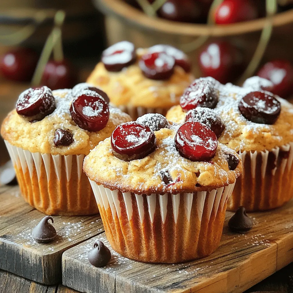 To make Cherry Oatmeal Chocolate Chip Muffins, you need the following: - 1 cup rolled oats - 1 cup milk (or almond milk for a dairy-free option) - 1 cup all-purpose flour - 1/2 cup packed brown sugar - 1/4 cup granulated sugar - 1/2 teaspoon baking powder - 1/2 teaspoon baking soda - 1/4 teaspoon salt - 1/2 teaspoon ground cinnamon - 1/3 cup vegetable oil - 2 large eggs - 1 teaspoon vanilla extract - 1 cup fresh or frozen cherries, pitted and halved - 1/2 cup semi-sweet chocolate chips If you want to change some ingredients, here are some options: - Use almond milk instead of regular milk for a dairy-free option. - Swap all-purpose flour with gluten-free flour for a gluten-free treat. - Replace brown sugar with coconut sugar for a different sweetness. - Use applesauce instead of eggs for a vegan version. These muffins are not just tasty; they also provide good nutrition. Here’s a rough breakdown per muffin: - Calories: 180 - Protein: 4g - Carbohydrates: 28g - Fat: 7g - Fiber: 2g - Sugar: 8g With these ingredients and options, you can make delicious Cherry Oatmeal Chocolate Chip Muffins. Check out the Full Recipe to get started! To make cherry oatmeal chocolate chip muffins, start with simple steps. These muffins are quick to prep and bake. Gather your ingredients first. You need rolled oats, flour, sugars, and more. The process is easy and fun. 1. Preheat the Oven: Set your oven to 375°F (190°C). Get your muffin tin ready by lining it with paper liners or greasing it well. This helps the muffins not stick. 2. Soak the Oats: In a medium bowl, mix rolled oats with milk. Stir and let it sit for about 10 minutes. This softens the oats and makes them creamy. 3. Combine Dry Ingredients: In a large bowl, whisk together flour, brown sugar, granulated sugar, baking powder, baking soda, salt, and cinnamon. Mix well to avoid lumps. 4. Prepare Wet Ingredients: Add vegetable oil, eggs, and vanilla to the soaked oats. Whisk until smooth and well-mixed. 5. Combine Wet and Dry: Carefully fold the wet mix into the dry mix with a spatula. Mix until just combined. A few lumps are okay, so don’t overmix. 6. Incorporate Fruits: Gently fold in halved cherries and chocolate chips. Make sure they are evenly mixed in the batter. 7. Fill the Muffin Cups: Use a scoop or spoon to fill each muffin cup two-thirds full. This allows space for the muffins to rise. 8. Bake the Muffins: Place the muffin tin in the oven. Bake for 18-20 minutes. To check if they are done, insert a toothpick. It should come out clean. 9. Cool and Serve: Take the muffins out and let them cool in the pan for 5 minutes. Then move them to a wire rack to cool completely. Enjoy warm! To check if your muffins are ready, use a toothpick. Insert it into the center of a muffin. If it comes out clean, your muffins are done. If there’s batter on the toothpick, bake for a few more minutes. Keep an eye on them to avoid overbaking. Trust your senses; the smell will guide you too! For more detailed steps, refer to the Full Recipe. To get the best muffins, mix your wet and dry ingredients well. First, soak the oats in milk for ten minutes. This softens the oats and helps them blend. When you mix the wet and dry ingredients, do it gently. Use a spatula to fold them together. You want to see some lumps. This keeps your muffins light and fluffy. One big mistake is overmixing the batter. If you mix too much, your muffins can turn out dense. Another mistake is not measuring ingredients properly. Use measuring cups and spoons for accuracy. Also, don’t skip soaking the oats. This step is key to soft muffins. Finally, make sure your oven is preheated. If it’s not hot enough, your muffins won't rise well. For moist muffins, keep an eye on your baking time. Check them at 18 minutes. Insert a toothpick into the center. If it comes out clean, they’re done. If you want extra moisture, you can add a bit more milk or oil. Lastly, let the muffins cool in the pan for five minutes. This helps them stay moist and tasty. For the full recipe, see above. {{image_4}} You can easily make these cherry oatmeal chocolate chip muffins gluten-free. Simply swap the all-purpose flour with a 1:1 gluten-free flour blend. Ensure the blend you choose contains xanthan gum for the best texture. Check your oats too; make sure they are certified gluten-free. This way, you can enjoy the same great taste without gluten! To make these muffins vegan, you can replace eggs with flaxseed meal. Mix 1 tablespoon of flaxseed meal with 2.5 tablespoons of water. Let it sit for a few minutes to thicken. Use almond milk instead of regular milk for a dairy-free option. The oats, cherries, and chocolate chips will still shine through in this plant-based version. Feel free to get creative with your muffins! Here are some fun ideas: - Nuts: Add 1/2 cup of chopped walnuts or pecans for a crunchy bite. - Spices: Try adding a pinch of nutmeg or allspice for warmth. - Fruit Swaps: Use blueberries, raspberries, or diced apples instead of cherries for a twist. - Chocolate Variants: Swap semi-sweet chocolate chips for dark or white chocolate chips. These variations make the muffins fun and flexible. Don’t hesitate to mix and match based on your taste! For the full recipe, check out the details above. To keep your cherry oatmeal chocolate chip muffins fresh, store them in an airtight container. This helps prevent them from drying out. If you have leftovers, let them cool completely before sealing. Place a piece of parchment paper between layers to keep them from sticking together. They stay fresh for up to three days at room temperature. Freezing your muffins is easy. First, wrap each muffin in plastic wrap. Then, put them in a freezer-safe bag or container. This keeps them fresh for up to three months. When you’re ready to enjoy them, simply take out a muffin and let it thaw at room temperature. You can also pop it in the microwave for about 30 seconds for a quick treat. To warm your muffins, preheat your oven to 350°F (175°C). Place the muffins on a baking sheet and heat for about 10 minutes. This helps restore their soft texture. If you prefer the microwave, heat one muffin for about 15 to 20 seconds. Enjoy your muffins warm for the best taste! For the full recipe, check out the complete guide to making these tasty treats. You can make these muffins healthier by using whole wheat flour instead of all-purpose flour. Also, reduce the sugar by half or use a natural sweetener like maple syrup. Adding ground flaxseed increases fiber and nutrients. You can also swap half of the oil for unsweetened applesauce. This keeps them moist while cutting down on fat. Yes, you can use dried cherries. Just remember to chop them into smaller pieces. Dried cherries will add a nice chewy texture. Soak them in warm water for about 10 minutes before adding them to the mix. This helps them stay moist during baking. These muffins stay fresh for about 3 to 4 days at room temperature. Store them in an airtight container to keep them soft. If you want them to last longer, you can freeze them. They will stay good for up to 3 months in the freezer. If you need an egg substitute, try using flax eggs. To make one flax egg, mix 1 tablespoon of ground flaxseed with 2.5 tablespoons of water. Let it sit for 5 minutes to thicken. You can also use unsweetened applesauce or mashed banana. Use 1/4 cup for each egg you replace. This keeps your muffins moist and adds flavor. For the full recipe, check out the Cherry Oatmeal Chocolate Chip Muffins section! In this blog post, we explored every detail of making cherry oatmeal chocolate chip muffins. We covered ingredients, substitutions for diets, and nutritional breakdowns. I provided step-by-step instructions and tips to avoid common mistakes. You learned variations like gluten-free and vegan options. Lastly, I shared storage tips and frequently asked questions. Now you're ready to bake perfect muffins. Enjoy your delicious creations!