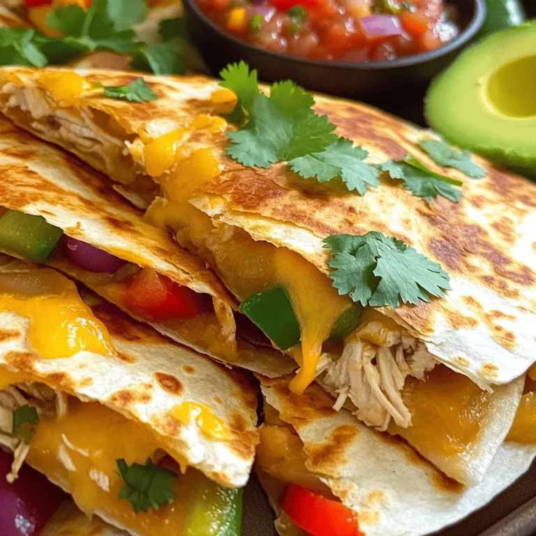 When you make cheesy sheet pan chicken quesadillas, you need the right ingredients for the best taste. Here’s what you will need: - Shredded chicken options - 2 cups cooked chicken, shredded (rotisserie chicken works wonderfully) - Cheese varieties - 1 cup shredded cheddar cheese - 1 cup shredded Monterey Jack cheese - 1/2 cup cream cheese, softened - 1/4 cup sour cream - Vegetables and other mix-ins - 1 medium red bell pepper, diced - 1 medium green bell pepper, diced - 1 small red onion, finely chopped - 1 tablespoon taco seasoning - 8 large flour tortillas - 1 tablespoon olive oil - Fresh cilantro, chopped (for garnish) - Salsa, for serving - Avocado or guacamole, for serving These ingredients blend together to create a flavor-packed meal. Using rotisserie chicken saves time and adds great taste. The mix of cheddar and Monterey Jack gives a creamy, melty texture. Adding bell peppers and onions adds crunch and freshness. The taco seasoning gives it that extra kick. Feel free to experiment with your favorite veggies and cheese. This recipe is versatile and allows you to customize it to your liking. For the full recipe, check out the details above. Set your oven to 400°F (200°C). This heat helps the quesadillas cook evenly. Grab a large baking sheet and line it with parchment paper. This step is key because it keeps the quesadillas from sticking. Plus, it makes clean-up a breeze. In a big bowl, mix your ingredients well. You will need cooked chicken, cheddar cheese, Monterey Jack cheese, cream cheese, sour cream, diced red and green bell peppers, chopped red onion, and taco seasoning. The mixture should be smooth and creamy. Look for a texture that is spreadable but not runny. This helps keep the filling inside the tortillas. On a flat surface, lay down four tortillas. Spread the chicken mixture evenly on each one. Make sure to reach the edges so every bite is tasty. Then, place another tortilla on top of each filled one. Press down gently. This helps them stick together and hold the filling in. Once your quesadillas are ready, move them to the baking sheet. Brush the tops with olive oil. This adds flavor and helps them turn golden brown. Bake in your preheated oven for 15-20 minutes. Look for a nice golden color and melted cheese inside. These signs tell you they are done. After baking, take the quesadillas out and let them cool for a few minutes. This makes slicing easier. Cut each quesadilla into quarters for serving. Aim for about 4-6 servings, depending on your crowd. These quesadilla wedges are perfect for sharing! Avoiding Soggy Tortillas To keep your tortillas crisp, avoid overfilling them. Less is more! Also, use the right amount of olive oil on top. This will help them brown nicely. Always make sure to bake them until they are golden brown. Best Types of Tortillas to Use For the best texture, I recommend using large flour tortillas. They hold the filling well and become soft when baked. Corn tortillas can work too, but they may crack more easily. Pairing with Dipping Sauces Serve your quesadillas with a variety of dips. Salsa is a classic choice. You can also offer guacamole and sour cream. These add creaminess and flavor. Garnishes for Presentation To make your dish look great, sprinkle fresh cilantro on top. You can also add sliced jalapeños for a pop of color. This makes your quesadillas look fancy and appetizing. Adjusting the Recipe If you have a big group, you can easily double the recipe. Just make sure to use a larger baking sheet. This way, you can cook more quesadillas at once. Time-Saving Tips Use rotisserie chicken for quick prep. It saves time and adds great flavor. You can also chop your veggies ahead of time. This keeps the cooking quick and easy. To see the full recipe, check out the [Full Recipe]. {{image_4}} Alternative Proteins You can switch the chicken for other proteins. Try shredded beef or cooked shrimp. For a lighter option, use turkey. If you prefer plant-based meals, chickpeas or tofu work well too. Different Cheese Combos Cheese is key to quesadillas. You can mix different cheeses for fun flavors. Pepper Jack adds spice, while gouda gives a smoky touch. Experiment with cream cheese and feta for creamy bites. Adding Spices or Herbs Spice up your quesadillas! Add chili powder or cumin for warmth. Fresh herbs like cilantro or parsley brighten flavors. A squeeze of lime gives a fresh zing. Incorporating Beans or Corn Beans and corn boost nutrition and flavor. Black beans add protein, while corn brings sweetness. Mix them into your filling for a hearty twist. Gluten-Free Options To make this dish gluten-free, swap flour tortillas for corn ones. Always check labels to ensure they meet your needs. You can also serve the filling on lettuce wraps. Vegetarian Adjustments For a vegetarian version, skip the chicken. Use mushrooms or zucchini for a meaty texture. Add more beans and veggies to keep it filling. For the full recipe, check the [Full Recipe]. To store your cheesy sheet pan chicken quesadillas, let them cool first. Wrap them tightly in plastic wrap or foil. You can also place them in an airtight container. This keeps them fresh and tasty. - Shelf Life: When stored properly, quesadillas last up to 3 days in the fridge. After that, they may lose flavor and freshness. If you want to save some for later, freezing is great! - How to Freeze Quesadillas: First, cool them completely. Then, wrap each quesadilla in plastic wrap. Place them in a freezer-safe bag or container. This helps prevent freezer burn. - Reheating Tips for Best Results: To reheat, thaw overnight in the fridge. Then, bake them at 350°F (175°C) for about 10 minutes. This makes them warm and crispy again. Don't let any filling go to waste! - Creative Ways to Use Leftovers: You can add leftover filling to salads or burritos. Mix it with scrambled eggs for a tasty breakfast. - Recipes Using Leftover Filling: Try using the filling in omelets or as a topping for nachos. You can also use it in stuffed peppers for a fun twist. For more details on making this dish, check out the [Full Recipe]. To make this dish gluten-free, swap out regular flour tortillas for gluten-free ones. Many brands offer great taste and texture. You can also check for taco seasoning that is gluten-free. This way, you keep all the flavor without the gluten. Yes, you can use raw chicken. Just make sure to cook it first. You can bake or grill the chicken until it reaches 165°F (75°C). Shred the cooked chicken before mixing it with the other ingredients. This keeps your quesadillas safe and tasty. To reheat quesadillas, use the oven or a skillet. Preheat the oven to 350°F (175°C) and bake for about 10 minutes. If using a skillet, heat it over medium heat. Cook for 2-3 minutes on each side until warm and crispy. This way, you keep the texture nice. Look for a golden brown color on the outside. You should also see melted cheese oozing out from the edges. A crispy texture means they are ready to enjoy. Let them cool for a few minutes after baking before slicing. Quesadillas pair well with many sides. You can serve them with salsa or guacamole for dipping. A fresh salad or some Mexican rice adds a nice touch too. Black beans are another great side option. These sides enhance your meal and make it even more fun to eat. You now have all the tools to make great chicken quesadillas. We covered essential ingredients and step-by-step instructions. Use the tips to avoid soggy tortillas and serve with tasty dips. Don’t forget to explore variations to suit your taste. Store any leftovers properly for future meals. Whether for a quiet dinner or a crowd, you’re ready to impress. Enjoy your cooking and have fun creating delicious quesadillas!