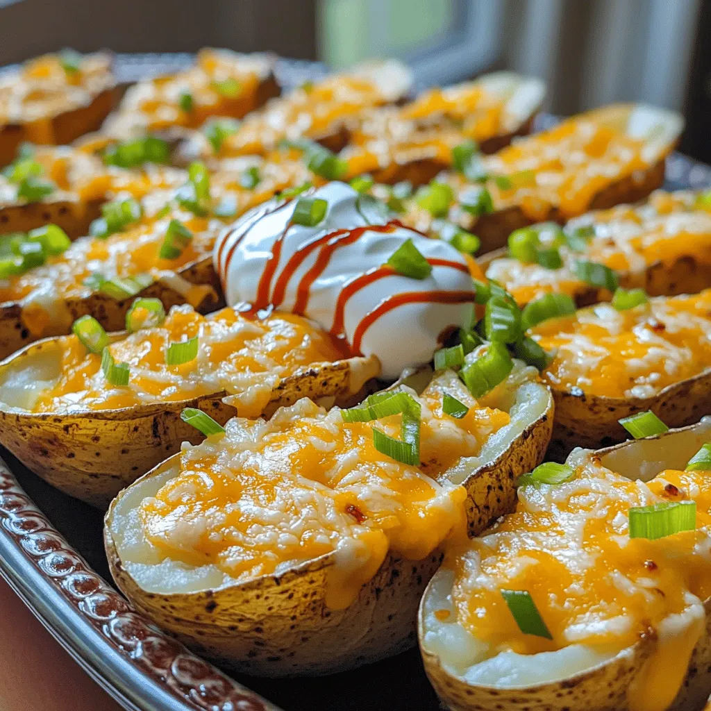 To make Crispy Parmesan Ranch Potato Skins, you need these key items: - 4 medium russet potatoes - 1 tablespoon olive oil - 1 teaspoon garlic powder - 1 teaspoon onion powder - 1 teaspoon dried parsley - ½ teaspoon salt - ¼ teaspoon black pepper - ½ cup grated Parmesan cheese - ½ cup shredded cheddar cheese - ½ cup sour cream - 2 green onions, finely sliced - Optional: hot sauce for drizzling These ingredients come together to create a tasty snack that everyone will love. The russet potatoes give a great base. Olive oil helps achieve that golden, crispy texture. You can add a few extra toppings for more flavor. Here are some ideas: - Crispy bacon bits - Jalapeño slices for heat - Fresh herbs like chives or cilantro These toppings can make your potato skins even more exciting. They add different tastes and textures, making your snack feel gourmet. You will need some basic kitchen tools to prepare this recipe: - Baking sheet - Mixing bowls - Fork for piercing potatoes - Spoon for scooping out the insides Using the right tools helps make the process smooth. Having everything ready means you can focus on creating a delicious dish. For the full recipe, check out the details provided above. Start by washing your russet potatoes well. Make sure to scrub off any dirt. After that, pierce each potato several times with a fork. This helps steam escape while baking. It’s key to avoid burst potatoes. Next, place the potatoes on a baking sheet. Set your oven to preheat at 400°F (200°C). Bake the potatoes for 45 to 60 minutes. They should feel tender when you poke them with a fork. Once done, take them out and let them cool for about 10 minutes. This makes them easier to handle. Then, cut each potato in half lengthwise. Use a spoon to scoop out some of the insides. Leave about a ¼-inch shell. This keeps them sturdy. Brush the inside and outside of each potato skin with olive oil. This helps achieve a nice crisp. In a bowl, mix garlic powder, onion powder, dried parsley, salt, and black pepper. Stir until blended well. Sprinkle this seasoning mix inside each potato skin. Add a generous amount of grated Parmesan cheese and shredded cheddar cheese on top. Place the potato skins back on the baking sheet with cheese-side up. Bake for another 15 to 20 minutes. You want the cheese to be bubbly and golden. The edges should turn crispy. Finally, remove them from the oven and let them cool a bit. Top each skin with sour cream and sliced green onions. If you like heat, drizzle hot sauce for that extra kick. For the full recipe, refer to the provided details. To get the best crispiness from your potato skins, follow these tips: - Use russet potatoes. Their starch content helps create a crispy texture. - Bake them until fork-tender. This ensures they are soft inside, which helps when scooping. - Brush with olive oil. A good layer of oil makes a big difference in crispness. - Bake again after adding cheese. This final bake allows the cheese to bubble and brown. Choosing the right potatoes is key to great potato skins. Here’s what to look for: - Look for medium-sized russets. They have the right thickness for sturdy skins. - Check for smooth skin. Avoid potatoes with blemishes or soft spots. - Choose firm potatoes. This indicates freshness and will help them hold up during baking. When serving your crispy potato skins, consider these ideas: - Serve warm. Warm skins are best for tasting the melted cheese. - Add a variety of dips. Sour cream, ranch, or even guacamole pairs well. - Garnish with fresh herbs. Chopped parsley or cilantro adds color and flavor. - Create a platter. Arrange them on a large dish for a fun sharing experience. For the complete recipe, check out the Full Recipe section. {{image_4}} You can switch up the cheese in your potato skins. While Parmesan and cheddar work great, try mozzarella for a gooey texture. Goat cheese adds a tangy twist. For a sharper taste, use aged cheddar. Mixing cheeses can create a richer flavor. If you want a vegetarian option, skip the cheese or use plant-based cheese. You can load the skins with veggies. Try adding spinach, mushrooms, or bell peppers. They add color and taste without meat. This makes your snack healthy and fun. For spice lovers, add some heat! Mix jalapeños or chili flakes in your cheese topping. You can also drizzle hot sauce over the sour cream. This adds a tasty kick. For an even spicier option, consider using pepper jack cheese. It packs a punch and enhances the flavor of your crispy potato skins. To keep your crispy potato skins fresh, let them cool completely. Place them in an airtight container. You can store them in the fridge for up to three days. Make sure to separate layers with parchment paper to avoid sticking. When you're ready to enjoy the leftovers, reheat them in the oven. Set your oven to 350°F (175°C). Place the potato skins on a baking sheet and heat for about 10-15 minutes. This method keeps them crispy. Avoid using a microwave, as it can make them soggy. You can freeze these potato skins if you want to save them for later. First, let them cool completely. Wrap each skin tightly in plastic wrap, then place them in a freezer bag. They will stay good for up to two months. When you're ready to eat them, thaw in the fridge overnight before reheating. I recommend using medium russet potatoes. They have a thick skin and a fluffy inside. This makes them perfect for holding toppings. Their texture gives you that nice crispiness after baking. Yes, you can prepare the potato skins ahead of time. Bake the potatoes and scoop out the insides. Store the skins in the fridge. When you're ready, add your toppings and bake them. This saves time when you need a quick snack. These potato skins are best enjoyed fresh. However, they can last in the fridge for up to three days. Just store them in an airtight container. Reheat them in the oven for the best results. Absolutely! You can use an air fryer for a quicker option. After preparing the potato skins, air fry them at 375°F for about 10-15 minutes. This gives you that crispy texture you love without using the oven. For the full recipe, check the detailed instructions. Crispy Parmesan Ranch Potato Skins are a winning snack choice. We covered essential ingredients, step-by-step baking, and tips for maximum crispiness. Don't forget to explore tasty variations and proper storage methods. These skins are easy to make and will impress your friends. Enjoy your delicious creations!
