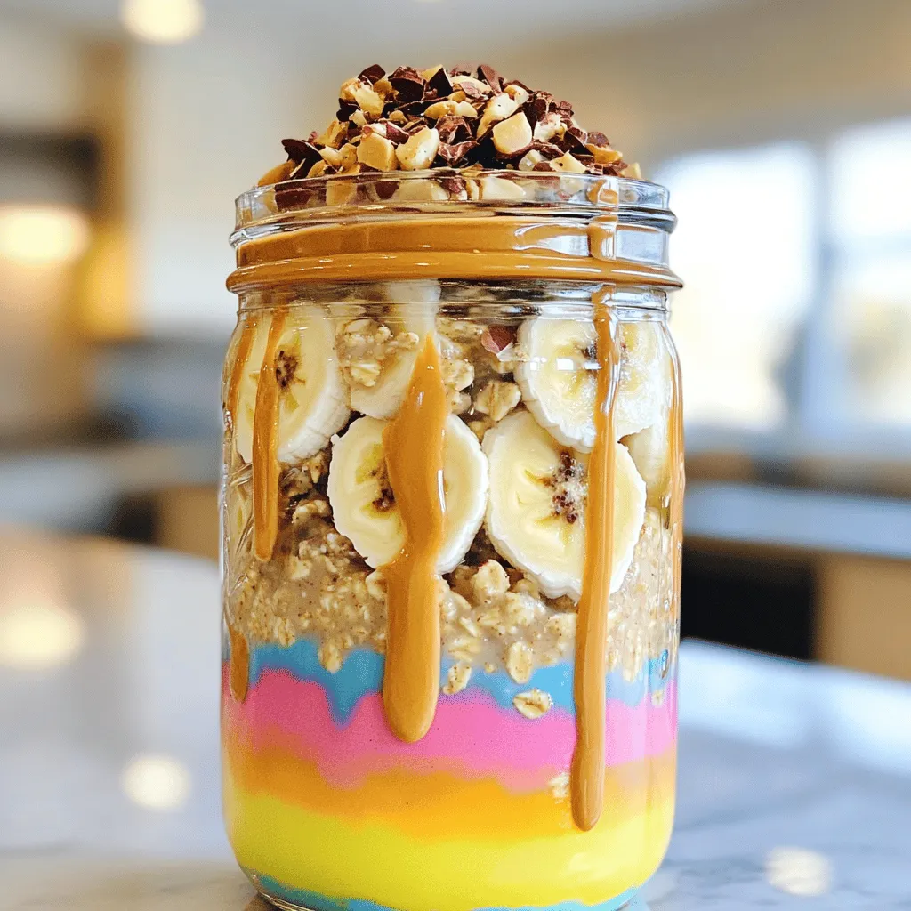Here’s what you need for Peanut Butter Banana Overnight Oats: - 1 cup rolled oats - 2 cups almond milk (or your preferred milk) - 2 ripe bananas, sliced - 3 tablespoons natural peanut butter - 1 tablespoon chia seeds - 1 tablespoon honey or maple syrup (optional) - 1/2 teaspoon vanilla extract - Pinch of salt - Optional toppings: additional banana slices, chopped nuts, a drizzle of peanut butter, or cacao nibs These ingredients create a tasty and healthy meal. Rolled oats form the base, soaking up the almond milk. Bananas add natural sweetness. Peanut butter gives the oats a creamy texture and rich flavor. Chia seeds boost nutrition and help thicken the mix. Honey or maple syrup can sweeten it more if you like. You can change the toppings based on your mood. Extra banana slices give more flavor, while nuts add a nice crunch. Cacao nibs can bring a bit of chocolatey goodness. For the full recipe, check out the instructions that follow. Enjoy making your breakfast! - Combine rolled oats and almond milk in a bowl or jar. - Mix in chia seeds, sweetener, vanilla, and a pinch of salt. - Fold in sliced bananas and peanut butter gently. - Refrigerate for at least 4 hours or overnight. Making these overnight oats is quick and easy. You start by adding rolled oats and almond milk to a bowl or jar. Oats absorb the milk, making them soft and creamy. Next, mix in chia seeds, honey or maple syrup, vanilla, and a pinch of salt. These ingredients add flavor and texture. After mixing, fold in the sliced bananas and peanut butter. This step is fun! The bananas add sweetness, and the peanut butter gives it a rich taste. After mixing everything, put the jar in the fridge. Let it chill for at least 4 hours or overnight. This waiting time is key. It allows the oats to soak up all the flavors. - Stir the oats well before serving. - Add any extra toppings you like. When you are ready to eat, take the oats out of the fridge. Give them a good stir to mix everything together. If you want a creamier texture, add a splash of milk. For fun, top with extra banana slices, a drizzle of peanut butter, or your favorite nuts. You can add a bit of crunch with cacao nibs too. The toppings make your dish look great and taste even better. Enjoy your Peanut Butter Banana Overnight Oats! For the full recipe, please refer to the section above. To get the best texture for your Peanut Butter Banana Overnight Oats, adjust the milk. More milk gives a creamier mix. If you want it thicker, use less milk. Store any extra oats in a sealed container in the fridge. They stay fresh for up to 5 days. Before you eat, always stir the oats well. This helps spread the peanut butter and bananas evenly. Make a big batch for the week. This way, you have breakfast ready each day. I love using mason jars. They are perfect for taking oats on the go. Pack them the night before and just grab them in the morning. For the full recipe, check out the details above! {{image_4}} You can easily change the flavor of your Peanut Butter Banana Overnight Oats. Here are some tasty ideas: - Adding spices: A sprinkle of cinnamon or nutmeg can make your oats warm and cozy. These spices add nice flavor without extra calories. - Incorporating chocolate: You can mix in cocoa powder or chocolate chips. This gives a rich, sweet taste and makes mornings feel special. If you need to adjust your recipe for dietary needs, here are some options: - Dairy-free alternatives: Use almond milk, coconut milk, or oat milk instead of regular milk. These options keep your oats creamy and delicious. - Nut-free options: If you have nut allergies, replace peanut butter with sun butter. It has a similar texture and flavor, so you won’t miss out. These variations make it easy to enjoy Peanut Butter Banana Overnight Oats in many ways. For the full recipe, check the details above. To keep your Peanut Butter Banana Overnight Oats fresh, use airtight containers. These containers help keep moisture in and prevent the oats from drying out. Store them in the refrigerator. They stay good for up to five days. After that, the oats may lose their taste and texture. You can freeze your overnight oats if you want to save them for later. Just pour individual servings into freezer-safe containers. Leave some space at the top because the oats will expand as they freeze. To reheat, place them in the fridge overnight to thaw. In the morning, heat them in the microwave. Stir well and add a splash of milk if needed. Enjoy a quick and easy meal! Peanut Butter Banana Overnight Oats stay fresh for about five days in the fridge. Store them in an airtight container to keep them safe. After that, they may start losing flavor and texture. Always check for any off smells or changes in appearance before eating. Yes, you can use quick oats. They absorb liquid faster than rolled oats. This means your oats will become creamier but may lose some texture. If you like a heartier bite, stick with rolled oats for the best results. Peanut Butter Banana Overnight Oats are packed with nutrients. Each serving typically contains: - Calories: About 350 - Protein: 10g - Carbohydrates: 50g - Fiber: 8g - Fat: 12g These oats deliver a great mix of energy, healthy fats, and fiber. They are perfect for a balanced breakfast. Yes, you can skip the chia seeds. They add fiber and help with texture. If you leave them out, your oats will still taste great. You might want to add a little more rolled oats or reduce the liquid slightly to keep the same thickness. You can make tasty Peanut Butter Banana Overnight Oats with simple ingredients. We covered how to mix oats, milk, and ripe bananas to create a healthy breakfast. Tips included adjusting milk for creaminess and using mason jars for easy meal prep. Keep these oats in airtight containers to stay fresh. You can even freeze them for later. Enjoy exploring flavor options to suit your taste. These oats are not just easy to make; they fuel your day right! Try them and see how they fit your routine.