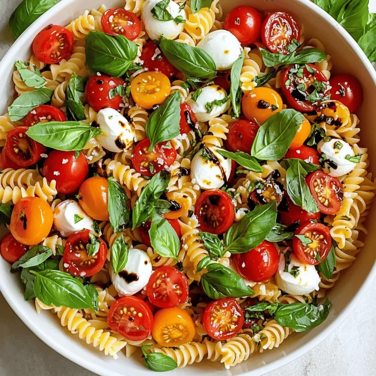 - 8 ounces of pasta (fusilli or penne recommended) - 1 cup cherry tomatoes, halved - 1 cup fresh mozzarella balls (bocconcini) - 1/2 cup fresh basil leaves - 3 tablespoons extra-virgin olive oil - 2 tablespoons balsamic glaze - Salt and freshly ground black pepper - Optional: 1/4 teaspoon garlic powder When I make Easy Caprese Pasta Salad, I focus on freshness. The pasta acts as a base. I prefer fusilli or penne since they hold the dressing well. The cherry tomatoes add sweetness and color. Halving them lets their juices mix with the pasta. Fresh mozzarella balls, known as bocconcini, bring creaminess. They melt in your mouth and contrast nicely with the pasta. I choose fresh basil leaves for their bright flavor. I tear them to release their essential oils, which enhances the dish. Seasonings are key. I use extra-virgin olive oil for richness. Balsamic glaze adds a tangy touch that balances the flavors. Salt and freshly ground black pepper are must-haves to elevate the taste. If you want a hint of zest, add garlic powder, but that's optional. For the full recipe, check out Delightful Caprese Pasta Salad. Start by bringing a large pot of salted water to a boil. This step is key for flavor. Once the water is bubbling, carefully add 8 ounces of pasta, like fusilli or penne. Cook the pasta according to the package instructions until it is al dente. This means it should be firm but not hard. After cooking, drain the pasta and rinse it under cold water. Rinsing halts the cooking process and cools the pasta for the salad. In a big mixing bowl, combine the cooled pasta with 1 cup of halved cherry tomatoes and 1 cup of fresh mozzarella balls. The tomatoes add sweetness and the mozzarella brings creaminess. Next, gently fold in 1/2 cup of torn basil leaves. The basil adds a fresh, aromatic touch to the salad. Be gentle to keep the ingredients intact. Now it’s time to add flavor! Drizzle 3 tablespoons of extra-virgin olive oil and 2 tablespoons of balsamic glaze over the salad. These ingredients bring richness and tanginess. If you want a little kick, you can add 1/4 teaspoon of garlic powder. Toss everything together lightly. Make sure every piece is coated well. Finally, season the salad with salt and freshly ground black pepper to your taste. Let the salad sit for about 10-15 minutes. This resting time helps all the flavors mingle. For the full recipe, check out the delightful Caprese Pasta Salad section. To enhance the taste, use fresh, high-quality ingredients. Fresh ingredients make a big difference. Buy ripe cherry tomatoes and creamy mozzarella for a vibrant dish. Let your salad rest before serving. This helps the flavors blend well. Just 10 to 15 minutes is enough time. Serve your salad in an elegant bowl. A nice bowl makes the dish look more inviting. You can garnish with additional basil leaves for a fresh touch. A drizzle of balsamic glaze adds a beautiful finish. Both will impress your guests. You can make this salad ahead of time. Just prepare it a few hours before serving. Store it in the fridge to keep it fresh. This dish tastes best within a couple of days. Enjoy it at its peak flavor for a delightful meal. {{image_4}} You can boost your Easy Caprese Pasta Salad by adding protein. Grilled chicken or shrimp adds heartiness. Just cook them well, then slice or toss them in. For a vegetarian option, try chickpeas. They are high in protein and very filling. Drain and rinse canned chickpeas before adding them to your salad. Cheese plays a big part in flavor. While fresh mozzarella is classic, you can switch it up. Feta or goat cheese provides a tangy twist. You could also mix different cheeses for extra taste. A blend of mozzarella and feta makes a delightful combination. Feel free to get creative with your veggies. Adding bell peppers gives a nice crunch and color. Arugula adds a peppery bite. You might also consider olives or avocados. Both add richness and depth, making your salad even more interesting. For more ideas, check out the Full Recipe and explore different flavors! Store your Caprese pasta salad in an airtight container. This helps keep it fresh. To enjoy the best taste, eat it within 2-3 days. You can freeze the salad if you leave off the dressing. This keeps the pasta and veggies from getting soggy. When you're ready to eat, thaw the salad in the fridge. Dress it just before serving for the best flavor. You can serve this salad chilled or at room temperature. If it feels dry, toss it lightly with some olive oil. This adds moisture and keeps it tasty. Enjoy this fresh and vibrant dish anytime! You can find the full recipe above. Fusilli or penne are recommended. Fusilli twists hold the dressing well. Penne's smooth surface also complements the salad nicely. Both types bring a fun texture and shape to your dish. Yes, it can be prepared a few hours in advance. Preparing the salad early lets the flavors blend. Just keep it in the fridge until you're ready to serve. This makes it perfect for gatherings or picnics. Feta or burrata can be excellent alternatives. Feta adds a tangy taste, while burrata is creamy and rich. Both options will change the flavor but keep it delightful. Use gluten-free pasta for a gluten-free option. Many brands make tasty gluten-free pasta. This way, everyone can enjoy the salad without worry. Experiment with herbs and different dressings or marinades. Fresh herbs like oregano or thyme can boost the taste. Try adding a bit of lemon juice for a zesty kick, too. This Caprese pasta salad is a delight. You learned about key ingredients like pasta, tomatoes, and mozzarella. Simple steps guide you through cooking and assembling. Don't forget the tips for flavor and fun variations! You can customize with proteins or different cheeses. Store it right for freshness. Enjoy this fresh, tasty dish at home or on the go. With these guidelines, you’ll create a salad everyone will love. Trust me, it’s worth making!