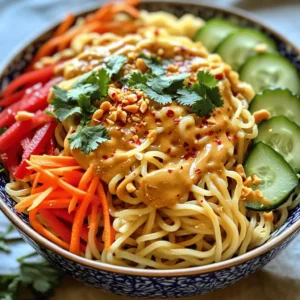 To make Easy Thai Peanut Noodles, you need key ingredients. Here’s what you will need: - 8 oz rice noodles - 1/2 cup creamy peanut butter - 1/4 cup low-sodium soy sauce - 2 tablespoons honey or maple syrup - 1 tablespoon freshly squeezed lime juice - 1 teaspoon sesame oil - 1 red bell pepper, thinly sliced - 1 cup shredded carrots (about 2 medium carrots) - 1/2 cucumber, julienned - 4 green onions, chopped (green and white parts separated) - 1/4 cup crushed peanuts (for garnish) - Fresh cilantro leaves (for garnish) - Red pepper flakes (optional) These ingredients create a rich and tasty dish. The rice noodles give a nice base, while the peanut butter adds creaminess. The soy sauce brings salt and umami to the mix. You can make your noodles even better with some optional ingredients. Consider adding: - Sliced jalapeños for spice - Chopped bell peppers for crunch - Fresh mint leaves for freshness - Chopped cashews for more texture - Lime wedges for extra zest These extras can help you tailor the dish to your taste. Feel free to mix and match based on what you like. Don’t worry if you can’t find something. Here are some easy swaps: - Use almond butter instead of peanut butter. - Swap rice noodles for whole wheat or soba noodles. - Honey can be replaced with agave nectar for a vegan option. - You can use apple cider vinegar in place of lime juice. These substitutions keep the dish delicious while accommodating your needs. Cooking should feel flexible and fun. Start by boiling water in a large pot. Once the water bubbles, add 8 oz of rice noodles. Cook them for 4-6 minutes. Check the package for exact times. When they are done, drain the noodles in a colander. Rinse them with cold water to stop cooking. Set the noodles aside to cool completely. Grab a small mixing bowl. In it, combine 1/2 cup of creamy peanut butter, 1/4 cup of low-sodium soy sauce, and 2 tablespoons of honey or maple syrup. Add 1 tablespoon of freshly squeezed lime juice and 1 teaspoon of sesame oil. Whisk these ingredients together until smooth. If your sauce is too thick, add a splash of water, one tablespoon at a time, until it is creamy. In a large mixing bowl, layer in the cooled rice noodles. Next, add sliced red bell pepper, shredded carrots, and julienned cucumber. Toss in the white parts of 4 chopped green onions for extra flavor. Drizzle the peanut sauce over the noodle mixture. Use two forks or tongs to toss everything together. Make sure all ingredients are well-coated with the sauce. Serve the noodles in bowls and garnish with the green parts of the green onions, crushed peanuts, and fresh cilantro leaves. If you like heat, sprinkle some red pepper flakes on top. For the full recipe, check the Easy Thai Peanut Noodles Delight. To boost flavor, use fresh lime juice. It adds brightness and tang. You can also add minced garlic or ginger for an extra kick. If you like crunch, try adding crushed peanuts right before serving. They give a nice texture. For a more intense flavor, let the noodles sit in the sauce for a few minutes before serving. This lets the noodles soak up the taste. To make your dish look great, use colorful bowls. A bright bowl makes the food pop. Arrange the garnishes neatly on top. Place cilantro leaves and green onions in a way that looks inviting. Add lime wedges on the side for a fresh touch. This makes the meal not only tasty but also pretty. One mistake is overcooking the noodles. They should be firm, not mushy. Always rinse them in cold water after cooking. This stops the cooking process. Another common error is not mixing the sauce well. Make sure it’s smooth before adding it to the noodles. Lastly, don’t skip the garnishes. They add flavor and make the dish more appealing. For the full recipe, check out the Easy Thai Peanut Noodles Delight. {{image_4}} You can add protein to your Easy Thai Peanut Noodles. Options like chicken or tofu work well. For chicken, use cooked, shredded meat. Toss it in with the noodles. If you prefer tofu, try firm or extra-firm types. Cube the tofu and sauté it until golden. Add it to the dish for a nice crunch. The vegetable choices for this dish are endless. You can use bell peppers, carrots, and cucumbers. Want to change it up? Try adding snap peas or broccoli. You can also use spinach for some greens. Just remember to chop them small so they mix well with the noodles. You can easily make this dish vegan. Just swap honey for maple syrup. To make it gluten-free, use tamari instead of soy sauce. Rice noodles are usually gluten-free, but always check the pack. These simple swaps let everyone enjoy the meal. For the best taste, adjust the sauce after making these changes. For the full recipe, check out Easy Thai Peanut Noodles Delight. To keep your Easy Thai Peanut Noodles fresh, store them in an airtight container. This helps keep the noodles and veggies from getting soggy. If you have extra peanut sauce, store it separately. This keeps the flavors strong and fresh. When stored properly in the fridge, these noodles can last for about 3 to 5 days. If you notice any odd smells or changes in texture, it's best to throw them out. Always trust your senses when it comes to food safety. To reheat, you can use a microwave or a stove. If using the microwave, heat in short bursts, stirring in between. This prevents hot spots and keeps the noodles from getting tough. If using the stove, add a splash of water or extra sauce to keep them moist. This will help bring back their original flavor. Enjoy your meal again! You can add red pepper flakes for heat. Start with a pinch. Mix it well. Taste the sauce before adding more. You can also use sriracha or chili paste. These options pack a punch too. Adjust to your taste for a spicy kick. Yes, you can use other noodles. Try fettuccine, udon, or soba. Cook them according to the package. Just remember that cooking times may differ. Feel free to explore different textures and flavors. If you need a swap, use almond or cashew butter. Sunflower seed butter is a great nut-free choice. These alternatives will keep the creamy texture. They also add unique flavors to the dish. You can still enjoy yummy noodles with these swaps. For the full recipe, check the details above. Easy Thai peanut noodles are simple and fun to make. You start with key ingredients and can add your favorites for more flavor. Follow the steps to cook the noodles and make a tasty peanut sauce. Remember the tips to boost flavor and avoid common mistakes. You can swap in proteins and veggies to fit your diet. Store leftovers correctly to enjoy them later. In the end, these noodles are a versatile meal that fits many tastes. Try them out and make it your own!