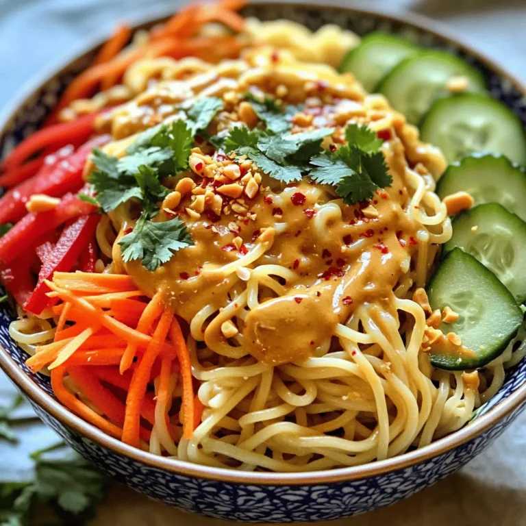 To make Easy Thai Peanut Noodles, you need key ingredients. Here’s what you will need: - 8 oz rice noodles - 1/2 cup creamy peanut butter - 1/4 cup low-sodium soy sauce - 2 tablespoons honey or maple syrup - 1 tablespoon freshly squeezed lime juice - 1 teaspoon sesame oil - 1 red bell pepper, thinly sliced - 1 cup shredded carrots (about 2 medium carrots) - 1/2 cucumber, julienned - 4 green onions, chopped (green and white parts separated) - 1/4 cup crushed peanuts (for garnish) - Fresh cilantro leaves (for garnish) - Red pepper flakes (optional) These ingredients create a rich and tasty dish. The rice noodles give a nice base, while the peanut butter adds creaminess. The soy sauce brings salt and umami to the mix. You can make your noodles even better with some optional ingredients. Consider adding: - Sliced jalapeños for spice - Chopped bell peppers for crunch - Fresh mint leaves for freshness - Chopped cashews for more texture - Lime wedges for extra zest These extras can help you tailor the dish to your taste. Feel free to mix and match based on what you like. Don’t worry if you can’t find something. Here are some easy swaps: - Use almond butter instead of peanut butter. - Swap rice noodles for whole wheat or soba noodles. - Honey can be replaced with agave nectar for a vegan option. - You can use apple cider vinegar in place of lime juice. These substitutions keep the dish delicious while accommodating your needs. Cooking should feel flexible and fun. Start by boiling water in a large pot. Once the water bubbles, add 8 oz of rice noodles. Cook them for 4-6 minutes. Check the package for exact times. When they are done, drain the noodles in a colander. Rinse them with cold water to stop cooking. Set the noodles aside to cool completely. Grab a small mixing bowl. In it, combine 1/2 cup of creamy peanut butter, 1/4 cup of low-sodium soy sauce, and 2 tablespoons of honey or maple syrup. Add 1 tablespoon of freshly squeezed lime juice and 1 teaspoon of sesame oil. Whisk these ingredients together until smooth. If your sauce is too thick, add a splash of water, one tablespoon at a time, until it is creamy. In a large mixing bowl, layer in the cooled rice noodles. Next, add sliced red bell pepper, shredded carrots, and julienned cucumber. Toss in the white parts of 4 chopped green onions for extra flavor. Drizzle the peanut sauce over the noodle mixture. Use two forks or tongs to toss everything together. Make sure all ingredients are well-coated with the sauce. Serve the noodles in bowls and garnish with the green parts of the green onions, crushed peanuts, and fresh cilantro leaves. If you like heat, sprinkle some red pepper flakes on top. For the full recipe, check the Easy Thai Peanut Noodles Delight. To boost flavor, use fresh lime juice. It adds brightness and tang. You can also add minced garlic or ginger for an extra kick. If you like crunch, try adding crushed peanuts right before serving. They give a nice texture. For a more intense flavor, let the noodles sit in the sauce for a few minutes before serving. This lets the noodles soak up the taste. To make your dish look great, use colorful bowls. A bright bowl makes the food pop. Arrange the garnishes neatly on top. Place cilantro leaves and green onions in a way that looks inviting. Add lime wedges on the side for a fresh touch. This makes the meal not only tasty but also pretty. One mistake is overcooking the noodles. They should be firm, not mushy. Always rinse them in cold water after cooking. This stops the cooking process. Another common error is not mixing the sauce well. Make sure it’s smooth before adding it to the noodles. Lastly, don’t skip the garnishes. They add flavor and make the dish more appealing. For the full recipe, check out the Easy Thai Peanut Noodles Delight. {{image_4}} You can add protein to your Easy Thai Peanut Noodles. Options like chicken or tofu work well. For chicken, use cooked, shredded meat. Toss it in with the noodles. If you prefer tofu, try firm or extra-firm types. Cube the tofu and sauté it until golden. Add it to the dish for a nice crunch. The vegetable choices for this dish are endless. You can use bell peppers, carrots, and cucumbers. Want to change it up? Try adding snap peas or broccoli. You can also use spinach for some greens. Just remember to chop them small so they mix well with the noodles. You can easily make this dish vegan. Just swap honey for maple syrup. To make it gluten-free, use tamari instead of soy sauce. Rice noodles are usually gluten-free, but always check the pack. These simple swaps let everyone enjoy the meal. For the best taste, adjust the sauce after making these changes. For the full recipe, check out Easy Thai Peanut Noodles Delight. To keep your Easy Thai Peanut Noodles fresh, store them in an airtight container. This helps keep the noodles and veggies from getting soggy. If you have extra peanut sauce, store it separately. This keeps the flavors strong and fresh. When stored properly in the fridge, these noodles can last for about 3 to 5 days. If you notice any odd smells or changes in texture, it's best to throw them out. Always trust your senses when it comes to food safety. To reheat, you can use a microwave or a stove. If using the microwave, heat in short bursts, stirring in between. This prevents hot spots and keeps the noodles from getting tough. If using the stove, add a splash of water or extra sauce to keep them moist. This will help bring back their original flavor. Enjoy your meal again! You can add red pepper flakes for heat. Start with a pinch. Mix it well. Taste the sauce before adding more. You can also use sriracha or chili paste. These options pack a punch too. Adjust to your taste for a spicy kick. Yes, you can use other noodles. Try fettuccine, udon, or soba. Cook them according to the package. Just remember that cooking times may differ. Feel free to explore different textures and flavors. If you need a swap, use almond or cashew butter. Sunflower seed butter is a great nut-free choice. These alternatives will keep the creamy texture. They also add unique flavors to the dish. You can still enjoy yummy noodles with these swaps. For the full recipe, check the details above. Easy Thai peanut noodles are simple and fun to make. You start with key ingredients and can add your favorites for more flavor. Follow the steps to cook the noodles and make a tasty peanut sauce. Remember the tips to boost flavor and avoid common mistakes. You can swap in proteins and veggies to fit your diet. Store leftovers correctly to enjoy them later. In the end, these noodles are a versatile meal that fits many tastes. Try them out and make it your own!