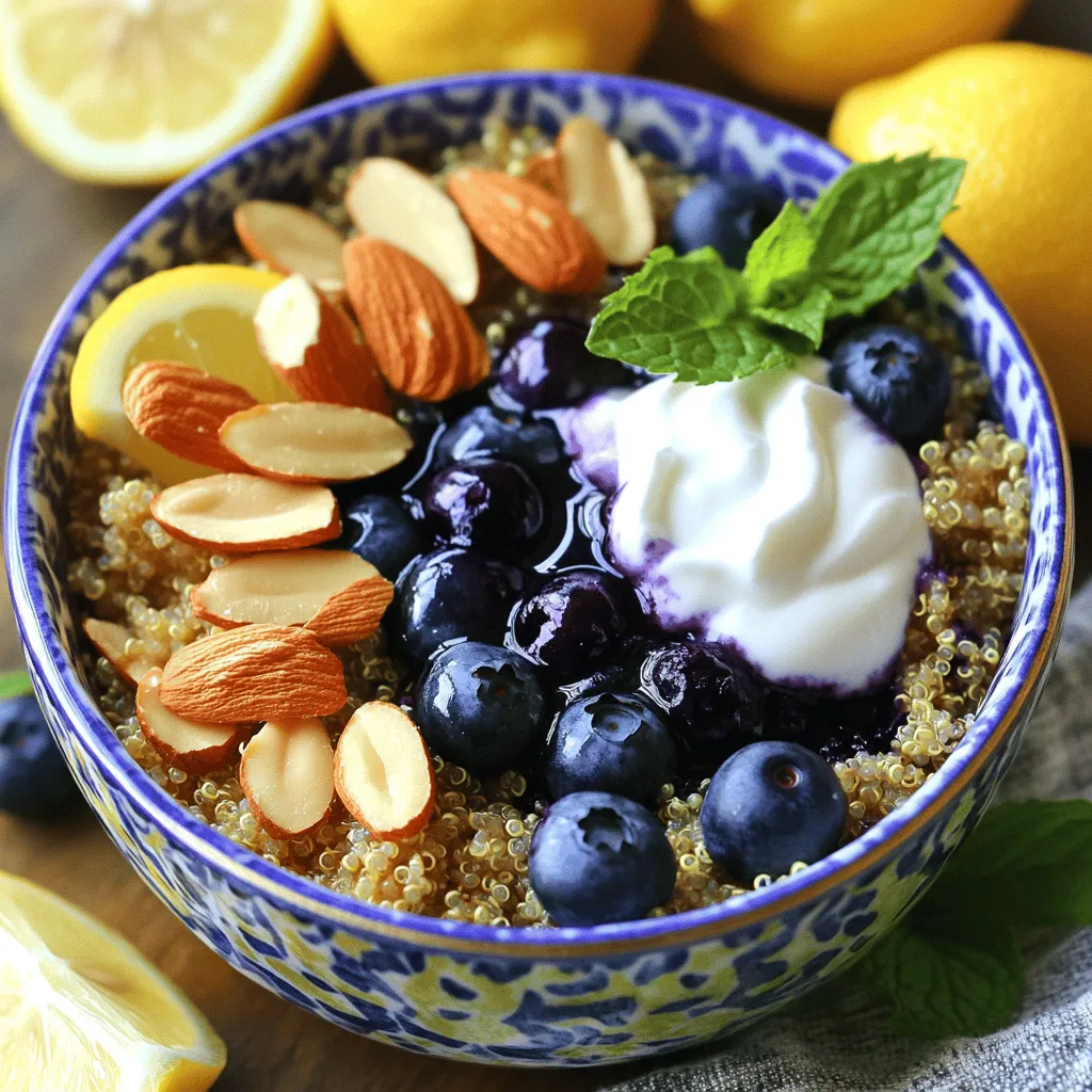 To make Blueberry Lemon Breakfast Quinoa, you will need the following ingredients: - 1 cup quinoa, thoroughly rinsed - 2 cups almond milk (or your preferred milk) - 1 cup fresh blueberries (or frozen if fresh are not available) - Zest of 1 lemon - Juice of 1 large lemon - 2 tablespoons pure maple syrup (or honey for sweetness) - 1 teaspoon pure vanilla extract - 1/2 teaspoon ground cinnamon - A pinch of salt - Optional toppings: sliced almonds, extra blueberries, or a generous dollop of Greek yogurt Choose bright blueberries with no wrinkles. Look for firm berries, as they taste best. For lemons, pick ones that feel heavy. They should have a smooth, shiny skin. This shows they are juicy. When choosing quinoa, look for a grain that is clean and free of debris. If you need a non-dairy milk, try oat milk or coconut milk. Both have nice flavors. For sweeteners, you can use agave syrup or brown sugar. Adjust the amount to your taste. If you want to skip the sweetener, ripe bananas work great too. You can mash them and mix them in! Start by rinsing 1 cup of quinoa under cold water. This helps remove any bitter taste. Use a fine mesh sieve for best results. This step is key for a great flavor. Next, gather a medium saucepan. Add the rinsed quinoa to the saucepan. Pour in 2 cups of almond milk and a pinch of salt. This combination makes the quinoa creamy and rich. Place the saucepan over medium heat. Bring the mixture to a gentle boil. Watch it carefully; it can boil over quickly. Once it boils, reduce the heat to low. Cover the saucepan with a lid. Let it simmer for about 15 minutes. The quinoa will absorb most of the liquid during this time. When the quinoa is tender, remove it from heat. Allow it to sit for 5 more minutes. This helps steam the quinoa and makes it fluffy. After 5 minutes, uncover the saucepan. Use a fork to fluff the quinoa gently. This step adds air and lightness. Now, it’s time to mix in the flavors. Add the lemon zest and juice. Pour in 2 tablespoons of maple syrup, 1 teaspoon of vanilla extract, and 1/2 teaspoon of cinnamon. Stir well to combine everything. Finally, fold in the blueberries gently. Reserve some blueberries for garnishing if you like. Serve warm in bowls, and enjoy your Blueberry Lemon Breakfast Quinoa! For the full recipe, check out the details above. To get the best quinoa texture, rinse it well before cooking. This removes the bitter coating called saponin. Use two cups of liquid for every cup of quinoa. This ratio helps the quinoa absorb enough moisture. Cook it on low heat after boiling. Let it simmer for about 15 minutes. After that, let it steam for 5 more minutes. This step makes the quinoa fluffy and light. Fluff it gently with a fork at the end. This adds air and prevents clumping. Adding lemon zest brings a bright flavor. You can also try a pinch of nutmeg for warmth. Cinnamon adds a lovely spice that pairs well with blueberries. If you want more sweetness, add a little more maple syrup. For a kick, a dash of ginger powder can elevate the taste. Don’t hesitate to experiment with these flavors. Each adds its unique touch to your breakfast. This recipe serves four people. Each person gets a warm bowl full of deliciousness. For presentation, use colorful bowls that catch the eye. Top with fresh blueberries and sliced almonds. A dollop of Greek yogurt adds creaminess and visual appeal. You can also drizzle extra maple syrup for shine. Garnish with lemon wedges and mint for a refreshing look. This makes breakfast not only tasty but also beautiful. {{image_4}} You can mix in other fruits to change the flavor. Try strawberries, raspberries, or bananas. Each fruit adds its own taste. For a tropical twist, add diced mango or pineapple. These fruits work well with the lemon and blueberry. You can even use dried fruits like cranberries or apricots for a chewy texture. Just remember to adjust the sweetener if needed. Adding nuts or seeds makes the dish crunchy. Try sliced almonds, walnuts, or pecans. They add a nice contrast to the soft quinoa. You can also use seeds like chia or flaxseeds. These seeds give extra fiber and healthy fats. Toss them in right before serving for a fresh crunch. This recipe is already vegan if you use plant-based milk. To ensure it’s gluten-free, check the quinoa package. Some brands process quinoa with gluten grains. Always read labels closely. You can substitute maple syrup with agave nectar for a different sweet flavor. This breakfast fits many dietary needs, making it a great choice for everyone. For the Full Recipe, refer to earlier sections. To keep your Blueberry Lemon Breakfast Quinoa fresh, store it in an airtight container. Let the quinoa cool to room temperature before sealing it. This helps prevent moisture build-up. Place it in the fridge if you plan to eat it within a few days. When you’re ready to enjoy your quinoa again, reheat it on the stove or in the microwave. If using the stove, add a splash of almond milk to keep it moist. Stir often over low heat until warmed through. In the microwave, heat it in short bursts, stirring in between, to avoid hot spots. Your quinoa can last up to five days in the fridge. For meal prep, consider making a larger batch. You can portion it out for quick breakfasts. Store portions in single-serving containers for easy grab-and-go meals. This way, you always have a tasty and healthy breakfast on hand. For the full recipe, check out the [Full Recipe]. Yes, quinoa is a very healthy choice for breakfast. It has lots of protein and fiber. This helps keep you full longer. Quinoa also has vitamins and minerals like magnesium and iron. These nutrients are great for your body. Eating quinoa can boost your energy and help you stay focused all morning. Yes, you can use frozen blueberries. They work well in your breakfast quinoa. Frozen blueberries are picked at their peak ripeness, so they still have great flavor. Just add them straight to your cooked quinoa. There is no need to thaw them first. This makes preparation easier and faster. You can easily prepare this dish ahead of time. Cook the quinoa and mix in the other ingredients. Let it cool and then store it in an airtight container. Keep it in the fridge for up to four days. When you are ready to eat, just reheat it in the microwave. You may want to add a splash of milk to keep it creamy. For the full recipe, check out the details above. In this blog post, I covered the key ingredients for making Blueberry Lemon Breakfast Quinoa. You learned how to select fresh items and swap non-dairy options. I guided you through easy preparation and cooking steps for perfect quinoa. Remember the tips to enhance flavor with spices and zest. Explore variations by adding your favorite fruits and toppings. Lastly, I shared storage tips for leftovers to keep your meals fresh. Now you can enjoy a healthy, delicious breakfast with ease.