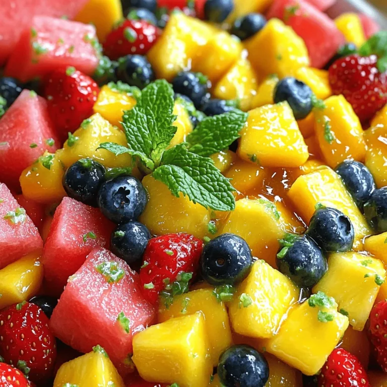 - 2 cups watermelon, diced into bite-sized cubes - 1 cup fresh pineapple, diced - 1 cup ripe mango, peeled and diced - 1 cup strawberries, hulled and sliced - 1 cup plump blueberries - 1 tablespoon pure honey - 2 tablespoons freshly squeezed lime juice - 1 teaspoon finely grated lime zest - Fresh mint leaves, for a lovely garnish When picking fruits, look for bright colors and firm textures. Choose watermelon that feels heavy for its size. Make sure the skin is smooth and free from blemishes. For pineapple, smell the base; a sweet scent means it's ripe. Ripe mangoes should yield slightly when you press them. Strawberries should be bright red, without white tips. Pick blueberries that are firm and plump, with a deep color. This fruit salad is not just tasty; it’s also packed with nutrients. Watermelon is hydrating and low in calories. Pineapple provides vitamin C and enzymes that aid digestion. Mango is rich in antioxidants and vitamins A and C. Strawberries boost heart health due to their high fiber and vitamin C content. Blueberries are known for their powerful antioxidants. The honey adds a natural sweetness, while lime juice helps with vitamin C and adds a zesty kick. Each bite not only delights your taste buds but also nourishes your body. First, gather all your fruits. You will need watermelon, pineapple, mango, strawberries, and blueberries. Wash each fruit well to remove any dirt. Dice the watermelon into cubes. Cut the pineapple and mango into small pieces. Hull and slice the strawberries. Finally, add the blueberries. Place all the fruit into a large mixing bowl. Be gentle while mixing to keep the fruit intact. In a separate small bowl, combine one tablespoon of honey with two tablespoons of freshly squeezed lime juice. Add one teaspoon of finely grated lime zest for extra flavor. Whisk the mixture together until it is smooth and well-blended. This honey lime dressing will add a sweet and tangy flavor to your salad. Now, drizzle the honey lime dressing over the fruit. Make sure to cover every piece of fruit for the best taste. Use a gentle motion to toss the salad. This helps the dressing coat all the fruit without mashing it. Let the salad sit for about 10 minutes. This resting time allows the flavors to blend well. When ready to serve, garnish with fresh mint leaves. This adds a lovely touch to your fruit salad. Enjoy your Honey Lime Fruit Salad Delight! For a full recipe, visit the [Full Recipe]. Cutting fruit can be fun and easy. Start with a sharp knife for safety. For watermelon, slice it in half. Then, cut each half into thick wedges. Remove the rind and dice the flesh into cubes. Pineapple is best peeled and cored first. Cut the fruit into thick slices, then dice. For strawberries, remove the green tops and slice them. Keep your cuts even for a pretty look. You can add more fun to the salad. Try adding a splash of orange juice. This will give it a citrus twist. You can also mix in a pinch of cinnamon for warmth. Chopped nuts like almonds or walnuts add crunch. If you like creamy, add a dollop of yogurt. These extra flavors make the salad pop! Make your fruit salad shine with great presentation. Use a clear glass bowl to show off the colors. You can layer the fruits for a rainbow effect. Garnish with mint leaves on top for a fresh touch. A few extra blueberries scattered around add visual flair. Serve with colorful spoons for added fun. Remember, we eat with our eyes first! {{image_4}} You can switch up fruits in your Honey Lime Fruit Salad. Try using peaches or nectarines for a juicy twist. Grapes add a nice pop, and kiwi brings a tart flavor. You might also add oranges for an extra citrus kick. Mix and match based on your taste! Change your fruit salad with the seasons. In summer, use berries and stone fruits for freshness. Fall is great for apples and pears, while winter calls for citrus fruits like clementines and grapefruits. Spring gives you the chance to add strawberries and rhubarb for a bright taste. Add nuts or seeds for a crunchy texture. Almonds and walnuts are perfect options. If you prefer seeds, sprinkle in some pumpkin or sunflower seeds. These additions not only improve texture, but they also boost the nutrition of your salad. Enjoy the added flavor and health benefits! Store leftover honey lime fruit salad in an airtight container. This keeps the fruit fresh and tasty. If you can, eat it within a day or two. The longer it sits, the softer the fruit may get. I recommend using glass or plastic containers with tight-fitting lids. These help lock in moisture and prevent spills. If you have smaller portions, use smaller containers for easy access. The salad stays fresh for about two days in the fridge. Keep it away from foods with strong odors. To refresh the taste, add a little more honey or lime juice before serving. If you notice any browning, remove those pieces before enjoying. For the full recipe, make sure to check the main article! Yes, you can make Honey Lime Fruit Salad a few hours ahead. However, I recommend serving it fresh. If you prepare it too early, the fruit may get soft and lose its crunch. If you decide to make it ahead, store it in the fridge. This keeps it cool and fresh. Just remember to add the dressing right before serving to keep the fruit juicy. The best fruits for Honey Lime Fruit Salad are those that are ripe and sweet. I love using: - Watermelon - Pineapple - Mango - Strawberries - Blueberries These fruits blend well together, creating a vibrant and tasty mix. You can also try using kiwi or grapes for extra flavor. The key is to choose fruits that you enjoy and that are in season. Yes, you can use another sweetener if you prefer. Options include agave syrup or maple syrup. These sweeteners work great in the dressing. Just keep in mind that the flavor may change slightly. I suggest starting with the same amount as the honey. You can always adjust it to your taste. For a sugar-free option, consider using a sugar substitute that you like. In this blog post, we explored how to make a tasty Honey Lime Fruit Salad. We discussed the key ingredients, tips for selecting fresh fruits, and the nutritional benefits they offer. You learned step-by-step instructions for preparation, dressing, and serving. We also shared tips for cutting fruits and enhancing flavor. Plus, variations for using different fruits and tips for storage were provided. Creating this salad is simple and rewarding. Enjoy it yourself or share it with friends. It’s a fun and healthy treat everyone will love.